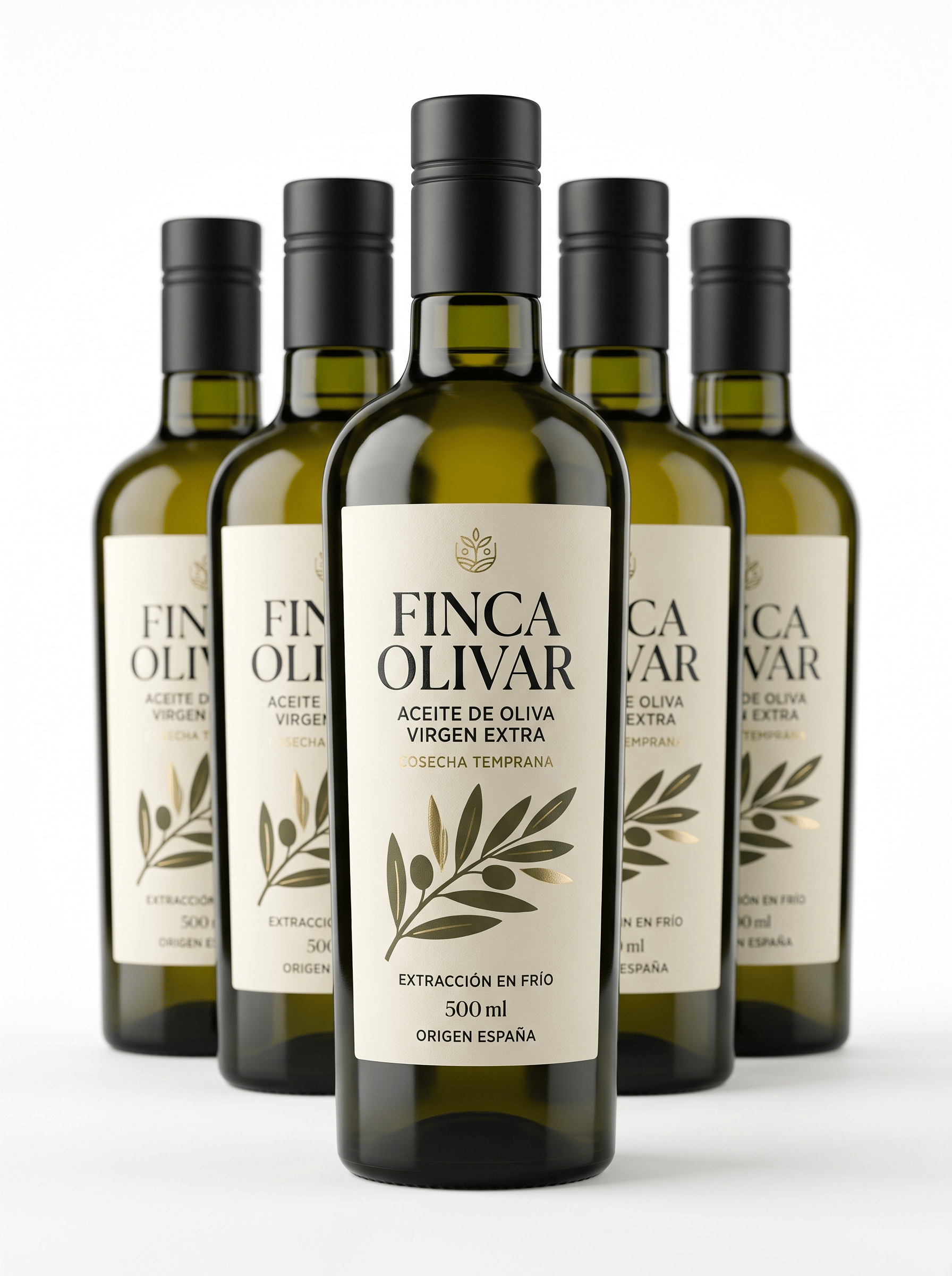The label must look like a physical self-adhesive label applied onto the container, with visible edges and realistic material texture. It must NOT look like graphics printed directly onto the packaging.
Ultra-premium commercial packaging photography created for a premium self-adhesive label manufacturer, featuring an elegant dark green glass bottle of extra virgin olive oil.
The main bottle is perfectly centered in the foreground and dominates the composition. Three identical bottles are positioned directly behind it in a clean aligned formation, slightly out of focus to create depth.
THE SELF-ADHESIVE LABEL MUST BE THE ABSOLUTE VISUAL PROTAGONIST OF THE IMAGE.
The purpose of the photograph is to showcase the exceptional visual result of a professionally printed premium self-adhesive label applied to a glass container.
The front label must be large, perfectly centered, completely visible and razor-sharp.
Contemporary premium Mediterranean label design, sophisticated and current, avoiding traditional or rustic olive oil aesthetics.
Elegant combination of warm ivory, deep olive green, black and carefully selected metallic gold details.
Modern refined typography, strong visual hierarchy, generous negative space and a sophisticated contemporary illustration of olive leaves integrated into the graphic design.
Selective metallic details enhance the logo and small graphic elements without overwhelming the design.
All visible label text must be written in correct Spanish.
Use realistic wording such as:
FINCA OLIVAR
ACEITE DE OLIVA
VIRGEN EXTRA
COSECHA TEMPRANA
EXTRACCIÓN EN FRÍO
500 ml
ORIGEN ESPAÑA
The label must look like a real professionally printed self-adhesive label, physically applied to the curved glass surface.
Clearly visible label edges, realistic paper texture and perfect adhesion to the bottle.
The label must NOT look digitally printed directly onto the glass.
The dark green glass must remain clearly visible around the label so the viewer immediately understands that the adhesive label is applied onto a glass container.
Premium dark green glass bottle with elegant proportions and black aluminum screw cap.
Subtle golden-green olive oil visible through the glass.
Professional studio product photography.
PURE WHITE seamless background (#FFFFFF).
The background must be genuinely white, not beige, cream or light gray.
Front view.
Centered composition.
Generous clean white space surrounding the products.
Soft natural contact shadows only.
Controlled high-key studio lighting revealing the shape, transparency and reflections of the glass while keeping the label perfectly readable.
Ultra-sharp label details.
Hyper-realistic glass.
Realistic commercial packaging.
Premium contemporary European packaging design.
8K ultra-high definition.
Designed by a Pentawards-winning packaging designer.
NO rustic scenery.
NO wooden table.
NO olive grove.
NO olives beside the bottle.
NO bread.
NO kitchen.
NO Mediterranean landscape.
NO excessive gold.
NO vintage typography.
NO ornamental borders.
NO arabesque patterns.
NO direct printing on the glass.
NO label hidden by reflections.
NO gray background.
NO beige background.
NO decorative props.
NO clutter.