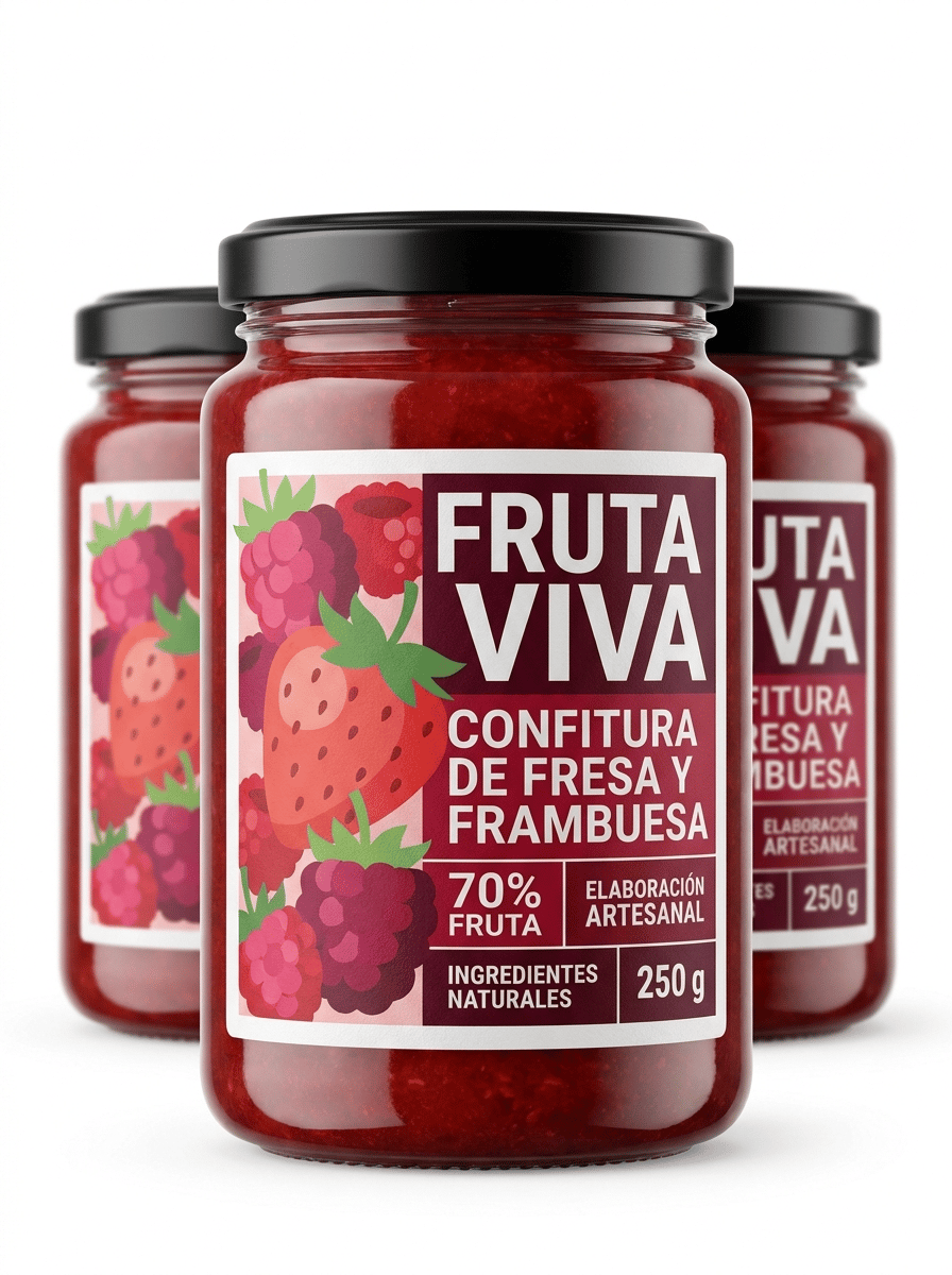 The label must look like a physical self-adhesive label applied onto the container, with visible edges and realistic material texture. It must NOT look like graphics printed directly onto the packaging.


Ultra-premium commercial packaging photography created for a premium self-adhesive label manufacturer, featuring a contemporary gourmet strawberry and raspberry preserve in an elegant transparent glass jar.

The main glass jar is perfectly centered in the foreground and dominates the composition. Three identical glass jars are positioned directly behind it in a clean aligned formation, slightly out of focus to create elegant depth.

THE SELF-ADHESIVE LABEL MUST BE THE ABSOLUTE VISUAL PROTAGONIST OF THE IMAGE.

The purpose of the photograph is to showcase the exceptional visual result of a professionally printed premium self-adhesive label applied to a transparent glass food jar.

The front label must be large, perfectly centered, completely visible and razor-sharp.

Create a bold, contemporary and premium gourmet food label with a fresh visual identity.

The design should be colorful, modern and highly attractive, avoiding traditional rustic jam packaging.

Use a sophisticated combination of strawberry red, raspberry pink, deep burgundy and small accents of fresh green combined with clean cream or white areas.

Integrate a large high-quality contemporary illustration of strawberries and raspberries into the label design.

The fruit illustration should be visually powerful and occupy an important part of the label, creating immediate product recognition.

Use modern oversized typography, strong visual hierarchy and carefully balanced graphic elements.

The design must feel like an award-winning contemporary European gourmet food brand sold in premium supermarkets and delicatessen stores.

All visible label text must be written in correct Spanish.

Use realistic wording such as:

FRUTA VIVA

CONFITURA DE
FRESA Y FRAMBUESA

70% FRUTA

ELABORACIÓN ARTESANAL

INGREDIENTES NATURALES

250 g

The self-adhesive label must look like a REAL PHYSICAL LABEL applied onto the glass jar.

The edges of the label must be clearly visible.

Realistic premium paper label texture.

Perfect adhesion following the curved surface of the jar.

The printed graphics must NOT look printed directly onto the glass.

Leave visible transparent glass around the label so the viewer immediately understands that the adhesive label is applied onto a glass container.

The rich red color and natural texture of the fruit preserve must be clearly visible through the transparent glass.

Use an elegant modern glass jar with realistic thickness and premium proportions.

Matte black or deep burgundy metal screw lid.

Professional studio product photography.

PURE WHITE seamless background (#FFFFFF).

The background must be genuinely pure white, not beige, cream, warm gray or light gray.

Front view.

Centered composition.

The main jar occupies approximately 65–70% of the visual height.

Three identical jars aligned behind the main product, slightly separated and softly out of focus.

Generous clean white space surrounding the products.

Soft natural contact shadows only.

Controlled high-key studio lighting designed to emphasize the transparency, thickness and reflections of the glass while keeping the label perfectly readable.

The foreground label must be tack-sharp.

Hyper-realistic transparent glass.

Ultra-sharp label printing.

Realistic commercial packaging.

Premium contemporary European food branding.

8K ultra-high definition.

Designed by a Pentawards-winning packaging designer.

NO rustic aesthetic.
NO gingham fabric.
NO wooden lid.
NO kraft label.
NO handwritten vintage typography.
NO countryside imagery.
NO wooden table.
NO fruit placed around the jar.
NO spoon.
NO breakfast scene.
NO kitchen.
NO decorative props.
NO beige background.
NO gray background.
NO vintage packaging.
NO ornamental borders.
NO arabesque patterns.
NO graphics printed directly onto the glass.
NO label hidden by reflections.
NO clutter.