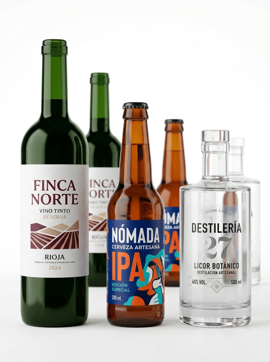 The label must look like a physical self-adhesive label applied onto the container, with visible edges and realistic material texture. It must NOT look like graphics printed directly onto the packaging.
Ultra-premium commercial packaging photography created for a premium self-adhesive label manufacturer, featuring a sophisticated collection of glass bottles for wine, craft beer and premium spirits.
The purpose of the image is to showcase the versatility, design possibilities and exceptional printing quality of professional self-adhesive labels applied to different types of glass bottles.
THE SELF-ADHESIVE LABELS MUST BE THE ABSOLUTE VISUAL PROTAGONISTS OF THE IMAGE.
Create an elegant composition featuring:
• one premium wine bottle in dark green glass
• one contemporary craft beer bottle in amber glass
• one premium spirits bottle in thick transparent glass
The three main bottles are positioned in the foreground at slightly different heights, creating a sophisticated editorial composition.
Behind them, three additional bottles from the same product families are positioned slightly out of focus, creating depth and reinforcing the idea of a complete collection.
The bottles must have clearly different shapes so the viewer immediately understands the versatility of self-adhesive labels for different bottle formats.
Each bottle uses a DIFFERENT PROFESSIONAL SELF-ADHESIVE LABEL SOLUTION.
WINE BOTTLE:
Use a premium textured white paper self-adhesive label.
Contemporary Spanish wine branding with sophisticated editorial design.
Deep burgundy, warm ivory and subtle black details.
Large modern typography combined with an elegant contemporary illustration of a vineyard landscape reduced to abstract geometric shapes.
The paper texture must be clearly visible in the foreground.
The label must look refined, modern and premium, NOT traditional or rustic.
Visible text in Spanish:
FINCA NORTE
VINO TINTO
RESERVA
RIOJA
2024
CRAFT BEER BOTTLE:
Use a bold contemporary self-adhesive label with a modern colorful graphic identity.
Deep cobalt blue, vivid orange, turquoise and white.
Large expressive typography combined with a striking contemporary illustration.
The design should feel youthful, current and sophisticated, similar to premium independent European craft beer brands.
Visible text in Spanish:
NÓMADA
CERVEZA ARTESANA
IPA
EDICIÓN ESPECIAL
330 ml
PREMIUM SPIRITS BOTTLE:
Use a transparent premium self-adhesive film label creating an elegant NO-LABEL-LOOK effect.
Large areas of the label remain transparent, allowing the thick premium glass and the liquid inside to remain visible.
Selected typography and graphic elements are printed using opaque white ink combined with subtle metallic silver details.
The physical transparent label edges must remain subtly visible so the viewer understands that it is a REAL SELF-ADHESIVE LABEL and NOT direct printing onto the glass.
Contemporary luxury spirits branding.
Visible text in Spanish:
DESTILERÍA 27
LICOR BOTÁNICO
DESTILACIÓN ARTESANAL
40% VOL.
500 ml
IMPORTANT:
Every label must look like a REAL PHYSICAL SELF-ADHESIVE LABEL applied onto the bottle.
Clearly visible label edges where appropriate.
Realistic paper, film and adhesive material textures.
Perfect adhesion following the curved surfaces of the bottles.
The graphics must NOT look printed directly onto the glass.
The labels must occupy a significant visual area of each bottle and remain completely visible from the camera angle.
The labels must demonstrate exceptional commercial printing quality.
Ultra-sharp typography.
Perfect registration.
Premium materials.
Realistic finishing.
The viewer must immediately understand that the image is showcasing DIFFERENT LABEL SOLUTIONS FOR DIFFERENT TYPES OF GLASS BOTTLES.
Professional editorial product photography.
PURE WHITE seamless background (#FFFFFF).
The background must be genuinely pure white, not beige, cream or gray.
Clean studio surface.
Front three-quarter view, almost frontal, allowing the shape of each bottle to be appreciated while keeping every label clearly visible.
Generous clean white space surrounding the composition.
Soft natural contact shadows only.
Controlled high-key studio lighting carefully designed to reveal:
• the texture of the wine paper label
• the vivid printing of the beer label
• the transparency of the spirits label
• the different colors and thicknesses of the glass
• exceptional print definition
The foreground labels must be razor-sharp.
The background bottles may have a subtle natural depth of field but must remain recognizable.
Hyper-realistic dark green glass.
Hyper-realistic amber glass.
Hyper-realistic transparent premium glass.
Exceptional self-adhesive label printing.
Contemporary European packaging design.
Premium commercial photography.
8K ultra-high definition.
Designed by a Pentawards-winning packaging designer.
NO wine glasses.
NO beer glasses.
NO cocktail glasses.
NO grapes.
NO hops outside the label.
NO barrels.
NO wooden table.
NO bar.
NO winery scenery.
NO rustic aesthetic.
NO vintage overload.
NO traditional wine château illustration.
NO ornamental borders.
NO arabesque patterns.
NO decorative props.
NO direct printing onto the glass.
NO shrink sleeves.
NO label hidden by reflections.
NO gray background.
NO beige background.
NO clutter.