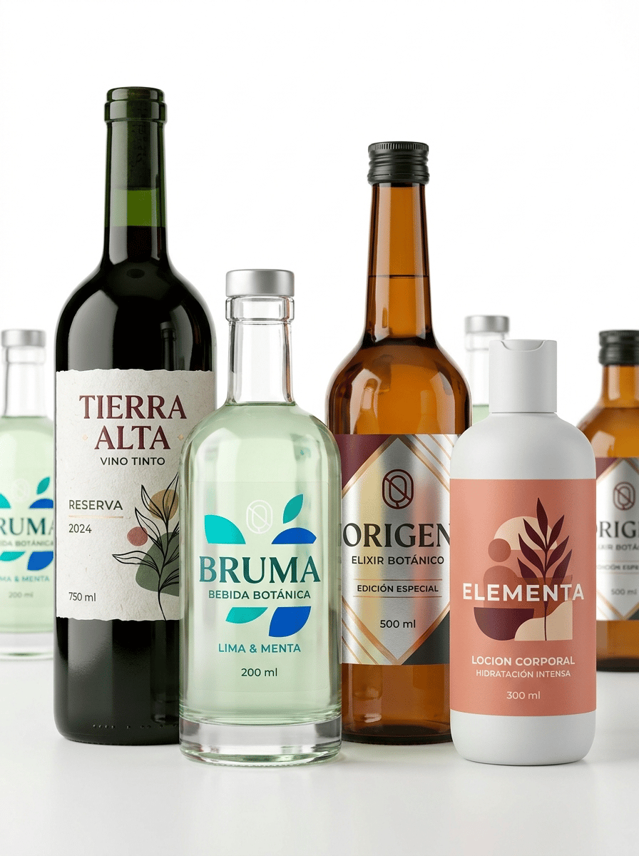 The label must look like a physical self-adhesive label applied onto the container, with visible edges and realistic material texture. It must NOT look like graphics printed directly onto the packaging.
Ultra-premium commercial packaging photography created for a premium self-adhesive label manufacturer, featuring a sophisticated collection of four premium bottles showcasing different professional self-adhesive label materials and printing finishes.
The purpose of the image is to demonstrate the wide range of materials, textures and premium finishes available for custom bottle labels.
THE SELF-ADHESIVE LABELS MUST BE THE ABSOLUTE VISUAL PROTAGONISTS OF THE IMAGE.
Create an elegant contemporary composition featuring FOUR clearly different premium bottles:
• dark green glass wine bottle with textured paper label
• thick transparent glass botanical beverage bottle with transparent no-label-look label
• amber glass gourmet bottle with metallic self-adhesive label
• contemporary matte white plastic bottle with premium matte label
The four main bottles are arranged at slightly different heights in the foreground, creating a sophisticated editorial composition.
Additional bottles may appear softly out of focus behind them to create depth, but the four foreground labels must remain the dominant visual elements.
Each bottle must clearly demonstrate a DIFFERENT SELF-ADHESIVE LABEL MATERIAL.
1. TEXTURED PAPER LABEL
Apply a premium white textured paper self-adhesive label to the dark green glass wine bottle.
The paper must show subtle natural fibers and tactile texture clearly visible under the studio lighting.
Contemporary premium wine branding.
Use warm ivory, deep burgundy, black and subtle muted green.
Elegant modern typography and a large abstract graphic illustration.
Visible text in Spanish:
TIERRA ALTA
VINO TINTO
RESERVA
2024
750 ml
2. TRANSPARENT NO-LABEL-LOOK FILM
Apply a crystal-clear self-adhesive film label to the transparent glass botanical beverage bottle.
Large areas of the label remain transparent, allowing the bottle and liquid to remain completely visible.
Selected typography and graphics use opaque white ink combined with vivid turquoise and cobalt blue.
The subtle physical edges of the transparent label must remain visible.
The viewer must understand that this is a REAL TRANSPARENT SELF-ADHESIVE LABEL and NOT direct printing onto the bottle.
Visible text in Spanish:
BRUMA
BEBIDA BOTÁNICA
LIMA & MENTA
200 ml
3. METALLIC SELF-ADHESIVE LABEL
Apply a premium metallic silver self-adhesive label to the amber glass gourmet bottle.
IMPORTANT:
The entire label must NOT appear metallic.
Large areas of the metallic substrate are covered with opaque deep burgundy, charcoal and warm ivory inks.
Carefully selected areas remain exposed to reveal the metallic material underneath.
Use exposed metallic areas strategically in:
• the logo
• selected typography
• geometric lines
• small graphic details
Some areas may use transparent amber ink over the metallic silver substrate to create a realistic warm metallic gold appearance.
The metallic effect must come from the LABEL MATERIAL itself.
NO fake digital metallic gradients.
Visible text in Spanish:
ORIGEN
ELIXIR BOTÁNICO
EDICIÓN ESPECIAL
500 ml
4. PREMIUM MATTE LABEL
Apply a sophisticated ultra-matte self-adhesive label to a contemporary matte white plastic bottle.
The label should have a visibly soft, tactile, non-reflective surface.
Use contemporary personal-care branding with soft coral, muted terracotta, deep burgundy and warm ivory.
Large modern illustration and bold contemporary typography.
Visible text in Spanish:
ELEMENTA
LOCION CORPORAL
HIDRATACIÓN INTENSA
300 ml
IMPORTANT FOR ALL FOUR BOTTLES:
Every label must look like a REAL PHYSICAL SELF-ADHESIVE LABEL applied onto the bottle.
Clearly visible physical label edges where appropriate.
Realistic differences between:
• textured paper
• transparent film
• metallic film
• ultra-matte material
The viewer must be able to visually distinguish the FOUR DIFFERENT LABEL MATERIALS.
The labels must NOT look like identical white stickers with different graphics.
Material texture and finishing must be clearly visible.
Perfect adhesion following the curved bottle surfaces.
No wrinkles.
No bubbles.
No lifting edges.
The graphics must NOT look printed directly onto the bottles.
The labels must occupy a significant visual area of each bottle.
Exceptional commercial printing quality.
Ultra-sharp typography.
Perfect registration.
Perfect die-cut edges.
Professional editorial product photography.
PURE WHITE seamless background (#FFFFFF).
The background must be genuinely pure white, not beige, cream or gray.
Clean white studio surface.
Front three-quarter view, almost frontal, allowing the different bottle shapes and label materials to be clearly appreciated.
Balanced composition with the four bottles occupying most of the horizontal frame.
Generous clean white space surrounding the collection.
Soft natural contact shadows only.
Controlled high-key studio lighting specifically designed to reveal the DIFFERENT PHYSICAL PROPERTIES OF EACH LABEL:
• directional light revealing the fibers and texture of the paper label
• subtle reflections revealing the transparent film edges
• controlled highlights revealing the metallic substrate
• soft diffuse lighting revealing the non-reflective matte finish
The foreground labels must be razor-sharp.
Hyper-realistic glass.
Hyper-realistic plastic.
Hyper-realistic self-adhesive materials.
Exceptional commercial printing.
Contemporary European packaging design.
Premium editorial photography.
8K ultra-high definition.
Designed by a Pentawards-winning packaging designer.
NO stamping effect replacing the metallic material.
NO fake gold gradients.
NO fully metallic bottle.
NO shrink sleeves.
NO direct printing onto bottles.
NO identical label material on every bottle.
NO generic packaging.
NO vintage design.
NO ornamental borders.
NO arabesque patterns.
NO decorative props.
NO glasses.
NO fruit.
NO flowers.
NO plants outside the labels.
NO wooden surfaces.
NO colored background.
NO beige background.
NO gray background.
NO clutter.