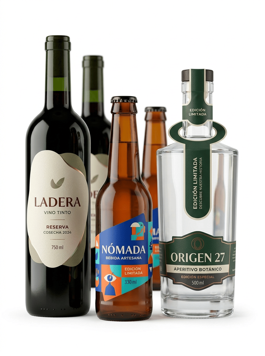 The label must look like a physical self-adhesive label applied onto the container, with visible edges and realistic material texture. It must NOT look like graphics printed directly onto the packaging.
Ultra-premium commercial packaging photography created for a premium self-adhesive label manufacturer, featuring a sophisticated collection of premium bottles showcasing custom die-cut self-adhesive labels and special neck-label applications.
The purpose of the image is to demonstrate that professional bottle labels can be manufactured in CUSTOM SHAPES, SPECIAL DIE-CUT FORMATS and CREATIVE NECK APPLICATIONS rather than conventional rectangular formats.
THE LABELS MUST BE THE ABSOLUTE VISUAL PROTAGONISTS OF THE IMAGE.
Create an elegant contemporary composition featuring THREE clearly different premium bottles:
• a dark green glass wine bottle with a large custom die-cut self-adhesive label
• an amber glass craft beverage bottle with an asymmetric shaped self-adhesive label
• a thick transparent glass premium beverage bottle with a sophisticated neck-hanging label combined with a front self-adhesive label
The three main bottles are positioned in the foreground at slightly different heights.
Three additional bottles may appear aligned behind them, softly out of focus, creating depth while keeping the front labels completely dominant.
The different bottle silhouettes and label shapes must be immediately recognizable.
1. WINE BOTTLE — ORGANIC DIE-CUT LABEL
Use an elegant dark green glass wine bottle.
Apply a premium textured paper self-adhesive label with a sophisticated CUSTOM ORGANIC DIE-CUT SHAPE.
The label must NOT be rectangular, square or oval.
Create an elegant irregular silhouette inspired by the geometry of a vineyard landscape: subtle curved edges combined with clean architectural angles.
The custom contour must be clearly visible against the dark green glass.
The die-cut shape should look sophisticated and commercially manufacturable, not whimsical or decorative.
Contemporary premium Spanish wine branding.
Warm ivory textured paper.
Deep burgundy typography.
Muted olive details.
Small selective metallic accent.
Visible text in Spanish:
LADERA
VINO TINTO
RESERVA
COSECHA 2024
750 ml
2. AMBER BOTTLE — ASYMMETRIC DIE-CUT LABEL
Use a contemporary amber glass bottle with a modern crown cap.
Apply a bold self-adhesive label with an asymmetric geometric die-cut shape.
The label contour incorporates diagonal cuts, subtle curves and a distinctive modern silhouette.
The shape itself becomes part of the graphic identity.
Use a contemporary color palette combining cobalt blue, vivid orange, turquoise and warm white.
Integrate a large modern illustration that follows and interacts with the custom die-cut contour.
The design must feel current, bold and premium.
Visible text in Spanish:
NÓMADA
BEBIDA ARTESANA
EDICIÓN LIMITADA
330 ml
3. PREMIUM TRANSPARENT BOTTLE — NECK HANGER + FRONT LABEL
Use an elegant thick transparent glass bottle with sophisticated architectural proportions.
Apply a premium front self-adhesive label combined with an elegant printed NECK-HANGING LABEL placed around the bottle neck.
The neck hanger must be clearly visible and physically separate from the front adhesive label.
The hanging label should have a sophisticated custom die-cut shape with a circular opening around the bottle neck and an elongated printed section hanging naturally down the front.
The neck hanger must look like a REAL PRINTED AND DIE-CUT PIECE OF MATERIAL, not part of the bottle.
Use a refined contemporary graphic identity combining deep forest green, warm ivory, charcoal and selective metallic details.
Visible front-label text in Spanish:
ORIGEN 27
APERITIVO BOTÁNICO
EDICIÓN ESPECIAL
500 ml
Visible neck-hanger text:
EDICIÓN LIMITADA
DESCUBRE NUESTRA HISTORIA
IMPORTANT FOR ALL THREE PRODUCTS:
The custom label shapes must be CLEARLY VISIBLE.
Do not hide the die-cut contours with dark graphics or reflections.
Leave visible bottle surface surrounding every label so the viewer can clearly appreciate the shape of the adhesive material.
Every self-adhesive label must look like a REAL PHYSICAL LABEL applied onto the bottle.
Clearly visible physical edges.
Realistic paper or film thickness.
Perfect die-cut contours.
Perfect adhesion following the curved bottle surfaces.
The neck hanger must behave naturally according to gravity and must remain visibly separate from the self-adhesive front label.
The graphics must NOT look printed directly onto the glass.
The image must immediately communicate:
CUSTOM LABEL SHAPES
SPECIAL DIE-CUTTING
CREATIVE BOTTLE LABEL SOLUTIONS
PREMIUM NECK LABELS
Exceptional commercial printing quality.
Ultra-sharp typography.
Perfect registration.
Extremely precise die-cut edges.
Professional editorial product photography.
PURE WHITE seamless background (#FFFFFF).
The background must be genuinely pure white, not beige, cream or gray.
Clean white studio surface.
Front three-quarter view, almost frontal.
The camera angle must clearly reveal the custom contours of every label.
Balanced horizontal composition.
Generous clean white space surrounding the bottles.
Soft natural contact shadows only.
Controlled high-key studio lighting designed to reveal:
• the physical contour of each die-cut label
• the texture and thickness of the label materials
• the separation between label and bottle
• the construction of the neck hanger
• the different glass colors
• exceptional print definition
The three foreground labels must be razor-sharp.
Hyper-realistic glass.
Hyper-realistic paper and self-adhesive materials.
Exceptional commercial printing.
Contemporary European packaging design.
Premium editorial photography.
8K ultra-high definition.
Designed by a Pentawards-winning packaging designer.
NO conventional rectangular labels on all bottles.
NO simple oval labels.
NO excessive ornamental shapes.
NO baroque contours.
NO arabesque patterns.
NO heart-shaped labels.
NO star-shaped labels.
NO childish die-cut shapes.
NO oversized neck hanger hiding the bottle.
NO ribbon tied around the neck.
NO string tags.
NO fabric tags.
NO direct printing onto glass.
NO shrink sleeves.
NO floating labels.
NO peeling edges.
NO decorative props.
NO glasses.
NO fruit.
NO flowers.
NO wooden surfaces.
NO colored background.
NO beige background.
NO gray background.
NO clutter.