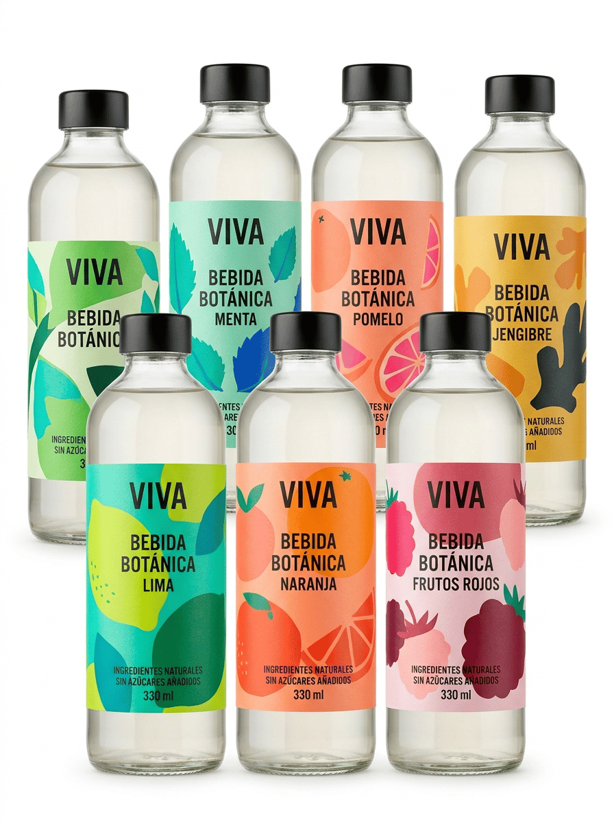 The label must look like a physical self-adhesive label applied onto the container, with visible edges and realistic material texture. It must NOT look like graphics printed directly onto the packaging.
Ultra-premium commercial packaging photography created for a premium self-adhesive label manufacturer, featuring a coordinated collection of premium beverage bottles showcasing the creative possibilities of DIGITAL LABEL PRINTING, MULTIPLE DESIGNS and PRODUCT PERSONALIZATION.
The purpose of the image is to demonstrate how the same bottle and the same brand can use multiple different self-adhesive label designs while maintaining a perfectly coherent visual identity.
THE SELF-ADHESIVE LABELS MUST BE THE ABSOLUTE VISUAL PROTAGONISTS OF THE IMAGE.
Create a sophisticated collection of SIX IDENTICAL transparent glass bottles containing the same premium botanical beverage.
IMPORTANT:
ALL SIX BOTTLES MUST HAVE:
• exactly the same bottle shape
• exactly the same transparent glass
• exactly the same cap
• exactly the same product
• exactly the same brand name
BUT EACH BOTTLE MUST HAVE A DIFFERENT SELF-ADHESIVE LABEL DESIGN.
The six bottles represent six different graphic versions of the same product collection.
Arrange three bottles prominently in the foreground and three additional bottles slightly behind them, creating an elegant staggered composition with depth.
Do NOT place the bottles in a rigid straight line.
Every front label must remain clearly visible.
BRAND CONCEPT:
Create a contemporary premium botanical beverage brand called:
VIVA
The collection uses bold contemporary European graphic design.
Each label has a DIFFERENT LARGE ARTISTIC ILLUSTRATION while maintaining the same typography, logo position and overall brand architecture.
The six label variations are inspired by different botanical ingredients:
VERSION 01
LIMA
VERSION 02
NARANJA
VERSION 03
FRUTOS ROJOS
VERSION 04
MENTA
VERSION 05
POMELO
VERSION 06
JENGIBRE
COLOR SYSTEM:
Each bottle has its own distinctive contemporary color palette.
LIMA:
lime green, turquoise and deep green.
NARANJA:
vivid orange, coral and warm red.
FRUTOS ROJOS:
raspberry, burgundy and soft pink.
MENTA:
mint green, turquoise and cobalt blue.
POMELO:
coral, peach and vivid pink.
JENGIBRE:
mustard yellow, warm orange and deep charcoal.
The labels must look bold, sophisticated, contemporary and highly visual.
Use large artistic illustrations of the ingredients.
The illustrations should occupy a significant portion of each label.
Combine expressive contemporary graphics with clean modern typography.
The six labels must look DIFFERENT but clearly belong to the SAME BRAND FAMILY.
This visual relationship is essential.
ALL VISIBLE TEXT MUST BE WRITTEN IN CORRECT SPANISH.
Use realistic wording such as:
VIVA
BEBIDA BOTÁNICA
LIMA
NARANJA
FRUTOS ROJOS
MENTA
POMELO
JENGIBRE
INGREDIENTES NATURALES
SIN AZÚCARES AÑADIDOS
330 ml
IMPORTANT LABEL CONSTRUCTION:
Every design must look like a REAL PHYSICAL SELF-ADHESIVE LABEL applied onto the bottle.
Clearly visible physical label edges.
Realistic premium label material.
Perfect adhesion following the curved glass surface.
Perfect die-cutting.
No bubbles.
No wrinkles.
No lifting edges.
THE GRAPHICS MUST NOT LOOK PRINTED DIRECTLY ONTO THE GLASS.
Leave visible transparent glass surrounding every label.
The viewer must immediately understand that each bottle carries a separate professionally printed self-adhesive label.
DIGITAL PRINTING CONCEPT:
The image must visually communicate the ability of DIGITAL LABEL PRINTING to produce multiple different designs within the same product range.
The six labels must demonstrate:
• multiple designs
• multiple references
• coordinated product families
• short-run flexibility
• visual personalization
• exceptional color reproduction
• consistent brand identity
DO NOT write these concepts as text on the labels.
Communicate them visually through the six coordinated label variations.
LABEL DESIGN QUALITY:
Exceptional commercial graphic design.
Bold contemporary illustrations.
Large visual elements.
Excellent hierarchy.
Premium typography.
Vivid but sophisticated colors.
Extremely sharp printing.
Perfect color registration.
The labels must look professionally designed for real commercial production, not like conceptual artwork.
BOTTLE DESIGN:
Use an elegant contemporary transparent glass beverage bottle.
Clean cylindrical shape with slightly rounded shoulders.
Premium proportions.
Minimal black or brushed aluminum cap.
The beverage inside should be almost transparent with only a very subtle natural tint.
The glass must remain clearly visible around the labels.
PHOTOGRAPHIC COMPOSITION:
Professional editorial product photography.
PURE WHITE seamless background (#FFFFFF).
The background must be genuinely pure white, not gray, beige or cream.
Clean white studio surface.
Wide horizontal composition suitable for a website image carousel.
The six bottles occupy most of the horizontal composition while maintaining generous clean white space around them.
Three bottles in the foreground.
Three bottles slightly behind.
Subtle natural depth of field.
The foreground labels must be RAZOR-SHARP.
The labels on the rear bottles must still be recognizable as different designs.
LIGHTING:
Controlled high-key professional studio lighting.
Soft natural contact shadows only.
Lighting must emphasize:
• transparent glass
• physical label edges
• vivid printed colors
• different graphic versions
• exceptional print sharpness
• perfect adhesion to the bottle
Hyper-realistic transparent glass.
Hyper-realistic self-adhesive label material.
Exceptional digital printing quality.
Contemporary European packaging design.
Premium commercial photography.
8K ultra-high definition.
Designed by a Pentawards-winning packaging designer.
NO six different bottle shapes.
NO different brands.
NO different caps.
NO different product categories.
NO random unrelated designs.
NO identical labels on every bottle.
NO generic supermarket design.
NO childish fruit illustrations.
NO vintage design.
NO rustic aesthetic.
NO ornamental borders.
NO arabesque patterns.
NO direct printing onto glass.
NO shrink sleeves.
NO floating labels.
NO peeling labels.
NO decorative props.
NO loose fruit.
NO glasses.
NO ice.
NO wooden table.
NO colored background.
NO beige background.
NO gray background.
NO clutter.