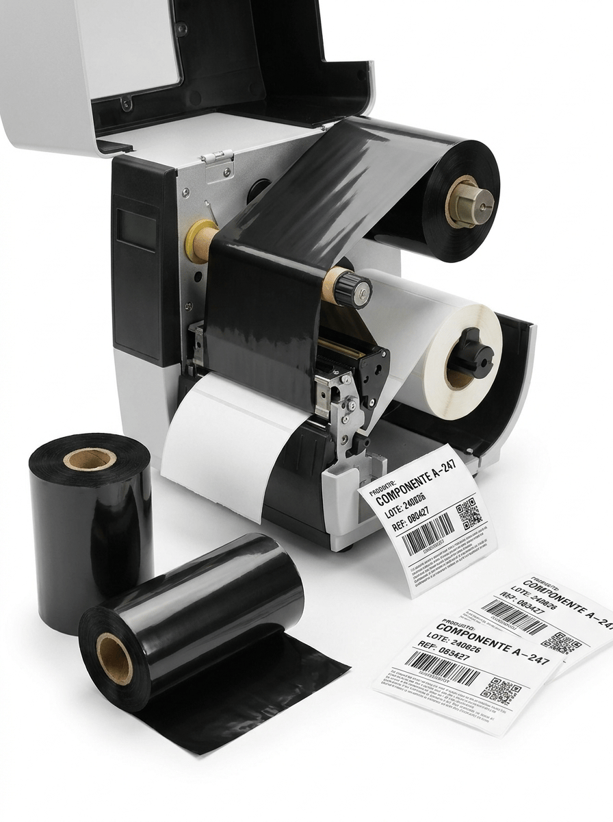 Professional premium commercial product photography for a European industrial labeling company, featuring a THERMAL TRANSFER RIBBON and a modern desktop thermal transfer label printer.
The purpose of the image is to immediately communicate:
THERMAL TRANSFER RIBBON FOR PROFESSIONAL LABEL PRINTING.
THE THERMAL TRANSFER RIBBON MUST BE THE MAIN PRODUCT AND THE ABSOLUTE VISUAL PROTAGONIST OF THE IMAGE.
This is NOT primarily an advertisement for the printer.
The ribbon must be clearly visible and immediately recognizable.
MAIN COMPOSITION
Place one professional desktop THERMAL TRANSFER label printer in the center-right of the composition.
The printer has a modern compact industrial design similar to professional Zebra, TSC or Honeywell desktop thermal transfer printers, but WITHOUT any visible real brand logo.
The printer is shown partially open so the internal thermal transfer printing mechanism can be seen.
Inside the printer, clearly show:
• one roll of black thermal transfer ribbon
• the ribbon supply roll
• the ribbon take-up roll
• the ribbon correctly threaded through the printing mechanism
• one roll of white self-adhesive labels
The black ribbon film must be physically visible travelling between the ribbon rolls and the printhead.
It must be technically believable as a REAL THERMAL TRANSFER PRINTING SYSTEM.
IMPORTANT:
DO NOT show an inkjet printer.
DO NOT show a laser printer.
DO NOT show a thermal-direct printer without ribbon.
THE BLACK RIBBON MUST BE CLEARLY VISIBLE.
RIBBON PRODUCT DISPLAY
In the foreground, positioned prominently next to the printer, place THREE professional thermal transfer ribbon rolls.
The ribbon rolls must occupy an important part of the image.
Show:
• one complete new ribbon roll
• one partially unwound ribbon roll revealing the thin glossy black ribbon film
• one additional ribbon roll positioned at a different angle so the cardboard core is visible
The rolls should have realistic proportions used for professional label printers.
Show realistic:
• black thermal transfer film
• cardboard or plastic cores
• tightly wound ribbon layers
• subtle satin reflections on the black film
• precise industrial manufacturing
PRINTED LABEL
A freshly printed white self-adhesive label emerges from the front of the printer.
The printed label must be EXTREMELY SHARP.
Show professional variable-data printing including:
PRODUCTO: COMPONENTE A-247
LOTE: 240826
REF: 083427
a realistic barcode
a QR code
small technical identification text
The barcode must appear perfectly black, crisp and high contrast.
The image must visually demonstrate the exceptional printing definition achieved using thermal transfer ribbon.
ADDITIONAL LABEL SAMPLES
Place two or three loose professionally printed labels on the clean white studio surface near the ribbon rolls.
Show different examples:
• barcode identification label
• logistics label
• small product identification label
All printing is BLACK thermal-transfer printing.
Extremely sharp.
No blurred barcodes.
No broken lines.
No faded printing.
VISUAL STYLE
Clean professional industrial aesthetic.
Modern European B2B product photography.
Technical but visually sophisticated.
The image should communicate:
precision,
reliability,
professional printing,
traceability,
industrial quality.
Avoid an old-fashioned warehouse aesthetic.
Avoid excessive machinery.
The scene should feel clean, modern and technically advanced.
BACKGROUND
PURE WHITE seamless studio background (#FFFFFF).
The background must be genuinely white.
NO gray background.
NO blue industrial background.
NO warehouse.
NO office environment.
Clean white studio surface.
Generous white space around the products.
COMPOSITION
Horizontal composition suitable for a website image carousel.
The thermal transfer ribbon rolls must be clearly visible in the foreground.
The printer occupies the central or rear-middle portion of the composition.
The printed label emerges naturally toward the foreground.
Create subtle depth without hiding any important element.
The ribbon rolls and printed label must be RAZOR-SHARP.
The printer may have a very subtle natural depth of field while remaining clearly recognizable.
LIGHTING
Professional high-key studio lighting.
Controlled reflections on the black ribbon film so its material can be clearly understood.
Soft natural contact shadows.
The lighting must reveal:
• thin black ribbon film
• tightly wound ribbon layers
• ribbon core
• internal printer mechanism
• white label material
• extremely sharp thermal-transfer printing
The black ribbon must contrast strongly against the white environment.
PHOTOGRAPHIC QUALITY
Hyper-realistic thermal transfer ribbon.
Hyper-realistic desktop thermal transfer printer.
Technically credible ribbon installation.
Realistic label roll.
Ultra-sharp barcode printing.
Professional industrial product photography.
Clean premium B2B aesthetic.
8K ultra-high definition.
NO ink cartridges.
NO toner cartridges.
NO inkjet printer.
NO laser printer.
NO receipt printer.
NO direct thermal printer without ribbon.
NO colorful ink ribbons.
NO CMYK printing.
NO fake digital screen graphics.
NO oversized printer.
NO huge industrial machinery.
NO hands.
NO people.
NO warehouse shelves.
NO cardboard boxes dominating the scene.
NO decorative props.
NO colored background.
NO gray background.
NO clutter.
NO futuristic CGI aesthetic.