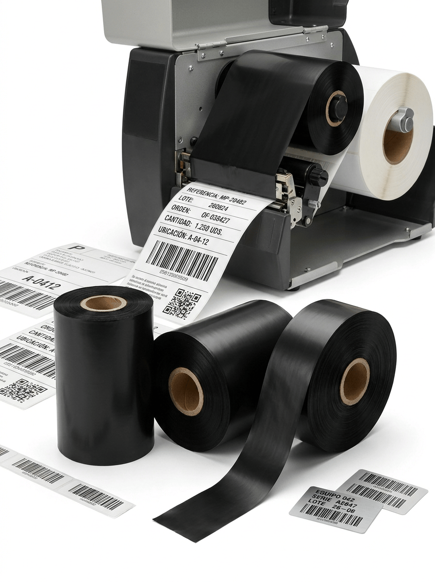 Professional premium commercial product photography for a European industrial labeling company, featuring LARGE-FORMAT THERMAL TRANSFER RIBBONS used with a professional industrial thermal transfer label printer.

The purpose of the image is to immediately communicate:

PROFESSIONAL THERMAL TRANSFER RIBBON FOR INDUSTRIAL LABEL PRINTING.

THE THERMAL TRANSFER RIBBON MUST BE THE MAIN PRODUCT AND THE ABSOLUTE VISUAL PROTAGONIST OF THE IMAGE.

The industrial printer provides context and demonstrates the professional application of the ribbon, but it must NOT dominate the composition.


MAIN COMPOSITION

Create a clean professional studio composition featuring:

• one robust industrial thermal transfer label printer
• several large black thermal transfer ribbon rolls
• one large roll of professional self-adhesive labels
• freshly printed industrial labels
• several printed label samples in the foreground

Position the industrial printer slightly behind and to one side.

Place THREE LARGE THERMAL TRANSFER RIBBON ROLLS prominently in the foreground.

The ribbon rolls must immediately attract the viewer's attention.


INDUSTRIAL THERMAL TRANSFER PRINTER

Use a realistic professional industrial thermal transfer printer inspired by high-volume industrial printers used in manufacturing, logistics and warehouses.

The machine should have:

• robust professional construction
• wide label media path
• industrial roll holder
• professional printhead mechanism
• large internal ribbon capacity
• realistic controls

The printer may resemble professional Zebra, TSC, Honeywell or Sato industrial thermal transfer printers in general proportions, but MUST NOT display any real brand logo.

IMPORTANT:

Show the printer partially open so the THERMAL TRANSFER RIBBON SYSTEM is clearly visible.

Inside the printer, show:

• large black ribbon supply roll
• ribbon take-up roll
• black ribbon film travelling through the print mechanism
• large roll of white self-adhesive labels
• realistic printhead area

The installation must look technically believable.

The black ribbon must be physically separate from the white label material.

DO NOT make the black ribbon look like a roll of black labels.


RIBBON PRODUCT DISPLAY

Place THREE large professional thermal transfer ribbon rolls in the foreground.

Show different orientations:

RIBBON 1:
Complete tightly wound black ribbon roll standing vertically.

RIBBON 2:
Ribbon roll positioned horizontally with the cardboard core clearly visible.

RIBBON 3:
Partially unwound ribbon roll showing a controlled section of thin black thermal transfer film.

The loose ribbon film should curve naturally and elegantly across a small part of the white surface.

Do NOT create excessive loose ribbon.

The rolls must show:

• realistic industrial dimensions
• smooth tightly wound layers
• thin black thermal-transfer film
• realistic cardboard cores
• subtle satin or semi-gloss surface
• precise clean edges

The ribbon must look like a REAL consumable for industrial thermal-transfer printers.


DIFFERENT RIBBON WIDTHS

Show subtle differences in ribbon width.

One wider roll.

One medium-width roll.

One slightly narrower roll.

This should communicate that thermal transfer ribbon is available for different label widths and industrial applications.

The differences must remain realistic and professional.


PRINTED INDUSTRIAL LABEL

A large white self-adhesive label is emerging from the industrial printer.

The printed information must be extremely sharp and high contrast.

Use realistic Spanish industrial identification such as:

REFERENCIA: MP-20482

LOTE: 260824

ORDEN: OF-038427

CANTIDAD: 1.250 UDS.

UBICACIÓN: A-04-12

Include:

• large Code 128 barcode
• smaller secondary barcode
• QR code
• clearly structured variable data
• small technical text

The printing must be pure BLACK thermal-transfer printing.

No color printing.

The barcode edges must be exceptionally crisp.


LABEL SAMPLES

Place several additional industrial labels on the white surface near the ribbon rolls.

Show different realistic formats:

• large logistics label
• narrow barcode label
• product identification label
• small asset identification label

Some labels may be white paper.

Some may have a subtle synthetic matte appearance.

All are professionally printed using black thermal transfer ribbon.


OPTIONAL SYNTHETIC LABEL SAMPLE

Include one small silver or matte white synthetic identification label to visually suggest demanding industrial applications.

The black thermal-transfer printing must remain exceptionally sharp on the synthetic surface.

Use simple technical information:

EQUIPO 042

SERIE A2847

LOTE 26-08

and a barcode.


VISUAL HIERARCHY

The viewer must immediately see:

FIRST:
the large black thermal transfer ribbon rolls.

SECOND:
the industrial printer.

THIRD:
the exceptional quality of the printed labels.

This hierarchy is essential.

Do NOT make the printer the only focal point.


BACKGROUND

PURE WHITE seamless studio background (#FFFFFF).

The background must be genuinely pure white.

NO gray industrial environment.

NO warehouse.

NO factory floor.

NO shelves.

NO office.

Use a clean white studio surface.


COMPOSITION

Horizontal composition suitable for a website image carousel.

Place the industrial printer slightly behind the main ribbon rolls.

The ribbon rolls occupy approximately the lower central foreground area.

The freshly printed label naturally emerges toward the foreground.

Use slight asymmetry to create a contemporary professional composition.

Generous clean white space around the equipment.

Do not crop the main ribbon rolls.


LIGHTING

Professional high-key commercial studio lighting.

Lighting must specifically reveal the physical characteristics of the ribbon.

Use controlled highlights along the curved black ribbon surfaces.

The viewer must perceive:

• tightly wound ribbon layers
• thin ribbon film
• subtle satin reflections
• cardboard cores
• differences in ribbon widths
• black ribbon travelling through the printer
• white label material
• exceptionally sharp printed barcodes

Soft realistic contact shadows only.


AESTHETIC

Modern European industrial product photography.

Professional.

Precise.

Technical.

Clean.

Contemporary.

Reliable.

High-performance B2B aesthetic.

The photograph should look suitable for the website of a professional industrial labeling specialist.

NOT a consumer electronics advertisement.


PHOTOGRAPHIC QUALITY

Hyper-realistic thermal transfer ribbon rolls.

Hyper-realistic industrial thermal transfer printer.

Technically credible internal ribbon mechanism.

Realistic label media.

Ultra-sharp variable-data printing.

Exceptional barcode definition.

Realistic industrial materials.

Premium commercial photography.

8K ultra-high definition.


NO inkjet printer.
NO laser printer.
NO direct thermal printer without ribbon.
NO receipt printer.
NO ink cartridges.
NO toner cartridges.
NO CMYK cartridges.
NO colorful ribbon.
NO colored printing.
NO giant rolls resembling packaging film.
NO black adhesive label rolls.
NO ribbons floating in the air.
NO excessive loose ribbon.
NO futuristic machinery.
NO robotic factory.
NO warehouse background.
NO cardboard boxes dominating the image.
NO hands.
NO people.
NO real printer brand logos.
NO colored background.
NO gray background.
NO blue industrial background.
NO decorative props.
NO clutter.
