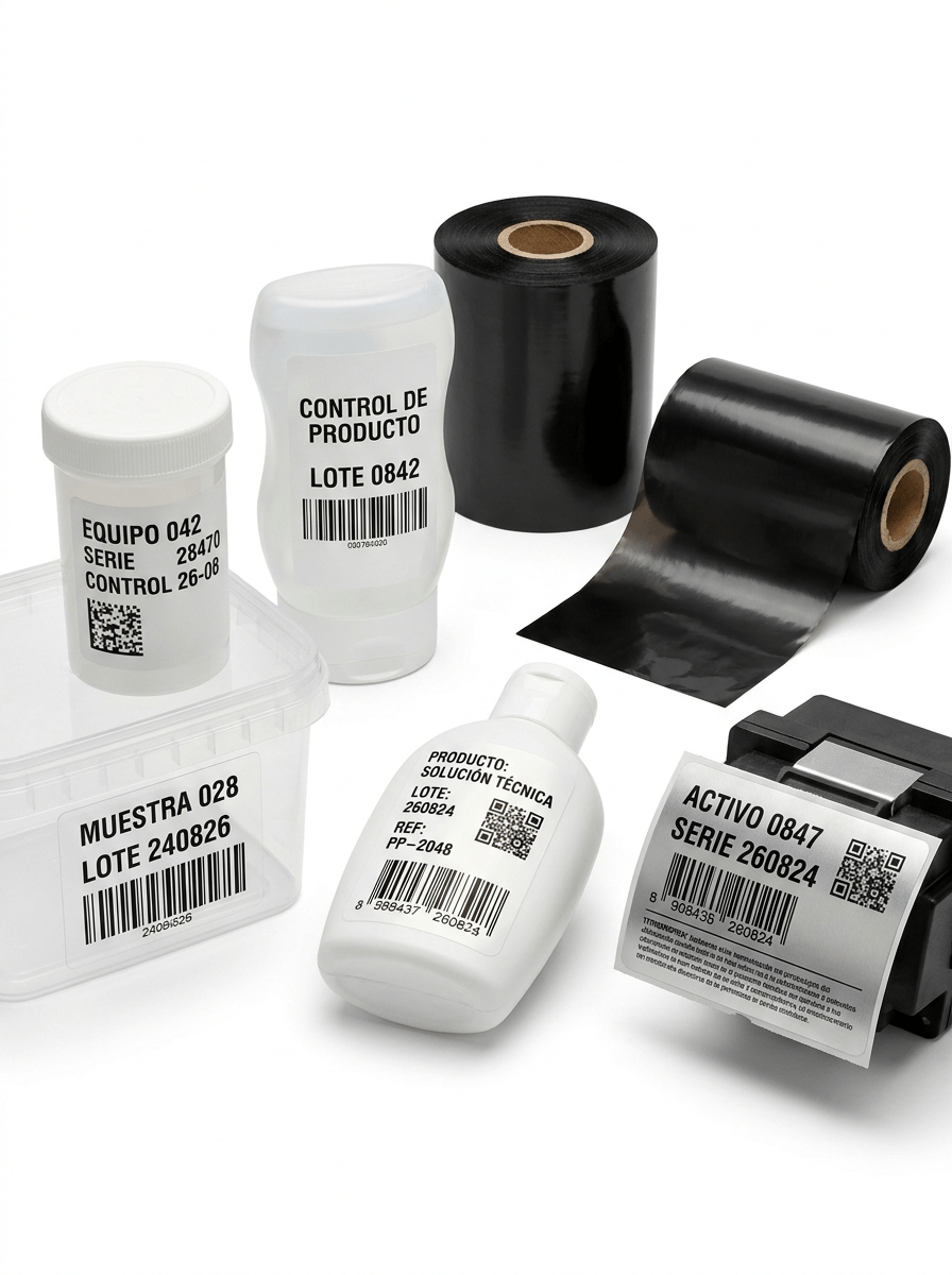 Premium professional commercial photography for a European industrial labeling company, showcasing THERMAL TRANSFER PRINTING ON DIFFERENT SYNTHETIC SELF-ADHESIVE LABEL MATERIALS.

The purpose of the image is to immediately communicate:

THERMAL TRANSFER RIBBON FOR SYNTHETIC LABEL MATERIALS:

PP
PE
POLYESTER

THE DIFFERENT SYNTHETIC LABEL MATERIALS AND THEIR EXCEPTIONALLY SHARP THERMAL TRANSFER PRINTING ARE THE MAIN VISUAL PROTAGONISTS.

The thermal transfer ribbon must also be clearly visible so the printing technology is immediately understandable.

This is NOT a generic collection of white labels.

The viewer must clearly perceive different synthetic materials, surfaces, transparencies and finishes.


MAIN COMPOSITION

Create a sophisticated horizontal studio composition featuring several REAL SELF-ADHESIVE SYNTHETIC LABEL SAMPLES arranged prominently in the foreground.

Include:

• white polypropylene PP label
• transparent polypropylene PP label
• flexible polyethylene PE label
• matte white polyester PET label
• silver polyester PET label

Place TWO professional black thermal transfer ribbon rolls behind and beside the label samples.

One ribbon roll is complete.

The second ribbon roll is partially unwound, revealing a short controlled section of thin glossy black thermal-transfer film.

The ribbon remains clearly recognizable but does NOT dominate the composition.


IMPORTANT:

THE SYNTHETIC LABELS MUST NOT LOOK LIKE PAPER.

Use lighting and macro-level material definition to reveal their different physical characteristics.


APPLICATION SAMPLES

Do not present only loose rectangular labels.

Show several labels REALISTICALLY APPLIED TO DIFFERENT OBJECTS AND CONTAINERS so their industrial applications are immediately understandable.


WHITE PP LABEL

Apply a premium white polypropylene self-adhesive label to a small curved white or transparent plastic bottle.

The label follows the curved surface perfectly.

Show extremely sharp black thermal-transfer printing.

Visible Spanish text:

PRODUCTO: SOLUCIÓN TÉCNICA

LOTE: 260824

REF: PP-2048

Include a barcode and QR code.


TRANSPARENT PP LABEL

Apply a crystal-clear transparent polypropylene label to a transparent plastic container.

Large areas of the label remain transparent.

Only the black thermal-transfer information is visible.

The physical transparent label edge must remain subtly visible.

It must NOT look printed directly onto the container.

Show:

MUESTRA 028

LOTE 240826

and a crisp barcode.


PE LABEL

Apply a flexible polyethylene self-adhesive label to a slightly squeezable plastic container.

The container should have a subtle curved or flexible geometry.

The PE label must conform perfectly to the surface.

No wrinkles.

No lifting edges.

No bubbles.

Show:

CONTROL DE PRODUCTO

LOTE 0842

and a sharp barcode.


WHITE POLYESTER LABEL

Apply a durable matte white polyester identification label to a small industrial component, laboratory container or equipment surface.

The label must look robust, technical and permanent.

Show:

EQUIPO 042

SERIE 28470

CONTROL 26-08

Include a DataMatrix code.


SILVER POLYESTER LABEL

Create one visually striking macro sample using a SILVER POLYESTER self-adhesive label.

Apply it to a clean dark technical component or metallic equipment surface.

The silver label must have a realistic brushed or satin metallic appearance.

Print extremely sharp black thermal-transfer information:

ACTIVO 0847

SERIE 260824

Include:

• barcode
• DataMatrix
• small technical typography

The silver polyester must clearly look like a physical self-adhesive label and NOT like the underlying metal surface.


MATERIAL DIFFERENTIATION

This is one of the most important requirements of the image.

The viewer must immediately perceive different materials.

WHITE PP:

Smooth clean white synthetic surface.

Subtle satin finish.


TRANSPARENT PP:

Crystal-clear film.

Visible physical label edge.

Underlying container remains visible.


PE:

Slightly softer and more flexible synthetic appearance.

Perfect conformity to curved plastic.


WHITE POLYESTER:

Dense, smooth, durable technical surface.

Premium matte appearance.


SILVER POLYESTER:

Metallic silver synthetic surface.

Controlled satin reflection.

Highly technical industrial appearance.


PRINTING QUALITY

All black thermal-transfer printing must be exceptionally sharp.

Show:

• dense solid black
• perfect fine typography
• extremely crisp barcode lines
• readable QR structures
• precise DataMatrix structures
• clean variable data

NO bleeding.

NO fading.

NO broken barcode lines.

NO blurry text.


RIBBON

Include two realistic professional RESIN or HIGH-RESISTANCE thermal transfer ribbon rolls.

The ribbon must be BLACK.

Show:

• tightly wound black film
• realistic cardboard or plastic core
• thin thermal-transfer film
• subtle satin reflections
• precise manufacturing

The rolls must look like genuine consumables for professional thermal-transfer printers.

Do NOT make them look like rolls of black adhesive labels.


COMPOSITION

Horizontal composition suitable for a professional website image carousel.

Create an elegant technical product arrangement.

Place the most visually interesting synthetic materials in the foreground:

transparent PP,
silver polyester,
white PP.

Use the PE and white polyester samples to create additional depth.

Position the black ribbon rolls slightly behind the labels.

The overall composition must remain clean and easy to understand.

Do NOT arrange everything in a rigid straight line.

Use slight differences in height and angle.

Leave generous white negative space around the composition.


BACKGROUND

PURE WHITE seamless studio background (#FFFFFF).

The background must be genuinely white.

Clean white studio surface.

NO gray background.

NO blue background.

NO warehouse.

NO factory.

NO laboratory environment.

NO office.


LIGHTING

Professional high-key commercial studio lighting specifically designed to reveal differences between synthetic label materials.

Use controlled highlights to show:

• PP satin surface
• transparent PP film
• flexible PE
• matte polyester
• silver polyester
• black thermal-transfer ribbon

The materials must remain realistic.

NO artificial glow.

NO fake CGI reflections.

Soft natural contact shadows only.


PHOTOGRAPHIC STYLE

Modern European industrial product photography.

Technical but visually sophisticated.

Clean.

Precise.

Premium.

Professional.

The image should immediately communicate:

DURABLE LABELS

SYNTHETIC MATERIALS

HIGH-RESISTANCE THERMAL TRANSFER PRINTING

PROFESSIONAL TRACEABILITY


PHOTOGRAPHIC QUALITY

Hyper-realistic synthetic self-adhesive labels.

Hyper-realistic polypropylene.

Hyper-realistic polyethylene.

Hyper-realistic polyester.

Realistic transparent film.

Realistic silver polyester.

Hyper-realistic black thermal transfer ribbon.

Macro-level material detail.

Exceptional barcode definition.

Premium commercial photography.

8K ultra-high definition.


CRITICAL REQUIREMENT:

THE IMAGE MUST CLEARLY SHOW THAT THE INFORMATION IS PRINTED ON PHYSICAL SELF-ADHESIVE LABELS.

Show visible label edges wherever possible.

The graphics must NOT appear printed directly onto bottles, components or equipment.


NO paper labels dominating the image.
NO five identical white labels.
NO printer dominating the image.
NO inkjet printer.
NO laser printer.
NO toner.
NO ink cartridges.
NO CMYK printing.
NO colorful printing.
NO colored ribbon.
NO black adhesive label rolls.
NO giant packaging film rolls.
NO fake metallic gradients.
NO shrink sleeves.
NO labels printed directly onto containers.
NO floating labels.
NO peeling labels.
NO wrinkled labels.
NO hands.
NO people.
NO giant text.
NO infographic.
NO diagrams.
NO arrows.
NO decorative props.
NO warehouse.
NO factory background.
NO colored background.
NO gray background.
NO clutter.