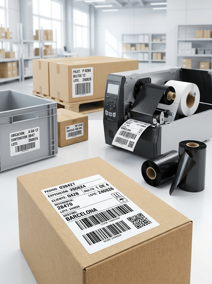 Premium professional commercial photography for a European industrial labeling company, showcasing THERMAL TRANSFER RIBBON used for LOGISTICS, WAREHOUSE IDENTIFICATION AND INDUSTRIAL TRACEABILITY.

The image must immediately communicate:

THERMAL TRANSFER RIBBON FOR LOGISTICS AND INDUSTRIAL TRACEABILITY.

The visual story must clearly connect:

THERMAL TRANSFER RIBBON
+
PROFESSIONAL LABEL PRINTING
+
BARCODES AND VARIABLE DATA
+
LOGISTICS AND TRACEABILITY.

This is a realistic modern industrial application scene, NOT a generic warehouse photograph.


MAIN VISUAL CONCEPT

Create a sophisticated, bright and extremely clean modern logistics workstation.

In the central foreground, show a medium-size kraft cardboard shipping box with a large professionally printed WHITE SELF-ADHESIVE LOGISTICS LABEL applied to its front surface.

THE LOGISTICS LABEL IS ONE OF THE MAIN VISUAL PROTAGONISTS.

The label must be razor-sharp and clearly visible.

Behind and slightly to one side of the box, show a professional INDUSTRIAL THERMAL TRANSFER LABEL PRINTER.

The printer is actively producing another logistics label.

Next to the printer, place TWO professional black thermal transfer ribbon rolls.

One complete ribbon roll.

One partially unwound ribbon roll showing the thin black thermal-transfer film.

The ribbon must be immediately recognizable as a professional printing consumable.


LOGISTICS LABEL

The large white self-adhesive label applied to the foreground cardboard box must show realistic Spanish logistics information.

Use a clean professional variable-data layout.

Include:

PEDIDO: 038427

EXPEDICIÓN: 260824

CLIENTE: 0428

BULTO: 1 DE 4

REFERENCIA: 28470

LOTE: 240826

DESTINO: BARCELONA

Include:

• one large Code 128 barcode
• one secondary barcode
• QR code
• clearly structured variable data
• small logistics symbols

The black thermal-transfer printing must be EXTREMELY SHARP.

Perfect barcode lines.

High optical density.

No bleeding.

No broken lines.

No blurred typography.


IMPORTANT:

The label must clearly look like a PHYSICAL SELF-ADHESIVE LABEL applied onto the kraft cardboard box.

Show subtle physical label edges.

The printing must NOT look printed directly onto the cardboard.


SECONDARY TRACEABILITY APPLICATIONS

Create several additional examples of thermal-transfer identification naturally integrated into the scene.


PLASTIC LOGISTICS CONTAINER

Include one reusable industrial plastic tote or logistics bin.

Use a clean neutral gray or muted blue container.

Apply a durable white synthetic self-adhesive identification label.

Show:

UBICACIÓN: A-04-12

CONTENEDOR: 0847

LOTE: 260824

Include a barcode.


SMALL PRODUCT BOX

Include one smaller cardboard box behind or beside the main package.

Apply a narrower barcode identification label.

Show:

REF: MP-2048

CANTIDAD: 500 UDS.

and a barcode.


PALLET TRACEABILITY

In the middle background, subtly show the corner of a professionally prepared pallet with several clean cardboard boxes.

Apply one clearly visible pallet identification label.

Use:

PALET: P-0284

BULTOS: 12

LOTE: 240826

Include a large barcode.

The pallet must remain SECONDARY and slightly out of focus.

Do NOT allow the pallet to dominate the composition.


INDUSTRIAL THERMAL TRANSFER PRINTER

Show a realistic professional industrial thermal transfer printer used in logistics environments.

The machine should resemble the general proportions of professional Zebra, TSC, Honeywell or Sato industrial printers, but WITHOUT visible real brand logos.

The printer should look modern, robust and technically credible.

A freshly printed white logistics label emerges naturally from the printer.

If the internal mechanism is visible, clearly show:

• black thermal transfer ribbon
• ribbon supply roll
• ribbon take-up roll
• white self-adhesive label media

The black ribbon and white label roll must be clearly distinguishable.


RIBBON PRODUCT

Place TWO thermal transfer ribbon rolls prominently near the printer.

The ribbon must remain an important commercial product within the scene.

Show realistic:

• tightly wound black thermal-transfer film
• professional dimensions
• cardboard or plastic core
• clean precise edges
• subtle satin reflections
• thin flexible black film

One roll may have a short section naturally unwound.

DO NOT create excessive loose ribbon.

DO NOT make the rolls look like black adhesive labels.


TRACEABILITY VISUAL LANGUAGE

The image should visually communicate a professional traceability system through:

• barcodes
• QR codes
• variable data
• batch numbers
• references
• locations
• shipment identification
• pallet identification

However, keep the composition visually clean.

DO NOT fill every surface with codes.

Use approximately 4–5 clearly visible labels throughout the complete scene.


ENVIRONMENT

The background represents a MODERN PREMIUM LOGISTICS CENTER.

Very clean.

Bright.

Organized.

Contemporary.

Use predominantly:

white,
very light gray,
natural kraft,
small restrained industrial accents.

In the distant background, subtly suggest:

• modern warehouse shelving
• organized packages
• logistics containers
• clean industrial architecture

Everything in the background must remain softly out of focus.

The environment provides context only.

THE LABELS AND RIBBON MUST REMAIN THE VISUAL FOCUS.


COMPOSITION

Wide horizontal composition suitable for a website image carousel.

Foreground:

main kraft shipping box with large logistics label.

Near foreground:

black thermal transfer ribbon rolls.

Middle ground:

industrial thermal transfer printer producing a label.

Secondary middle ground:

plastic logistics tote and smaller package.

Background:

subtle pallet and modern logistics environment.

Create natural perspective and sophisticated depth of field.

The foreground label and ribbon rolls must be RAZOR-SHARP.

The printer remains clearly recognizable.

The logistics environment becomes progressively softer toward the background.


LIGHTING

Bright professional industrial photography.

Use soft natural architectural daylight combined with controlled commercial lighting.

The overall scene must feel extremely clean and luminous.

The lighting must reveal:

• white label material
• kraft cardboard texture
• synthetic logistics labels
• black thermal-transfer film
• barcode definition
• printer materials

Use realistic soft contact shadows.

NO dramatic lighting.

NO dark industrial mood.


PHOTOGRAPHIC STYLE

Premium contemporary European industrial photography.

Professional.

Clean.

Precise.

Technical.

Modern.

Efficient.

Highly organized.

The visual language should communicate:

TRACEABILITY

LOGISTICS

IDENTIFICATION

RELIABILITY

PRECISION

PROFESSIONAL THERMAL TRANSFER PRINTING.


PHOTOGRAPHIC QUALITY

Hyper-realistic thermal transfer ribbon.

Hyper-realistic industrial thermal transfer printer.

Realistic logistics labels.

Realistic kraft cardboard.

Ultra-sharp barcode printing.

Perfect variable-data definition.

Realistic synthetic labels.

Natural professional depth of field.

High-end B2B commercial photography.

8K ultra-high definition.


CRITICAL REQUIREMENT:

DO NOT MAKE THIS A GENERIC WAREHOUSE IMAGE.

THE LABELS, THEIR PRINT QUALITY AND THE THERMAL TRANSFER RIBBON MUST IMMEDIATELY ATTRACT THE VIEWER'S ATTENTION.

The viewer must instantly understand that the image is about PROFESSIONAL LABEL IDENTIFICATION AND TRACEABILITY, not about selling cardboard boxes or warehouse services.


NO dark warehouse.
NO dirty warehouse.
NO old factory.
NO forklifts dominating the image.
NO workers dominating the image.
NO people in foreground.
NO delivery trucks.
NO giant stacks of boxes.
NO chaotic pallets.
NO supermarket aesthetic.
NO inkjet printer.
NO laser printer.
NO direct thermal printer without ribbon.
NO ink cartridges.
NO toner cartridges.
NO CMYK printing.
NO colored ribbon.
NO blurry barcodes.
NO fake floating QR codes.
NO digital interface overlays.
NO holographic screens.
NO futuristic warehouse.
NO CGI aesthetic.
NO excessive machinery.
NO clutter.
