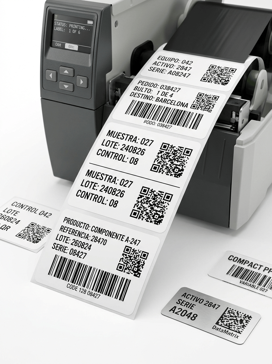 Premium professional macro commercial photography for a European labeling and printing solutions company, featuring a PROFESSIONAL COMPACT THERMAL TRANSFER LABEL PRINTER producing extremely high-resolution identification labels.

The purpose of the image is to immediately communicate:

HIGH-RESOLUTION THERMAL TRANSFER PRINTING

BARCODES

QR CODES

DATAMATRIX

VARIABLE DATA

PROFESSIONAL TRACEABILITY.

THE PRINT QUALITY OF THE SELF-ADHESIVE LABEL IS THE MAIN VISUAL PROTAGONIST.

The professional thermal transfer printer provides context but does NOT need to be shown completely.

This image belongs to a website category for PROFESSIONAL THERMAL AND THERMAL TRANSFER LABEL PRINTERS.


MAIN VISUAL CONCEPT

Create a sophisticated CLOSE-UP three-quarter perspective of a modern professional compact thermal transfer label printer actively printing a continuous series of self-adhesive identification labels.

The camera is positioned close to the LABEL OUTPUT AREA.

The freshly printed labels emerge toward the viewer.

The front printed label occupies an important area of the image and is RAZOR-SHARP.

The printer body continues naturally into the middle ground.

Use a subtle depth of field so the viewer's eye immediately focuses on the exceptional printing quality.


IMPORTANT PRINTER TYPE

Use a professional desktop / compact mid-range thermal transfer label printer.

The printer should look suitable for:

• professional offices
• laboratories
• healthcare
• retail
• product identification
• small warehouses
• technical departments
• medium-volume label production

The printer must look robust and professional but relatively compact.

NO giant industrial machine.

NO massive steel chassis.

NO floor-standing equipment.

NO large industrial production environment.


PRINTER DESIGN

Use a realistic contemporary professional thermal transfer printer with:

• graphite, black and light gray professional housing
• compact rectangular proportions
• realistic label output mechanism
• small professional control display
• discreet physical buttons
• high-quality technical construction

No visible real brand logo.

The design may be inspired by professional desktop and mid-range printers from leading thermal printer manufacturers without copying any specific model.


PRINTED LABEL SERIES

Show a strip or continuous series of approximately 4–6 WHITE SELF-ADHESIVE LABELS emerging from the printer.

The labels must contain different professional identification layouts.

The nearest label must be completely visible and exceptionally sharp.

Other labels naturally continue back toward the printer.


LABEL 1 — PRODUCT TRACEABILITY

Use:

PRODUCTO: COMPONENTE A-247

REFERENCIA: 28470

LOTE: 260824

SERIE: 08427

Include:

• Code 128 barcode
• QR code
• small technical typography


LABEL 2 — HIGH-DENSITY DATAMATRIX

Use:

MUESTRA: 027

LOTE: 240826

CONTROL: 08

Include:

• large DataMatrix
• very small secondary barcode
• fine variable data


LABEL 3 — LOGISTICS

Use:

PEDIDO: 038427

BULTO: 1 DE 4

DESTINO: BARCELONA

Include:

• large linear barcode
• smaller QR code


LABEL 4 — ASSET IDENTIFICATION

Use:

EQUIPO: 042

ACTIVO: 2847

SERIE: A08247

Include:

• compact DataMatrix
• small barcode


HIGH-RESOLUTION REQUIREMENT

THIS IS THE MOST IMPORTANT PART OF THE IMAGE.

The thermal-transfer printing must look EXCEPTIONALLY PRECISE.

Show:

• perfectly defined barcode lines
• extremely narrow black bars
• very small readable typography
• sharp QR modules
• precise DataMatrix cells
• dense solid blacks
• perfectly aligned variable data
• clean straight edges

NO ink bleeding.

NO fuzzy barcode edges.

NO pixelated typography.

NO faded areas.

NO broken barcode lines.

NO misregistration.

The photograph must visually communicate professional HIGH-DPI label printing.


MACRO DETAIL

Create enough photographic detail that the viewer can appreciate the actual print quality.

The closest label should show subtle physical characteristics of the label material:

• smooth premium white surface
• precise die-cut edges
• subtle paper or synthetic texture
• realistic material thickness
• clean adhesive label separation

The label must clearly look like a PHYSICAL SELF-ADHESIVE LABEL.

It must NOT look like a digital graphic floating in front of the printer.


SECONDARY SYNTHETIC LABELS

Place three additional small label samples on the clean studio surface near the printer.

Show different materials:

• white matte PP
• transparent PP
• silver polyester

Each sample contains high-resolution black thermal-transfer printing.


WHITE PP

Show:

CONTROL 042

LOTE 260824

small QR code.


TRANSPARENT PP

Show a compact barcode and variable number.

The physical transparent film edge must be visible.


SILVER POLYESTER

Show:

ACTIVO 2847

SERIE A2048

small DataMatrix.

The silver polyester has a controlled satin metallic appearance.


RIBBON DETAIL

Because this is a THERMAL TRANSFER printer, subtly show the technology.

The upper cover of the printer may be slightly open or a small visible section may reveal:

• black thermal transfer ribbon
• ribbon take-up mechanism
• white label media

However:

DO NOT make the ribbon the main subject.

DO NOT surround the printer with ribbon rolls.

The ribbon is only present to technically identify the printing technology.


COMPOSITION

Horizontal composition suitable for a professional website image carousel.

Use a close three-quarter camera angle.

The label output is positioned prominently in the foreground.

The printer occupies the middle ground.

The nearest printed label is the sharpest element in the entire photograph.

Use natural perspective:

FOREGROUND:
high-resolution printed labels.

MIDDLE GROUND:
professional compact thermal transfer printer.

BACKGROUND:
pure clean studio environment.

Create sophisticated visual depth without losing technical clarity.


BACKGROUND

PURE WHITE seamless studio background (#FFFFFF).

Clean white professional surface.

Very subtle soft shadows.

NO gray industrial environment.

NO warehouse.

NO factory.

NO office clutter.

NO shelves.

NO colored background.


LIGHTING

Premium high-key commercial studio lighting.

Use controlled softbox illumination.

The lighting must reveal:

• black printing density
• extremely precise barcode edges
• white label material
• transparent PP
• silver polyester
• printer construction

The white labels must remain clearly separated from the white background through subtle natural shadows and material definition.

No dramatic lighting.

No artificial glow.


DEPTH OF FIELD

Use a sophisticated shallow-to-medium depth of field.

The nearest printed label must be RAZOR-SHARP.

The printer output area must also remain clearly defined.

The rear section of the printer may become subtly softer.

Do NOT blur the machine excessively.

The viewer must immediately understand that the labels are physically emerging from a professional thermal transfer printer.


VISUAL STYLE

Contemporary European professional technology photography.

Technical.

Precise.

Premium.

Clean.

Modern.

Professional.

The image should communicate:

HIGH RESOLUTION

PRECISION

BARCODE READABILITY

TRACEABILITY

VARIABLE DATA

PROFESSIONAL PRINTING.


PHOTOGRAPHIC QUALITY

Hyper-realistic professional thermal transfer printer.

Macro-level print definition.

Hyper-realistic self-adhesive labels.

Extremely sharp Code 128 barcodes.

Extremely sharp QR codes.

Extremely sharp DataMatrix codes.

Realistic variable-data printing.

Realistic PP and polyester materials.

Premium commercial product photography.

8K ultra-high definition.


CRITICAL DIFFERENTIATION:

THIS IMAGE IS ABOUT A COMPACT PROFESSIONAL THERMAL TRANSFER PRINTER AND ITS HIGH-RESOLUTION PRINTING CAPABILITY.

It must NOT resemble a heavy-duty industrial printing installation.

Keep the equipment compact and suitable for a professional workstation.


NO giant industrial printer.
NO large steel chassis.
NO giant external label rolls.
NO factory.
NO production line.
NO warehouse dominating the image.
NO receipt printer.
NO supermarket receipt.
NO shipping label as the only application.
NO inkjet printer.
NO laser printer.
NO A4 office printer.
NO ink cartridges.
NO toner.
NO CMYK printing.
NO colorful printing.
NO fake floating QR codes.
NO digital overlays.
NO holographic interface.
NO magnifying glass.
NO infographic.
NO arrows.
NO hands.
NO people.
NO real brand logos.
NO colored background.
NO gray background.
NO clutter.