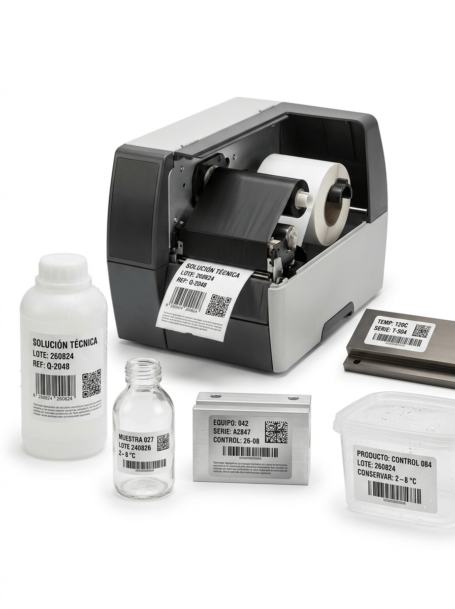 Premium professional commercial photography for a European labeling and printing solutions company, showcasing a PROFESSIONAL COMPACT THERMAL TRANSFER LABEL PRINTER and several demanding applications requiring DURABLE, HIGH-RESISTANCE SELF-ADHESIVE LABELS.

The purpose of the image is to immediately communicate:

THERMAL TRANSFER PRINTING FOR DURABLE LABELS RESISTANT TO:

CHEMICALS
ABRASION
MOISTURE
LOW TEMPERATURES
HEAT
INTENSIVE HANDLING.

The image must visually demonstrate that professional thermal transfer printing is suitable for demanding technical applications.

IMPORTANT:

THIS IS A PROFESSIONAL THERMAL PRINTER PAGE.

The printer must remain clearly visible and identifiable.

However, the DIFFERENT DURABLE LABEL APPLICATIONS should create the visual richness of the image.

This is NOT a heavy industrial printer.

This is NOT a factory scene.


MAIN COMPOSITION

Create a sophisticated horizontal studio composition.

Place ONE modern professional COMPACT / MID-RANGE THERMAL TRANSFER LABEL PRINTER slightly behind the main applications.

The printer occupies approximately 30–35% of the composition.

In the foreground and middle ground, arrange FOUR clearly different products or technical objects carrying professionally printed durable self-adhesive labels.

Include:

1. chemical container
2. laboratory or technical bottle
3. metallic industrial component
4. cold-storage / moisture-resistant container

The composition must immediately communicate DIFFERENT DEMANDING ENVIRONMENTS.


APPLICATION 1 — CHEMICAL RESISTANCE

Include a compact white or translucent HDPE chemical bottle or small 2–3 liter chemical container.

Do NOT use a giant industrial drum.

Apply a premium white synthetic self-adhesive label.

The label must be perfectly adhered to the plastic surface.

Show professional black thermal-transfer printing.

Visible Spanish text:

SOLUCIÓN TÉCNICA

LOTE: 260824

REF: Q-2048

Include:

• barcode
• QR code
• small technical information

Add a few very subtle realistic liquid droplets on the container and label.

The label remains:

perfectly flat,
completely readable,
fully adhered,
undamaged.

This should visually suggest CHEMICAL AND MOISTURE RESISTANCE.


APPLICATION 2 — LABORATORY / TECHNICAL IDENTIFICATION

Include one small transparent or amber technical glass bottle.

Apply a small durable synthetic identification label.

Use:

MUESTRA 027

LOTE 240826

2–8 °C

Include:

• small DataMatrix
• barcode

The printing must remain exceptionally sharp despite the small label size.

This application communicates:

PRECISION
TRACEABILITY
RESISTANCE
SMALL-FORMAT PRINTING.


APPLICATION 3 — ABRASION / INDUSTRIAL COMPONENT

Include one clean compact metallic technical component.

This could be:

• a small brushed-metal motor housing
• a machined aluminum component
• a compact technical equipment panel

Do NOT include large machinery.

Apply a SILVER POLYESTER SELF-ADHESIVE LABEL to the metallic surface.

The silver label must be physically distinguishable from the underlying metal.

Show:

EQUIPO: 042

SERIE: A2847

CONTROL: 26-08

Include:

• DataMatrix
• small barcode
• fine technical typography

The label should look extremely durable and permanently adhered.

The image must visually suggest resistance to:

abrasion,
handling,
friction,
industrial use.


APPLICATION 4 — COLD / MOISTURE RESISTANCE

Include one small transparent or white plastic container suitable for refrigerated or cold-storage environments.

The container has realistic LIGHT condensation and several small water droplets.

Apply a durable matte white synthetic self-adhesive label.

Show:

PRODUCTO: CONTROL 084

LOTE: 260824

CONSERVAR: 2–8 °C

Include a barcode.

The label remains:

perfectly flat,
perfectly adhered,
completely readable.

No lifting corners.

No wrinkles.

No deterioration.

The condensation must be subtle and realistic.

DO NOT cover the label with excessive water.


OPTIONAL HEAT-RESISTANCE DETAIL

Include one additional SMALL technical identification sample placed on a clean dark metallic test component.

Use a durable white or silver polyester label.

The metal may have a subtle warm technical appearance, but:

NO flames.

NO fire.

NO glowing red metal.

NO dramatic heat effects.

The concept of temperature resistance must remain technically credible and sophisticated.


THERMAL TRANSFER PRINTER

Place a modern professional desktop / compact mid-range THERMAL TRANSFER LABEL PRINTER in the middle ground.

Use realistic professional proportions.

The printer should feature:

• compact robust housing
• graphite, black and light gray construction
• professional label output
• small integrated control panel
• realistic buttons
• professional materials

No visible real brand logo.

A freshly printed durable synthetic label emerges from the printer.

The printer may be partially open enough to subtly reveal:

• black thermal transfer ribbon
• white synthetic label media
• ribbon take-up mechanism

This must confirm that the machine uses THERMAL TRANSFER TECHNOLOGY.


IMPORTANT SIZE REQUIREMENT

The printer must remain suitable for a professional workstation.

It must NOT look like:

• a giant industrial printer
• heavy factory machinery
• floor-standing equipment
• a large steel production printer

The future INDUSTRIAL PRINTER category must remain visually much heavier and more robust.


PRINT QUALITY

All labels must feature extremely sharp BLACK THERMAL-TRANSFER PRINTING.

Show:

• dense solid black
• perfectly defined barcode lines
• small precise typography
• crisp QR codes
• precise DataMatrix structures
• variable data

No bleeding.

No faded printing.

No broken lines.

No blurry barcodes.


LABEL MATERIAL VARIETY

The photograph must visibly show different DURABLE SYNTHETIC LABEL MATERIALS.

Include:

• matte white polypropylene
• durable white polyester
• silver polyester
• transparent synthetic film if visually appropriate

The labels must NOT all look like ordinary paper.

Use controlled lighting to reveal:

smooth synthetic surfaces,
subtle satin finishes,
metallic polyester,
transparent film edges.


CRITICAL LABEL REQUIREMENT

EVERY LABEL MUST LOOK LIKE A REAL PHYSICAL SELF-ADHESIVE LABEL.

Show:

• physical label edges
• realistic material thickness
• precise die-cutting
• perfect adhesion
• realistic synthetic surfaces

The graphics must NOT look printed directly onto the containers or equipment.


COMPOSITION

Horizontal composition suitable for a professional website image carousel.

Create an elegant arrangement:

FOREGROUND:

chemical container,
cold-storage container,
metallic component.

MIDDLE GROUND:

technical glass bottle,
professional thermal transfer printer.

The products may overlap slightly but EVERY IMPORTANT LABEL must remain clearly visible.

Do NOT create a rigid straight lineup.

Use subtle differences in height and depth.

The labels should attract the eye through exceptional definition.


BACKGROUND

PURE WHITE seamless studio background (#FFFFFF).

Clean white professional studio surface.

NO factory.

NO warehouse.

NO laboratory room.

NO industrial shelving.

NO dark environment.

NO colored background.

The demanding applications are represented through the PRODUCTS AND LABEL MATERIALS, not through a dramatic environment.


LIGHTING

Premium professional high-key studio lighting.

Use controlled lighting specifically designed to reveal:

• synthetic PP surface
• polyester surface
• silver polyester
• condensation droplets
• HDPE plastic
• transparent glass
• brushed metal
• black thermal-transfer printing

Create subtle realistic reflections on the metallic component.

Small highlights reveal water droplets.

Soft natural contact shadows.

No dramatic contrast.


VISUAL STYLE

Contemporary European professional technology photography.

Clean.

Technical.

Precise.

Premium.

Modern.

Reliable.

The image must communicate:

DURABILITY

RESISTANCE

TRACEABILITY

PRECISION

PROFESSIONAL IDENTIFICATION.


PHOTOGRAPHIC QUALITY

Hyper-realistic professional thermal transfer printer.

Hyper-realistic synthetic self-adhesive labels.

Realistic HDPE.

Realistic glass.

Realistic brushed metal.

Realistic condensation.

Exceptional barcode definition.

Exceptional DataMatrix definition.

Macro-level label material detail.

Premium B2B commercial photography.

8K ultra-high definition.


CRITICAL:

DO NOT USE VISUAL SPECIAL EFFECTS TO REPRESENT RESISTANCE.

Resistance must be communicated through REALISTIC APPLICATIONS AND MATERIALS.

NO flames.
NO fire.
NO ice cubes surrounding products.
NO frozen fantasy effects.
NO chemical smoke.
NO acid splashes.
NO sparks.
NO dramatic liquid splash.
NO hazard scene.
NO damaged labels.
NO peeling labels.
NO wrinkled labels.
NO paper labels dominating the image.
NO giant chemical drums.
NO large industrial printer.
NO steel production machinery.
NO factory production line.
NO warehouse.
NO inkjet printer.
NO laser printer.
NO receipt printer.
NO ink cartridges.
NO toner.
NO CMYK printing.
NO fake floating QR codes.
NO digital overlays.
NO hands.
NO people.
NO real brand logos.
NO gray background.
NO blue industrial background.
NO clutter.