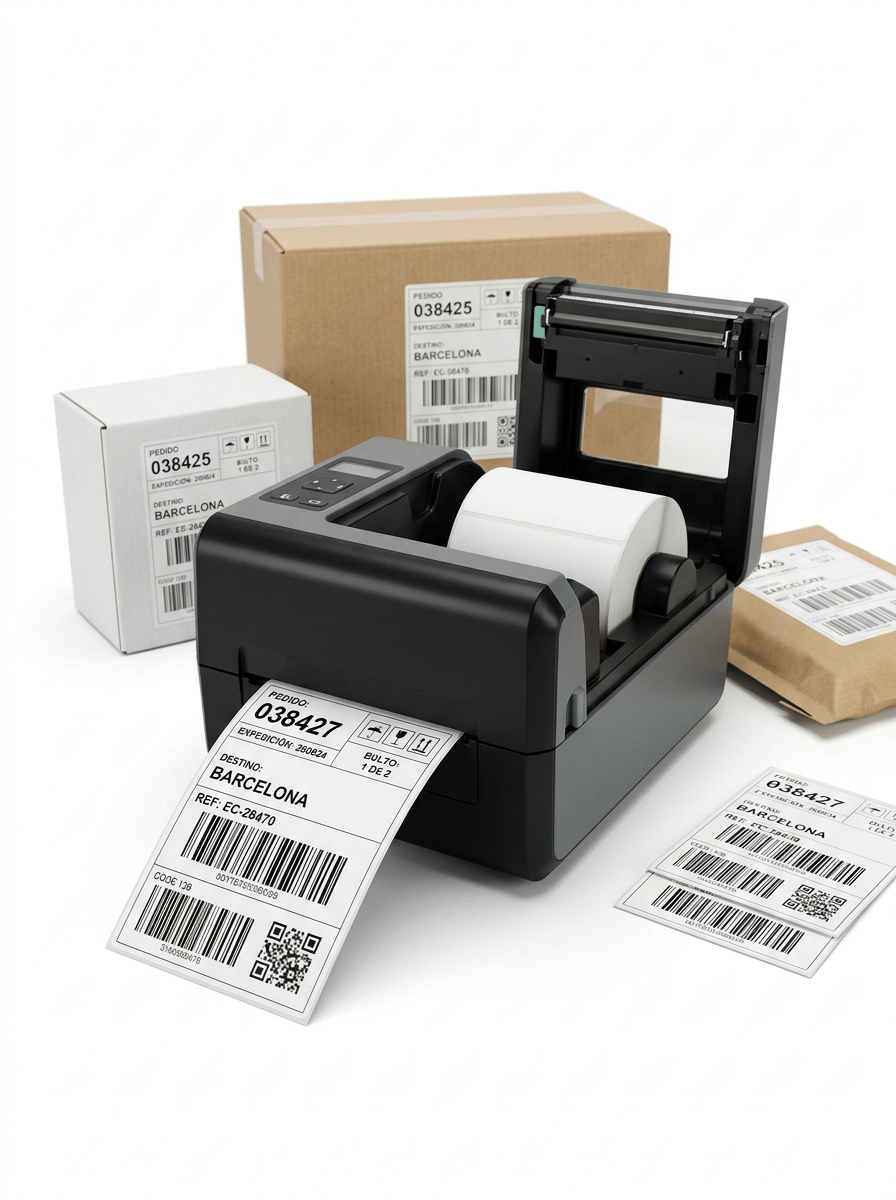 Premium professional commercial photography for a European labeling and printing solutions company, featuring a MODERN PROFESSIONAL DIRECT THERMAL LABEL PRINTER used for LOGISTICS, SHIPPING AND E-COMMERCE.

The purpose of the image is to immediately communicate:

DIRECT THERMAL LABEL PRINTING

LOGISTICS

E-COMMERCE

SHIPPING LABELS

FAST ORDER PREPARATION

BARCODES AND TRACEABILITY.

THE PROFESSIONAL DIRECT THERMAL PRINTER AND THE FRESHLY PRINTED SHIPPING LABEL ARE THE MAIN VISUAL PROTAGONISTS.

IMPORTANT:

THIS IS DIRECT THERMAL PRINTING.

NO THERMAL TRANSFER RIBBON MUST BE VISIBLE ANYWHERE IN THE IMAGE.

NO RIBBON ROLL.

NO RIBBON TAKE-UP MECHANISM.

The printer works directly with heat-sensitive self-adhesive thermal labels.


MAIN PRINTER

Place ONE modern professional COMPACT DIRECT THERMAL LABEL PRINTER prominently in the foreground.

The printer should look suitable for:

• e-commerce businesses
• shipping departments
• offices
• retail
• small and medium warehouses
• order preparation stations
• courier and logistics operations

Use a professional desktop-sized printer.

Modern compact construction.

Clean contemporary geometry.

Professional black, graphite and light gray housing.

Realistic label output slot.

Small discreet control panel.

Simple professional buttons.

No visible real brand logo.

The printer should look robust and reliable but clearly smaller and lighter than a heavy industrial printer.


PRINTING ACTION

Show the printer actively producing a LARGE WHITE SELF-ADHESIVE SHIPPING LABEL.

The label emerges naturally from the front of the machine.

The printed label is perfectly centered toward the camera and extremely sharp.

Make the physical label clearly visible:

• realistic white thermal paper
• subtle matte surface
• precise die-cut edges
• realistic thickness
• clean adhesive label construction

The label must NOT look digitally superimposed.


SHIPPING LABEL DESIGN

Create a realistic professional Spanish e-commerce shipping label.

Use visible information such as:

PEDIDO: 038427

EXPEDICIÓN: 260824

BULTO: 1 DE 2

DESTINO: BARCELONA

REF: EC-28470

Include:

• large Code 128 barcode
• secondary smaller barcode
• QR code
• routing information
• small logistics symbols
• variable data

The layout must look like a REAL PROFESSIONAL SHIPPING LABEL.

Clean.

Functional.

Modern.

Not decorative.


PRINT QUALITY

The direct thermal printing must be RAZOR-SHARP.

Show:

• dense black printing
• perfectly defined barcode lines
• clear QR modules
• precise typography
• excellent variable-data definition

No faded areas.

No broken barcode lines.

No blurry typography.

No ink appearance.

The black image must look produced by DIRECT THERMAL TECHNOLOGY.


E-COMMERCE PACKAGES

Behind and beside the printer, include approximately THREE OR FOUR clean e-commerce parcels.

Use a sophisticated mix of:

• small kraft cardboard shipping box
• medium kraft cardboard box
• white cardboard parcel
• compact kraft mailing package

The parcels must remain secondary to the printer.

Do NOT create a wall of cardboard boxes.

Do NOT create a warehouse scene.


APPLIED LABELS

Two of the parcels should already have professionally applied direct thermal shipping labels.

The labels must be clearly physical self-adhesive labels attached to the cardboard.

Show:

• barcode
• order number
• destination
• QR code
• routing data

Use slightly different variable information on each parcel.

Example:

PEDIDO 038425
BULTO 1 DE 1

and

PEDIDO 038426
BULTO 1 DE 3

This communicates VARIABLE DATA and professional order preparation.


LABEL ROLL

Show the white direct thermal label roll installed naturally inside the printer or partially visible through an open section.

The roll contains clean white die-cut self-adhesive thermal labels.

IMPORTANT:

ONLY WHITE LABEL MATERIAL.

NO BLACK RIBBON.

NO THERMAL TRANSFER FILM.

The viewer should understand that the printer works WITHOUT RIBBON.


SECONDARY LABEL FORMATS

Place two or three additional direct thermal label samples discreetly on the white surface.

Show different logistics formats:

• standard shipping label
• smaller parcel identification label
• compact barcode inventory label

All use black direct thermal printing on white thermal material.


E-COMMERCE VISUAL LANGUAGE

The image should feel modern and efficient.

Think of a contemporary professional e-commerce fulfillment workstation, but photographed in a CLEAN PREMIUM STUDIO.

Communicate:

FAST SHIPPING

ORDER PREPARATION

VARIABLE DATA

TRACEABILITY

SIMPLICITY

EFFICIENCY.


COMPOSITION

Horizontal composition suitable for a professional website image carousel.

Create three visual levels.

FOREGROUND:

professional direct thermal printer with freshly printed shipping label.

MIDDLE GROUND:

two or three parcels carrying applied labels.

BACKGROUND:

one additional parcel subtly out of focus.

Do NOT create perfect symmetry.

Use different box heights to create visual rhythm.

The printer must remain the first object the viewer notices.


BACKGROUND

PURE WHITE seamless studio background (#FFFFFF).

Clean white studio surface.

The kraft boxes provide enough natural warm contrast.

NO warehouse.

NO shelving.

NO conveyor belt.

NO factory.

NO loading dock.

NO office clutter.

NO colored wall.


LIGHTING

Premium high-key commercial studio lighting.

Use large softbox illumination.

Show:

• printer construction
• matte thermal label surface
• kraft cardboard texture
• crisp black printing
• subtle physical label edges

Use realistic soft contact shadows.

No dramatic lighting.

No artificial glow.


DEPTH OF FIELD

The printer and freshly printed shipping label must be RAZOR-SHARP.

The nearest parcel and its applied label must also remain clearly readable.

The rear packages may become subtly softer.

Do NOT create excessive background blur.


IMPORTANT DIFFERENCE FROM THERMAL TRANSFER

The image must visually communicate that this printer does NOT use ribbon.

Show the white thermal label media directly feeding through the machine.

Do NOT accidentally generate:

• black ribbon
• ribbon cartridge
• ink cartridge
• toner
• colored ink

This is DIRECT THERMAL PRINTING.


IMPORTANT DIFFERENCE FROM INDUSTRIAL PRINTER PAGE

This is a COMPACT PROFESSIONAL LOGISTICS PRINTER.

It belongs on a desk or order preparation workstation.

The future industrial printer category will feature:

• substantially larger machines
• heavier construction
• larger media capacity
• intensive warehouse operations
• demanding continuous production

DO NOT introduce those visual characteristics here.


AESTHETIC

Contemporary European B2B technology photography.

Clean.

Professional.

Efficient.

Modern.

Commercial.

Precise.

Premium but realistic.

The photograph must communicate immediately:

E-COMMERCE

LOGISTICS

SHIPPING

DIRECT THERMAL PRINTING

PROFESSIONAL LABELING.


PHOTOGRAPHIC QUALITY

Hyper-realistic direct thermal label printer.

Hyper-realistic kraft cardboard.

Realistic thermal paper.

Exceptional barcode definition.

Exceptional QR definition.

Realistic adhesive label edges.

Premium professional commercial photography.

8K ultra-high definition.


CRITICAL REQUIREMENTS:

THE PRINTER MUST BE COMPACT AND PROFESSIONAL.

A LARGE SHIPPING LABEL MUST BE CLEARLY EMERGING FROM THE PRINTER.

THERE MUST BE NO RIBBON.

THE SCENE MUST CLEARLY COMMUNICATE E-COMMERCE AND LOGISTICS.

THE PRINTER MUST REMAIN MORE IMPORTANT THAN THE CARDBOARD BOXES.

THE LABELS MUST BE PHYSICAL SELF-ADHESIVE LABELS.


NO thermal transfer ribbon.
NO black ribbon roll.
NO ribbon cartridge.
NO ink.
NO toner.
NO CMYK.
NO colorful printing.
NO receipt paper.
NO supermarket receipt.
NO giant industrial printer.
NO steel industrial chassis.
NO large external media roll.
NO warehouse.
NO conveyor belt.
NO loading dock.
NO forklift.
NO pallets.
NO factory.
NO giant pile of parcels.
NO Amazon branding.
NO courier company branding.
NO real company logos.
NO hands.
NO people.
NO floating labels.
NO floating barcodes.
NO digital overlays.
NO infographic.
NO arrows.
NO futuristic CGI.
NO gray background.
NO colored background.
NO clutter.