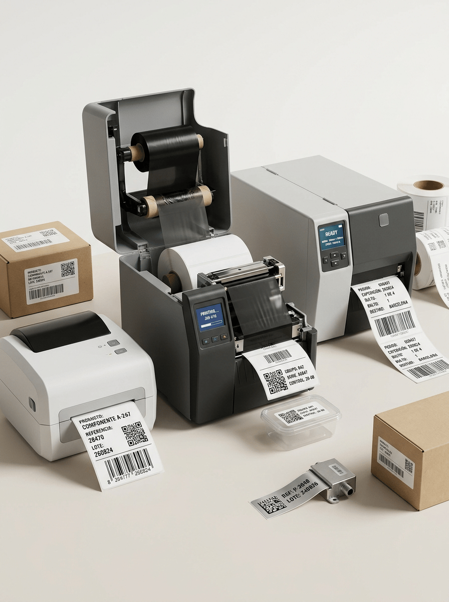 Ultra-premium editorial commercial photography for a professional European labeling and printing solutions company, featuring a COMPLETE RANGE OF PROFESSIONAL THERMAL LABEL PRINTERS.
This is a LARGE WEBSITE HERO IMAGE.
The image must immediately communicate:
PROFESSIONAL THERMAL LABEL PRINTERS
DIRECT THERMAL PRINTING
THERMAL TRANSFER PRINTING
DESKTOP AND MID-RANGE SOLUTIONS
BARCODES
QR CODES
TRACEABILITY
LOGISTICS
PRODUCT IDENTIFICATION.
THE PRINTERS ARE THE ABSOLUTE VISUAL PROTAGONISTS OF THE IMAGE.
IMPORTANT CATEGORY POSITIONING:
This image represents PROFESSIONAL DESKTOP AND MID-RANGE THERMAL PRINTERS.
It must NOT contain heavy-duty industrial printers.
The separate INDUSTRIAL PRINTERS website category will use substantially larger, heavier and more robust machines.
Keep this image visually:
COMPACT
PROFESSIONAL
CLEAN
ACCESSIBLE
TECHNICAL
MODERN.
MAIN COMPOSITION
Create a sophisticated wide horizontal editorial composition featuring THREE DIFFERENT PROFESSIONAL THERMAL LABEL PRINTERS.
The three machines must clearly differ in size and capability while belonging to the same general professional category.
PRINTER 1 — COMPACT DIRECT THERMAL
Position a small modern DIRECT THERMAL desktop label printer toward the front-left area.
Compact professional proportions.
Modern matte white, graphite and black construction.
Simple professional control panel.
Small label output slot.
A medium-size white self-adhesive identification label emerges from the printer.
IMPORTANT:
NO ribbon inside this printer.
It uses DIRECT THERMAL LABEL MATERIAL.
The machine should visually communicate:
OFFICE
RETAIL
SMALL BUSINESS
GENERAL IDENTIFICATION
E-COMMERCE.
PRINTER 2 — PROFESSIONAL THERMAL TRANSFER
Place the MAIN printer prominently in the central foreground.
This machine should be slightly larger and more substantial than Printer 1.
Use a modern professional THERMAL TRANSFER desktop / mid-range label printer.
Graphite, black and light gray professional housing.
Robust contemporary construction.
Small integrated display.
Professional physical controls.
Realistic wide label output.
Show the upper cover partially open or use a technically credible open-side perspective.
Inside clearly show:
• black thermal transfer ribbon supply roll
• ribbon take-up roll
• thin black ribbon film
• white self-adhesive label media
• realistic printhead area
A professionally printed label emerges toward the foreground.
This central printer must be the MOST IMPORTANT machine in the composition.
PRINTER 3 — HIGH-PERFORMANCE MID-RANGE
Position a third professional printer slightly behind and toward the right.
This machine is larger and higher-capacity than the other two but must STILL fit comfortably on a professional workstation.
Use a robust mid-range thermal transfer printer with:
• larger media capacity
• wider professional housing
• integrated display
• substantial desktop proportions
• professional label output
Show a continuous strip of several printed labels emerging naturally from the printer.
This printer visually communicates:
MEDIUM-HIGH VOLUME
LOGISTICS
TRACEABILITY
PROFESSIONAL PRODUCTION
without becoming an industrial heavy-duty machine.
SIZE PROGRESSION
The viewer must clearly perceive a logical progression:
SMALL COMPACT PRINTER
→
PROFESSIONAL DESKTOP PRINTER
→
HIGH-PERFORMANCE MID-RANGE PRINTER.
This progression is essential.
However, the largest printer must NOT resemble a giant industrial printer.
All three machines should realistically fit on professional desks or workstations.
PRINTED LABEL APPLICATIONS
Show several different professionally printed self-adhesive labels naturally integrated throughout the composition.
Include:
PRODUCT IDENTIFICATION LABEL
Visible Spanish text:
PRODUCTO: COMPONENTE A-247
REFERENCIA: 28470
LOTE: 260824
Include barcode and QR code.
LOGISTICS LABEL
Use a slightly larger format.
Visible text:
PEDIDO: 038427
EXPEDICIÓN: 260824
BULTO: 1 DE 4
DESTINO: BARCELONA
Include a large Code 128 barcode.
TECHNICAL IDENTIFICATION LABEL
Use:
EQUIPO: 042
SERIE: A2847
CONTROL: 26-08
Include a DataMatrix.
SMALL RETAIL / INVENTORY LABEL
Use:
REF: P-2048
LOTE: 240826
Include a compact barcode.
LABEL MATERIAL VARIETY
Show a sophisticated selection of professional self-adhesive label materials.
Include:
• white direct thermal label
• white coated paper label
• matte white polypropylene PP label
• transparent PP label
• silver polyester label
The materials must look physically different.
Do NOT create five identical white paper labels.
TRANSPARENT PP
Show subtle physical transparent film edges.
Black thermal-transfer printing.
The transparent label must clearly look like a physical self-adhesive film.
SILVER POLYESTER
Use a realistic satin silver synthetic surface.
Extremely sharp black technical printing.
This material should visually communicate durable professional identification.
PRINT QUALITY
ALL PRINTING MUST BE EXCEPTIONALLY SHARP.
Show:
• perfectly defined barcode lines
• dense solid blacks
• crisp QR codes
• precise DataMatrix structures
• fine small typography
• variable data
• serial numbering
No bleeding.
No fading.
No broken barcode lines.
No blurry typography.
APPLICATION OBJECTS
Integrate a FEW small application objects around the printers to provide context.
Use approximately 3–4 objects maximum.
Include:
• one small kraft e-commerce parcel with shipping label
• one small transparent or white plastic product container with identification label
• one compact neutral product carton
• one small metallic technical component with silver polyester label
IMPORTANT:
These objects are SECONDARY.
The printers must dominate the composition.
Do NOT create a warehouse scene.
Do NOT create a packaging product composition.
The image is selling PRINTERS.
THERMAL TECHNOLOGY DIFFERENTIATION
The image should visually show both technologies without using infographic graphics.
DIRECT THERMAL PRINTER:
white thermal label roll only.
NO ribbon.
THERMAL TRANSFER PRINTERS:
white label material combined with clearly visible black thermal transfer ribbon.
This difference must be technically credible.
COMPOSITION
Create a sophisticated WIDE HORIZONTAL composition suitable for a large website hero banner.
Do NOT arrange the three printers in a rigid straight line.
Use a staggered editorial arrangement.
Suggested positioning:
COMPACT PRINTER:
front-left.
MAIN THERMAL TRANSFER PRINTER:
central foreground.
HIGH-PERFORMANCE PRINTER:
slightly rear-right.
Use the different printer heights to create visual rhythm.
Printed labels naturally extend toward the foreground.
Small application objects occupy secondary spaces between and around the machines.
Leave generous negative space around the overall composition for website layout flexibility.
BACKGROUND
Use a VERY LIGHT WARM NEUTRAL BACKGROUND.
Elegant warm off-white.
Extremely pale ivory.
Very light limestone.
Almost white.
The background should provide slightly more depth than the pure white backgrounds used for the individual carousel images.
Use a subtle premium studio surface in the same tone.
NO strong beige.
NO medium gray.
NO dark technical background.
NO warehouse.
NO factory.
NO office environment.
LIGHTING
Premium professional commercial studio lighting.
Large softbox illumination combined with subtle directional highlights.
Lighting must reveal:
• different printer sizes
• matte and satin machine surfaces
• internal thermal transfer mechanism
• black ribbon film
• white thermal label material
• paper labels
• synthetic labels
• transparent PP
• silver polyester
• exceptional barcode definition
Use elegant soft contact shadows beneath the machines.
No dramatic contrast.
No artificial glow.
DEPTH OF FIELD
The central thermal transfer printer and its printed label must be RAZOR-SHARP.
The compact printer must also remain clearly defined.
The rear mid-range printer may have only a VERY SUBTLE natural softness.
All three machines must remain clearly recognizable.
Do NOT create strong cinematic blur.
DESIGN LANGUAGE
The three printers should look contemporary and professional but NOT identical.
Use subtle differences in:
• proportions
• control panels
• housing geometry
• label output
• size
However, maintain a coherent professional visual language.
No visible real brand logos.
Avoid futuristic concept-product design.
These must look like REAL commercially available professional thermal label printers.
VISUAL HIERARCHY
FIRST:
THE THREE PROFESSIONAL THERMAL PRINTERS.
SECOND:
THE LABELS BEING PRINTED.
THIRD:
THE DIFFERENT PROFESSIONAL APPLICATIONS.
The viewer must immediately understand that the company supplies PROFESSIONAL THERMAL LABEL PRINTERS.
AESTHETIC
Contemporary European professional technology photography.
Premium.
Clean.
Precise.
Technical.
Modern.
Reliable.
Professional.
Accessible.
The overall image should communicate:
VERSATILITY
PRINT QUALITY
TRACEABILITY
PRODUCTIVITY
PROFESSIONAL IDENTIFICATION
DIRECT THERMAL + THERMAL TRANSFER.
PHOTOGRAPHIC QUALITY
Hyper-realistic professional thermal printers.
Technically credible thermal transfer mechanisms.
Realistic direct thermal media.
Realistic thermal transfer ribbon.
Hyper-realistic self-adhesive labels.
Exceptional barcode definition.
Exceptional QR and DataMatrix definition.
Premium contemporary B2B technology photography.
8K ultra-high definition.
CRITICAL DIFFERENTIATION FROM THE NEXT INDUSTRIAL PRINTER PAGE:
NO printer in this image should look like heavy-duty industrial manufacturing equipment.
DO NOT use:
massive metal chassis,
huge external label rolls,
large floor-standing equipment,
factory production environments,
continuous manufacturing lines,
industrial conveyors,
heavy machinery.
The visual concept is:
COMPACT + PROFESSIONAL + MID-RANGE.
The NEXT PAGE will represent: