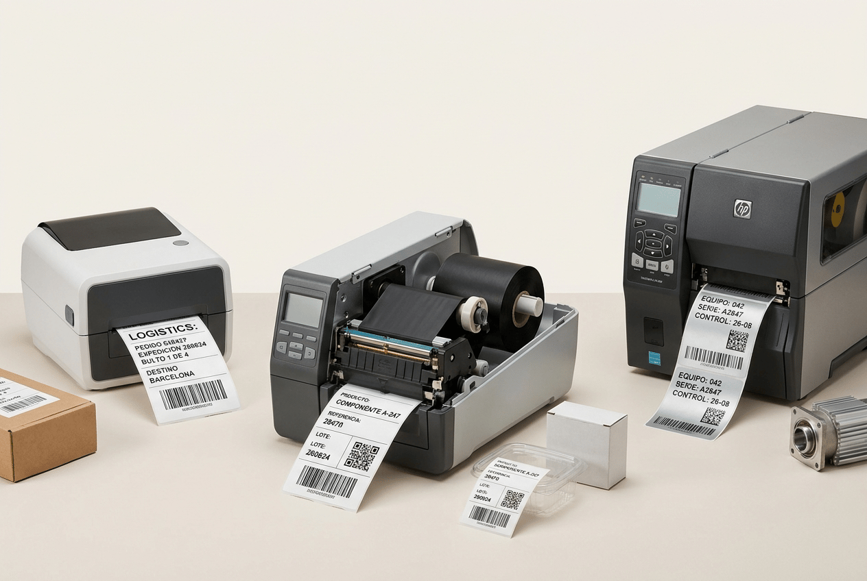 Ultra-premium editorial commercial photography for a professional European labeling and printing solutions company, featuring a COMPLETE RANGE OF PROFESSIONAL THERMAL LABEL PRINTERS.
This is a LARGE WEBSITE HERO IMAGE.
The image must immediately communicate:
PROFESSIONAL THERMAL LABEL PRINTERS
DIRECT THERMAL PRINTING
THERMAL TRANSFER PRINTING
DESKTOP AND MID-RANGE SOLUTIONS
BARCODES
QR CODES
TRACEABILITY
LOGISTICS
PRODUCT IDENTIFICATION.
THE PRINTERS ARE THE ABSOLUTE VISUAL PROTAGONISTS OF THE IMAGE.
IMPORTANT CATEGORY POSITIONING:
This image represents PROFESSIONAL DESKTOP AND MID-RANGE THERMAL PRINTERS.
It must NOT contain heavy-duty industrial printers.
The separate INDUSTRIAL PRINTERS website category will use substantially larger, heavier and more robust machines.
Keep this image visually:
COMPACT
PROFESSIONAL
CLEAN
ACCESSIBLE
TECHNICAL
MODERN.
MAIN COMPOSITION
Create a sophisticated wide horizontal editorial composition featuring THREE DIFFERENT PROFESSIONAL THERMAL LABEL PRINTERS.
The three machines must clearly differ in size and capability while belonging to the same general professional category.
PRINTER 1 — COMPACT DIRECT THERMAL
Position a small modern DIRECT THERMAL desktop label printer toward the front-left area.
Compact professional proportions.
Modern matte white, graphite and black construction.
Simple professional control panel.
Small label output slot.
A medium-size white self-adhesive identification label emerges from the printer.
IMPORTANT:
NO ribbon inside this printer.
It uses DIRECT THERMAL LABEL MATERIAL.
The machine should visually communicate:
OFFICE
RETAIL
SMALL BUSINESS
GENERAL IDENTIFICATION
E-COMMERCE.
PRINTER 2 — PROFESSIONAL THERMAL TRANSFER
Place the MAIN printer prominently in the central foreground.
This machine should be slightly larger and more substantial than Printer 1.
Use a modern professional THERMAL TRANSFER desktop / mid-range label printer.
Graphite, black and light gray professional housing.
Robust contemporary construction.
Small integrated display.
Professional physical controls.
Realistic wide label output.
Show the upper cover partially open or use a technically credible open-side perspective.
Inside clearly show:
• black thermal transfer ribbon supply roll
• ribbon take-up roll
• thin black ribbon film
• white self-adhesive label media
• realistic printhead area
A professionally printed label emerges toward the foreground.
This central printer must be the MOST IMPORTANT machine in the composition.
PRINTER 3 — HIGH-PERFORMANCE MID-RANGE
Position a third professional printer slightly behind and toward the right.
This machine is larger and higher-capacity than the other two but must STILL fit comfortably on a professional workstation.
Use a robust mid-range thermal transfer printer with:
• larger media capacity
• wider professional housing
• integrated display
• substantial desktop proportions
• professional label output
Show a continuous strip of several printed labels emerging naturally from the printer.
This printer visually communicates:
MEDIUM-HIGH VOLUME
LOGISTICS
TRACEABILITY
PROFESSIONAL PRODUCTION
without becoming an industrial heavy-duty machine.
SIZE PROGRESSION
The viewer must clearly perceive a logical progression:
SMALL COMPACT PRINTER
→
PROFESSIONAL DESKTOP PRINTER
→
HIGH-PERFORMANCE MID-RANGE PRINTER.
This progression is essential.
However, the largest printer must NOT resemble a giant industrial printer.
All three machines should realistically fit on professional desks or workstations.
PRINTED LABEL APPLICATIONS
Show several different professionally printed self-adhesive labels naturally integrated throughout the composition.
Include:
PRODUCT IDENTIFICATION LABEL
Visible Spanish text:
PRODUCTO: COMPONENTE A-247
REFERENCIA: 28470
LOTE: 260824
Include barcode and QR code.
LOGISTICS LABEL
Use a slightly larger format.
Visible text:
PEDIDO: 038427
EXPEDICIÓN: 260824
BULTO: 1 DE 4
DESTINO: BARCELONA
Include a large Code 128 barcode.
TECHNICAL IDENTIFICATION LABEL
Use:
EQUIPO: 042
SERIE: A2847
CONTROL: 26-08
Include a DataMatrix.
SMALL RETAIL / INVENTORY LABEL
Use:
REF: P-2048
LOTE: 240826
Include a compact barcode.
LABEL MATERIAL VARIETY
Show a sophisticated selection of professional self-adhesive label materials.
Include:
• white direct thermal label
• white coated paper label
• matte white polypropylene PP label
• transparent PP label
• silver polyester label
The materials must look physically different.
Do NOT create five identical white paper labels.
TRANSPARENT PP
Show subtle physical transparent film edges.
Black thermal-transfer printing.
The transparent label must clearly look like a physical self-adhesive film.
SILVER POLYESTER
Use a realistic satin silver synthetic surface.
Extremely sharp black technical printing.
This material should visually communicate durable professional identification.
PRINT QUALITY
ALL PRINTING MUST BE EXCEPTIONALLY SHARP.
Show:
• perfectly defined barcode lines
• dense solid blacks
• crisp QR codes
• precise DataMatrix structures
• fine small typography
• variable data
• serial numbering
No bleeding.
No fading.
No broken barcode lines.
No blurry typography.
APPLICATION OBJECTS
Integrate a FEW small application objects around the printers to provide context.
Use approximately 3–4 objects maximum.
Include:
• one small kraft e-commerce parcel with shipping label
• one small transparent or white plastic product container with identification label
• one compact neutral product carton
• one small metallic technical component with silver polyester label
IMPORTANT:
These objects are SECONDARY.
The printers must dominate the composition.
Do NOT create a warehouse scene.
Do NOT create a packaging product composition.
The image is selling PRINTERS.
THERMAL TECHNOLOGY DIFFERENTIATION
The image should visually show both technologies without using infographic graphics.
DIRECT THERMAL PRINTER:
white thermal label roll only.
NO ribbon.
THERMAL TRANSFER PRINTERS:
white label material combined with clearly visible black thermal transfer ribbon.
This difference must be technically credible.
COMPOSITION
Create a sophisticated WIDE HORIZONTAL composition suitable for a large website hero banner.
Do NOT arrange the three printers in a rigid straight line.
Use a staggered editorial arrangement.
Suggested positioning:
COMPACT PRINTER:
front-left.
MAIN THERMAL TRANSFER PRINTER:
central foreground.
HIGH-PERFORMANCE PRINTER:
slightly rear-right.
Use the different printer heights to create visual rhythm.
Printed labels naturally extend toward the foreground.
Small application objects occupy secondary spaces between and around the machines.
Leave generous negative space around the overall composition for website layout flexibility.
BACKGROUND
Use a VERY LIGHT WARM NEUTRAL BACKGROUND.
Elegant warm off-white.
Extremely pale ivory.
Very light limestone.
Almost white.
The background should provide slightly more depth than the pure white backgrounds used for the individual carousel images.
Use a subtle premium studio surface in the same tone.
NO strong beige.
NO medium gray.
NO dark technical background.
NO warehouse.
NO factory.
NO office environment.
LIGHTING
Premium professional commercial studio lighting.
Large softbox illumination combined with subtle directional highlights.
Lighting must reveal:
• different printer sizes
• matte and satin machine surfaces
• internal thermal transfer mechanism
• black ribbon film
• white thermal label material
• paper labels
• synthetic labels
• transparent PP
• silver polyester
• exceptional barcode definition
Use elegant soft contact shadows beneath the machines.
No dramatic contrast.
No artificial glow.
DEPTH OF FIELD
The central thermal transfer printer and its printed label must be RAZOR-SHARP.
The compact printer must also remain clearly defined.
The rear mid-range printer may have only a VERY SUBTLE natural softness.
All three machines must remain clearly recognizable.
Do NOT create strong cinematic blur.
DESIGN LANGUAGE
The three printers should look contemporary and professional but NOT identical.
Use subtle differences in:
• proportions
• control panels
• housing geometry
• label output
• size
However, maintain a coherent professional visual language.
No visible real brand logos.
Avoid futuristic concept-product design.
These must look like REAL commercially available professional thermal label printers.
VISUAL HIERARCHY
FIRST:
THE THREE PROFESSIONAL THERMAL PRINTERS.
SECOND:
THE LABELS BEING PRINTED.
THIRD:
THE DIFFERENT PROFESSIONAL APPLICATIONS.
The viewer must immediately understand that the company supplies PROFESSIONAL THERMAL LABEL PRINTERS.
AESTHETIC
Contemporary European professional technology photography.
Premium.
Clean.
Precise.
Technical.
Modern.
Reliable.
Professional.
Accessible.
The overall image should communicate:
VERSATILITY
PRINT QUALITY
TRACEABILITY
PRODUCTIVITY
PROFESSIONAL IDENTIFICATION
DIRECT THERMAL + THERMAL TRANSFER.
PHOTOGRAPHIC QUALITY
Hyper-realistic professional thermal printers.
Technically credible thermal transfer mechanisms.
Realistic direct thermal media.
Realistic thermal transfer ribbon.
Hyper-realistic self-adhesive labels.
Exceptional barcode definition.
Exceptional QR and DataMatrix definition.
Premium contemporary B2B technology photography.
8K ultra-high definition.
CRITICAL DIFFERENTIATION FROM THE NEXT INDUSTRIAL PRINTER PAGE:
NO printer in this image should look like heavy-duty industrial manufacturing equipment.
DO NOT use:
massive metal chassis,
huge external label rolls,
large floor-standing equipment,
factory production environments,
continuous manufacturing lines,
industrial conveyors,
heavy machinery.
The visual concept is:
COMPACT + PROFESSIONAL + MID-RANGE.
The NEXT PAGE will represent: