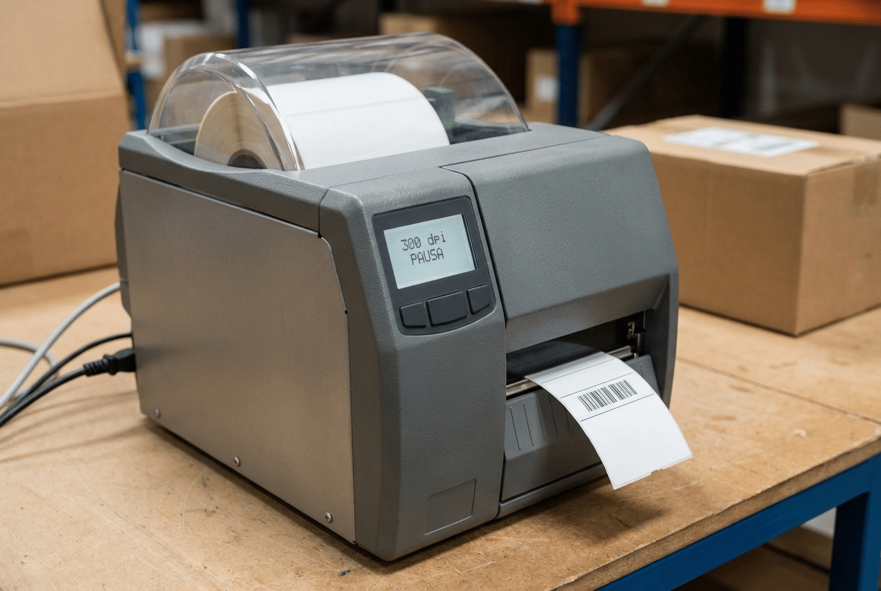 CRITICAL BRANDING REQUIREMENT:

ALL PRINTERS MUST BE COMPLETELY UNBRANDED.

DO NOT display ANY manufacturer name, company name, logo, symbol, badge, emblem or recognizable brand identity anywhere on the printers.

The printer housings must have completely clean surfaces with NO branding.

ABSOLUTELY NO HP OR HEWLETT-PACKARD LOGO.

HP DOES NOT MANUFACTURE THIS TYPE OF THERMAL LABEL PRINTER AND MUST NOT APPEAR ANYWHERE IN THE IMAGE.

Also DO NOT display logos or names from:

Zebra
TSC
Honeywell
SATO
Brother
Epson
Citizen
Toshiba
Bixolon
Godex
cab
Datamax
Intermec
Printronix
or ANY other real printer manufacturer.

The machines may use the GENERAL industrial design language and realistic proportions of professional thermal label printers, but they MUST NOT copy the identifiable design of a specific commercial model.

Create realistic GENERIC PROFESSIONAL THERMAL LABEL PRINTERS with:

• completely blank printer housings
• no logo areas
• no manufacturer badges
• no printed brand names
• no recognizable trademark symbols
• no fake invented logos
• no fake manufacturer names

IMPORTANT:

DO NOT replace a real brand with an invented fictional brand.

THE PRINTERS MUST HAVE NO BRANDING AT ALL.

Any small screen integrated into the printer may display ONLY neutral technical information such as:

LISTA

203 dpi

300 dpi

ETIQUETAS

PAUSA

It must NEVER display a manufacturer logo or company name.