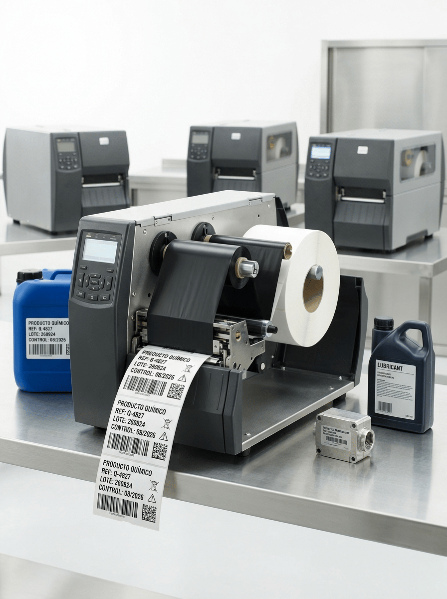Premium professional commercial photography for a European industrial labeling company, featuring a HEAVY-DUTY INDUSTRIAL THERMAL TRANSFER LABEL PRINTER producing durable synthetic labels for demanding industrial environments.

MAIN SUBJECT:
One robust industrial thermal transfer printer centered in the foreground, completely visible. THREE similar industrial printers are positioned behind it at different depths, creating a professional production-fleet effect.

The front printer is the absolute protagonist.

PRINTER:
Large workstation-sized industrial machine with robust metal chassis, matte graphite and brushed stainless-steel surfaces, reinforced covers, ventilation details, solid hinges, professional control panel and integrated display.

It must look substantially larger, heavier and more durable than a desktop thermal printer.

THERMAL TRANSFER:
Show part of the front printer open enough to clearly reveal:
• black thermal transfer ribbon
• ribbon supply roll
• ribbon take-up roll
• large white synthetic label roll
• realistic thermal printhead mechanism

A strip of durable synthetic labels emerges naturally from the printer.

LABEL MATERIAL:
Use MATTE WHITE POLYESTER or industrial PP self-adhesive labels.

The synthetic material must be visually distinguishable from ordinary paper: smooth dense surface, precise die-cut edges and subtle satin finish.

Show extremely sharp black printing.

Visible Spanish text:

PRODUCTO QUÍMICO
REF: Q-4827
LOTE: 260824
CONTROL: 08/2026

Include:
• Code 128 barcode
• DataMatrix
• small technical identification symbols

APPLICATION:
Beside the printer place THREE different industrial objects demonstrating demanding applications:

• one blue chemical container with a durable white synthetic identification label
• one small metallic industrial component with a silver polyester traceability label
• one dark plastic lubricant or technical-fluid container with a resistant white label

Keep all objects secondary to the printer.

Labels must be physically applied to the objects and clearly visible.

The scene should visually communicate resistance to:

CHEMICALS
OILS
MOISTURE
ABRASION
INDUSTRIAL HANDLING

Do not add infographic icons or floating graphics to explain this.

COMPOSITION:
Wide horizontal website carousel image.

Main printer occupies approximately 35–40% of the composition.

Three background printers remain clearly recognizable but slightly softer.

Industrial application objects are arranged naturally around the foreground printer without overcrowding.

Leave generous negative space.

BACKGROUND:
Clean, bright, modern industrial technical environment.

Predominantly WHITE and extremely light neutral tones with a subtle stainless-steel work surface.

No dark factory environment.

No warehouse clutter.

LIGHTING:
Premium high-key industrial studio photography. Controlled soft lighting revealing metal chassis, black ribbon, synthetic label texture and extremely sharp printing.

Main printer, printed labels and nearest applications razor-sharp. Subtle natural depth of field behind.

BRANDING:
ALL PRINTERS AND PRODUCTS COMPLETELY UNBRANDED.

No manufacturer names, logos, badges or fictional brands.

Absolutely NO HP logo and NO recognizable printer manufacturer branding.

STYLE:
Contemporary European B2B industrial technology photography, clean, robust, technical, precise, premium, hyper-realistic, 8K.

NO compact desktop printer.
NO office printer.
NO receipt printer.
NO inkjet printer.
NO laser printer.
NO printing press.
NO flexographic machine.
NO floor-standing giant printer.
NO people.
NO hands.
NO real logos.
NO invented brands.
NO dark background.
NO CGI effects.
NO floating graphics.
NO excessive text.