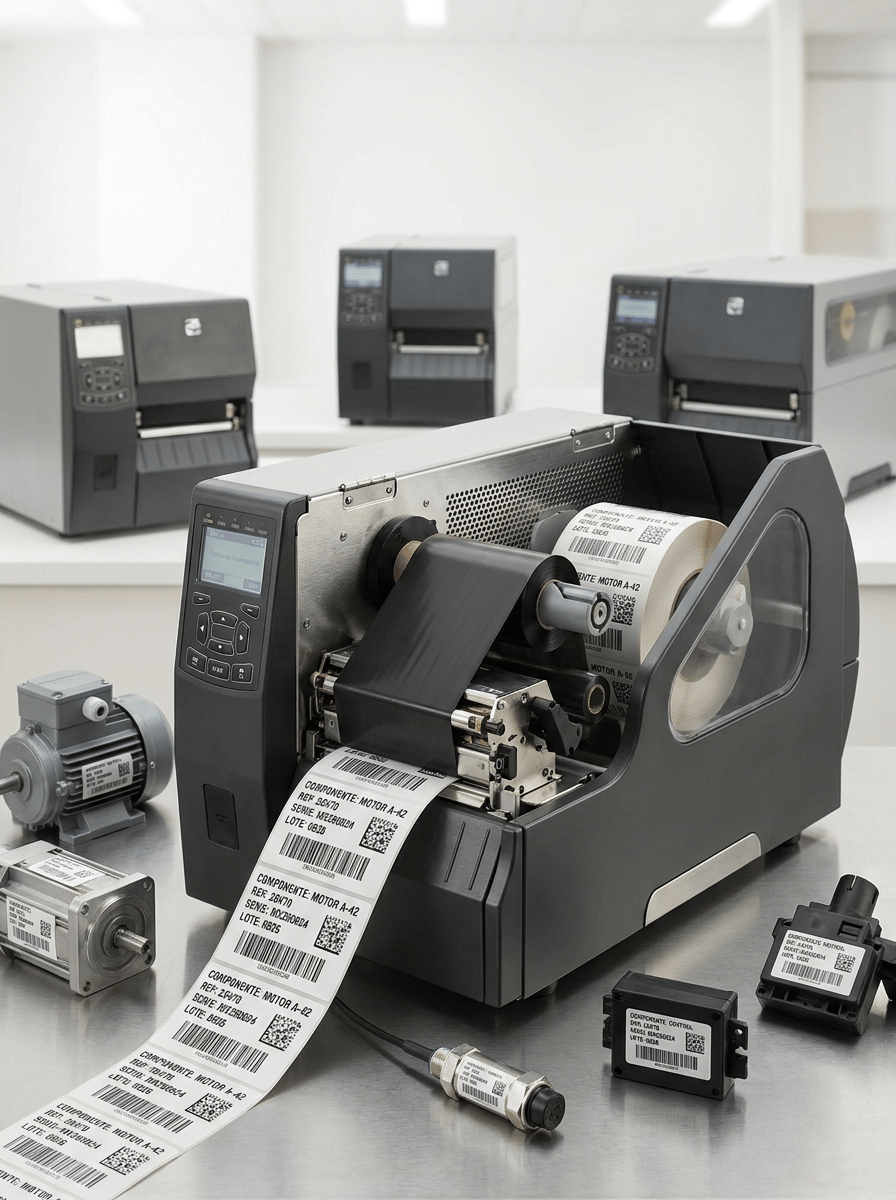 Premium professional commercial photography for a European industrial labeling company, featuring a HEAVY-DUTY INDUSTRIAL THERMAL TRANSFER PRINTER producing professional traceability labels for technical components and manufacturing.

MAIN SUBJECT:
One robust industrial thermal transfer label printer prominently positioned in the foreground, completely visible. THREE similar industrial printers appear behind it at different depths, creating a professional high-volume production environment.

The front printer is the absolute protagonist.

PRINTER:
Large workstation-sized industrial machine with robust metal chassis, matte graphite surfaces, brushed stainless-steel details, reinforced covers, ventilation areas, professional control panel and integrated display.

Clearly larger and more durable than a desktop thermal printer, but NOT a giant floor-standing printing machine.

THERMAL TRANSFER:
Show the main printer partially open, revealing:
• black thermal transfer ribbon
• ribbon supply and take-up rolls
• large synthetic label roll
• realistic thermal printhead mechanism

A continuous strip of professional identification labels emerges from the printer.

LABEL DESIGN:
Use durable matte white and silver polyester self-adhesive labels.

Extremely sharp black printing.

Visible Spanish technical information:

COMPONENTE: MOTOR A-42
REF: 28470
SERIE: MX260824
LOTE: 0826

Include precise:
• Code 128 barcode
• DataMatrix
• serial numbers
• small technical symbols

APPLICATIONS:
Arrange several realistic technical components around the printer:

• compact electric motor component
• metallic mechanical part
• industrial sensor
• small black electronic control module
• technical plastic component

Each component carries a professionally applied traceability label.

Use different label sizes according to the component.

The labels must look physically attached to the surfaces, with realistic edges and perfect adhesion.

One metallic component should use a SILVER POLYESTER label.

One black component should use a WHITE POLYESTER label for strong contrast.

VISUAL MESSAGE:
The image must immediately communicate:

INDUSTRIAL TRACEABILITY
SERIALIZATION
COMPONENT IDENTIFICATION
BARCODES
DATAMATRIX
DURABLE LABELS
PRODUCTION CONTROL

Do NOT explain these concepts with floating text or graphics.

COMPOSITION:
Wide horizontal website carousel image.

Main printer occupies approximately 35–40% of the frame.

Three background printers remain visible but secondary.

Technical components are distributed naturally across the foreground, creating visual richness without clutter.

Do not place everything in a rigid straight line.

Leave generous clean negative space.

BACKGROUND:
Bright modern industrial technical environment.

Predominantly white and extremely light neutral tones with a subtle stainless-steel work surface.

Very clean, premium and professional.

No dark factory.

No warehouse.

LIGHTING:
High-end industrial studio photography with soft controlled illumination.

Highlight:
• metal printer construction
• black ribbon
• silver polyester
• white synthetic labels
• metallic components
• barcode and DataMatrix definition

Main printer and foreground labels razor-sharp. Background printers subtly defocused.

BRANDING:
ALL PRINTERS AND COMPONENTS COMPLETELY UNBRANDED.

No manufacturer logos, company names, badges or invented brands.

Absolutely NO HP branding and no recognizable real printer manufacturer logos.

STYLE:
Contemporary European B2B industrial technology photography, technical, robust, precise, clean, premium, realistic, 8K.

NO compact desktop printer.
NO office environment.
NO giant shipping boxes.
NO warehouse scene.
NO giant floor-standing printer.
NO printing press.
NO flexographic machine.
NO inkjet printer.
NO laser printer.
NO people.
NO hands.
NO real logos.
NO fictional brands.
NO dark background.
NO futuristic CGI.
NO floating graphics.