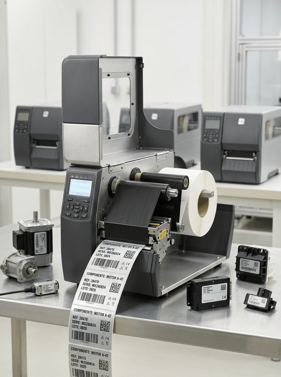 Premium professional commercial photography for a European industrial labeling company, featuring a HEAVY-DUTY INDUSTRIAL THERMAL TRANSFER PRINTER producing professional traceability labels for technical components and manufacturing.
MAIN SUBJECT:
One robust industrial thermal transfer label printer prominently positioned in the foreground, completely visible. THREE similar industrial printers appear behind it at different depths, creating a professional high-volume production environment.
The front printer is the absolute protagonist.
PRINTER:
Large workstation-sized industrial machine with robust metal chassis, matte graphite surfaces, brushed stainless-steel details, reinforced covers, ventilation areas, professional control panel and integrated display.
Clearly larger and more durable than a desktop thermal printer, but NOT a giant floor-standing printing machine.
THERMAL TRANSFER:
Show the main printer partially open, revealing:
• black thermal transfer ribbon
• ribbon supply and take-up rolls
• large synthetic label roll
• realistic thermal printhead mechanism
A continuous strip of professional identification labels emerges from the printer.
LABEL DESIGN:
Use durable matte white and silver polyester self-adhesive labels.
Extremely sharp black printing.
Visible Spanish technical information:
COMPONENTE: MOTOR A-42
REF: 28470
SERIE: MX260824
LOTE: 0826
Include precise:
• Code 128 barcode
• DataMatrix
• serial numbers
• small technical symbols
APPLICATIONS:
Arrange several realistic technical components around the printer:
• compact electric motor component
• metallic mechanical part
• industrial sensor
• small black electronic control module
• technical plastic component
Each component carries a professionally applied traceability label.
Use different label sizes according to the component.
The labels must look physically attached to the surfaces, with realistic edges and perfect adhesion.
One metallic component should use a SILVER POLYESTER label.
One black component should use a WHITE POLYESTER label for strong contrast.
VISUAL MESSAGE:
The image must immediately communicate:
INDUSTRIAL TRACEABILITY
SERIALIZATION
COMPONENT IDENTIFICATION
BARCODES
DATAMATRIX
DURABLE LABELS
PRODUCTION CONTROL
Do NOT explain these concepts with floating text or graphics.
COMPOSITION:
Wide horizontal website carousel image.
Main printer occupies approximately 35–40% of the frame.
Three background printers remain visible but secondary.
Technical components are distributed naturally across the foreground, creating visual richness without clutter.
Do not place everything in a rigid straight line.
Leave generous clean negative space.
BACKGROUND:
Bright modern industrial technical environment.
Predominantly white and extremely light neutral tones with a subtle stainless-steel work surface.
Very clean, premium and professional.
No dark factory.
No warehouse.
LIGHTING:
High-end industrial studio photography with soft controlled illumination.
Highlight:
• metal printer construction
• black ribbon
• silver polyester
• white synthetic labels
• metallic components
• barcode and DataMatrix definition
Main printer and foreground labels razor-sharp. Background printers subtly defocused.
BRANDING:
ALL PRINTERS AND COMPONENTS COMPLETELY UNBRANDED.
No manufacturer logos, company names, badges or invented brands.
Absolutely NO HP branding and no recognizable real printer manufacturer logos.
STYLE:
Contemporary European B2B industrial technology photography, technical, robust, precise, clean, premium, realistic, 8K.
NO compact desktop printer.
NO office environment.
NO giant shipping boxes.
NO warehouse scene.
NO giant floor-standing printer.
NO printing press.
NO flexographic machine.
NO inkjet printer.
NO laser printer.
NO people.
NO hands.
NO real logos.
NO fictional brands.
NO dark background.
NO futuristic CGI.
NO floating graphics.