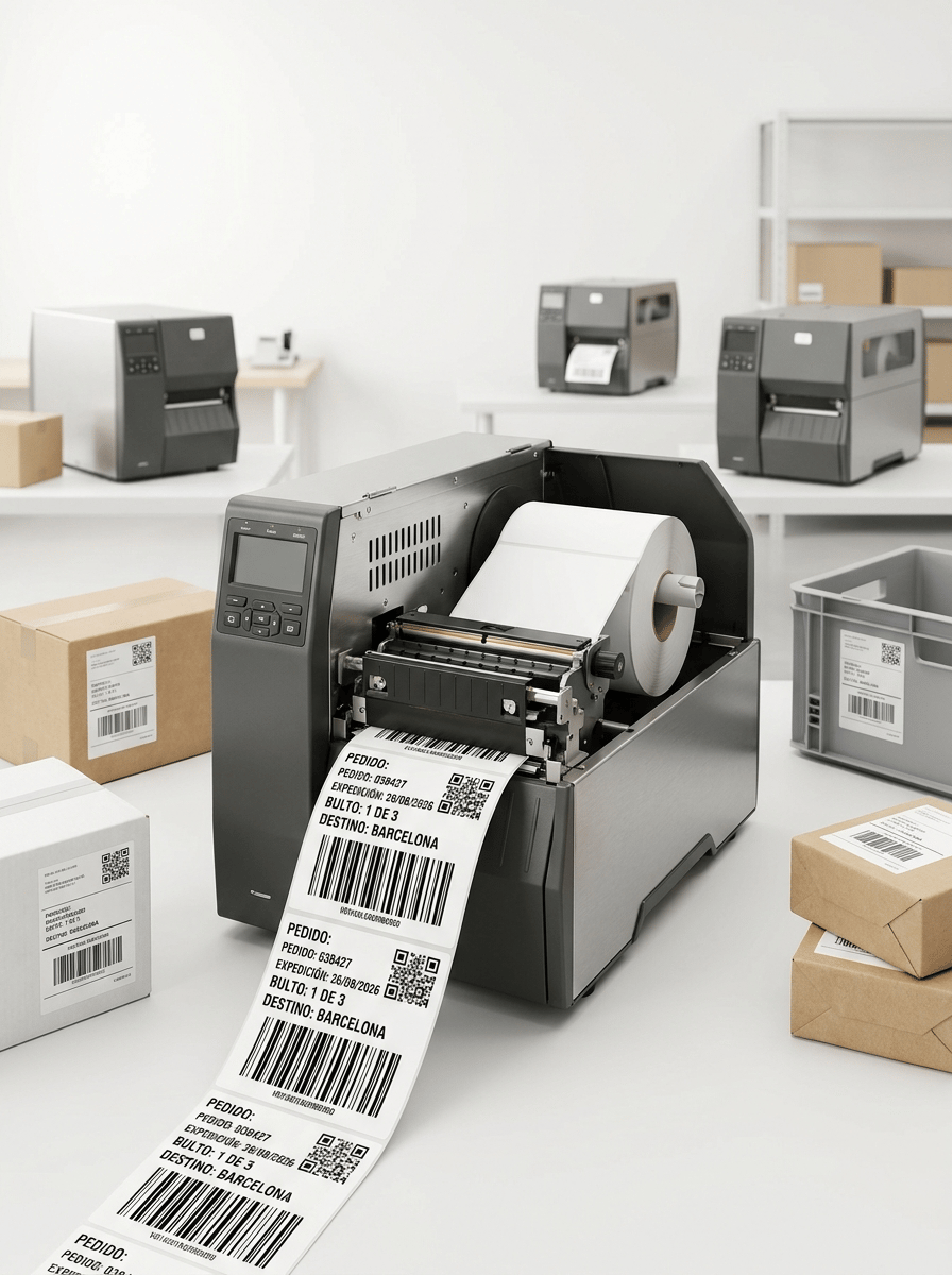 Premium professional commercial photography for a European industrial labeling company, featuring a HIGH-PERFORMANCE INDUSTRIAL DIRECT THERMAL LABEL PRINTER for logistics, distribution and e-commerce.
MAIN SUBJECT:
One robust industrial direct thermal printer centered in the foreground, completely visible. THREE similar industrial printers are positioned behind it at different depths, creating a professional high-volume printing environment.
The front printer is the absolute protagonist.
PRINTER:
Large workstation-sized industrial machine with robust metal chassis, matte graphite and brushed stainless-steel details, reinforced construction, ventilation areas, professional control panel and integrated display.
It must clearly look larger, stronger and more productive than a desktop thermal printer.
DIRECT THERMAL TECHNOLOGY:
THIS PRINTER DOES NOT USE RIBBON.
Inside the partially open printer show:
• large roll of white direct thermal self-adhesive labels
• realistic media path
• industrial printhead mechanism
• large internal media capacity
ABSOLUTELY NO BLACK RIBBON, NO RIBBON SUPPLY ROLL AND NO RIBBON TAKE-UP ROLL.
PRINTING:
A continuous strip of LARGE DIRECT THERMAL SHIPPING LABELS emerges naturally from the printer.
Show approximately 4–5 labels.
The printing must be pure black, extremely sharp and professional.
VISIBLE SPANISH TEXT:
PEDIDO: 038427
EXPEDICIÓN: 26/08/2026
BULTO: 1 DE 3
DESTINO: BARCELONA
Include:
• large Code 128 barcode
• QR code
• routing information
• variable numbering
APPLICATIONS:
Around the printer show a small selection of realistic logistics applications:
• medium kraft e-commerce parcel with large shipping label
• white shipping carton with logistics label
• reusable gray plastic logistics container with identification label
• small stack of two prepared parcels ready for dispatch
All labels must be physically applied and clearly visible.
Do NOT create a huge warehouse scene.
The image must communicate:
HIGH-SPEED PRINTING
LOGISTICS
E-COMMERCE
SHIPPING LABELS
VARIABLE DATA
BARCODES
HIGH-VOLUME DIRECT THERMAL PRINTING
COMPOSITION:
Wide horizontal website carousel image.
Main industrial printer occupies approximately 35–40% of the frame.
Three background printers remain visible but secondary.
Arrange parcels naturally around the machine without hiding it.
Leave generous negative space.
BACKGROUND:
Bright, clean, modern logistics workspace in predominantly WHITE and very light neutral tones.
Subtle industrial work surface and minimal shelving or logistics elements may appear softly in the distant background.
Keep the environment premium and uncluttered.
LIGHTING:
High-key professional industrial photography. Soft controlled lighting emphasizing the robust printer construction, white thermal material and exceptionally sharp black printing.
Main printer and emerging shipping labels razor-sharp. Background printers slightly defocused.
BRANDING:
ALL PRINTERS AND PARCELS COMPLETELY UNBRANDED.
No manufacturer names, logos, badges or fictional brands.
Absolutely NO HP branding and no recognizable real printer manufacturer logos.
STYLE:
Contemporary European B2B logistics technology photography, clean, robust, productive, precise, premium, hyper-realistic, 8K.
CRITICAL:
This is an INDUSTRIAL DIRECT THERMAL PRINTER.
NO RIBBON OF ANY KIND must appear anywhere in the image.
NO compact desktop printer.
NO black ribbon.
NO thermal transfer ribbon.
NO ribbon rolls.
NO ink.
NO toner.
NO office printer.
NO receipt printer.
NO inkjet printer.
NO laser printer.
NO printing press.
NO giant floor-standing machine.
NO conveyor dominating the image.
NO people.
NO hands.
NO real logos.
NO invented brands.
NO dark background.
NO CGI.
NO floating graphics.