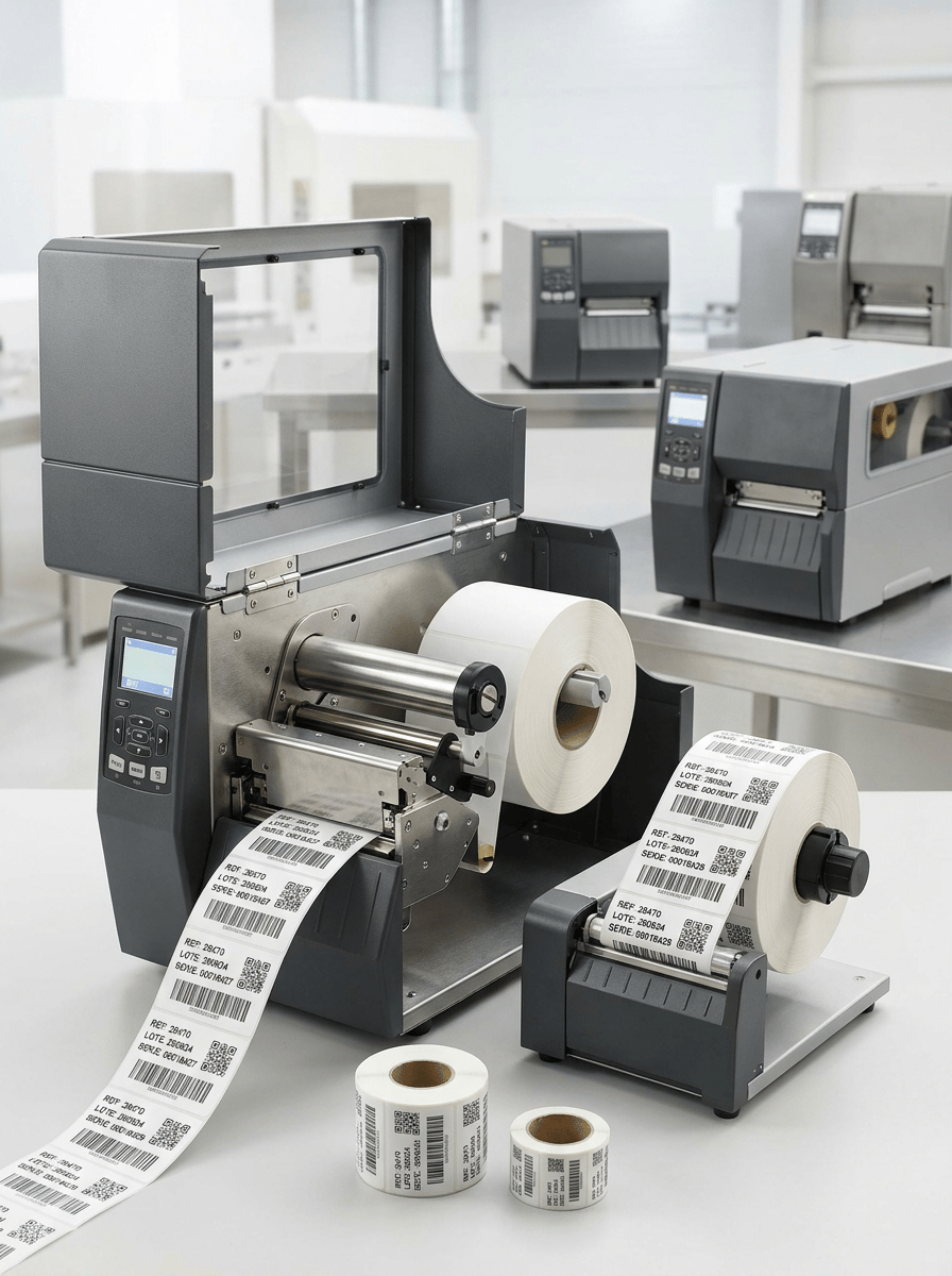 Premium professional commercial photography for a European industrial labeling company, featuring a HIGH-PERFORMANCE INDUSTRIAL DIRECT THERMAL LABEL PRINTER designed for continuous high-volume label production.

MAIN SUBJECT:
One robust industrial direct thermal printer prominently positioned in the foreground, completely visible. THREE similar industrial printers are arranged behind it at different depths, creating a professional high-capacity production environment.

The front printer is the absolute protagonist.

PRINTER:
Large workstation-sized industrial machine with robust metal chassis, matte graphite surfaces, brushed stainless-steel details, reinforced covers, ventilation details, professional control panel and integrated display.

It must look significantly larger, stronger and more productive than a desktop thermal printer.

DIRECT THERMAL TECHNOLOGY:
THIS MACHINE DOES NOT USE RIBBON.

Show the printer partially open, clearly revealing:
• large internal roll of white direct thermal self-adhesive labels
• realistic media path
• industrial thermal printhead mechanism
• high-capacity media system

ABSOLUTELY NO BLACK RIBBON OR RIBBON MECHANISM.

CONTINUOUS PRODUCTION:
A long continuous web of professionally printed labels emerges from the printer.

Show approximately 8–10 visible labels with different variable data.

The printed web feeds naturally into a COMPACT PROFESSIONAL LABEL REWINDER positioned beside the printer.

The rewinder collects the finished labels into a clean, tightly wound roll.

This must visually communicate:

CONTINUOUS PRINTING
HIGH PRODUCTIVITY
HIGH VOLUME
AUTOMATED REWINDING
VARIABLE DATA
PROFESSIONAL PRODUCTION

LABELS:
Use medium-size white direct thermal identification labels.

Visible Spanish information:

REF: 28470
LOTE: 260824
SERIE: 00018427

REF: 28470
LOTE: 260824
SERIE: 00018428

REF: 28470
LOTE: 260824
SERIE: 00018429

Each consecutive label must show a different serial number.

Include crisp Code 128 barcodes and selected QR codes.

PRINT QUALITY:
Extremely sharp pure-black direct thermal printing, precise barcode lines, clean small typography and perfectly readable variable data.

No faded areas or broken lines.

FINISHED OUTPUT:
Place TWO completed rolls of printed labels discreetly in the foreground.

One medium roll and one smaller roll, both showing realistic printed labels wound around cardboard cores.

Do not create huge industrial rolls.

COMPOSITION:
Wide horizontal website carousel image.

Main printer occupies approximately 35% of the frame.

Rewinder and continuous label web create movement across the foreground.

Three background printers remain recognizable but secondary.

Use different depths and heights to create a sophisticated industrial composition.

BACKGROUND:
Bright, modern and extremely clean industrial production workspace.

Predominantly white and very light neutral tones with subtle stainless-steel surfaces.

No warehouse clutter.

No dark factory.

LIGHTING:
Premium high-key industrial studio photography. Controlled highlights reveal the robust metal construction, white thermal material, continuous label web and sharp printing.

Main printer, label web and rewinder razor-sharp. Background machines subtly defocused.

BRANDING:
ALL EQUIPMENT COMPLETELY UNBRANDED.

No manufacturer names, logos, badges or fictional brands.

Absolutely NO HP branding and no recognizable real manufacturer logos.

STYLE:
Contemporary European B2B industrial technology photography, productive, robust, precise, clean, premium, hyper-realistic, 8K.

CRITICAL:
This is INDUSTRIAL DIRECT THERMAL PRINTING WITHOUT RIBBON.

High volume must be communicated through continuous label output, large internal media capacity, variable serialization and professional rewinding.

NO thermal transfer ribbon.
NO black ribbon.
NO ribbon supply roll.
NO ribbon take-up roll.
NO ink.
NO toner.
NO compact desktop printer.
NO office printer.
NO receipt printer.
NO inkjet printer.
NO laser printer.
NO printing press.
NO flexographic press.
NO giant floor-standing machine.
NO giant label rolls.
NO conveyor belt.
NO parcels dominating the image.
NO people.
NO hands.
NO logos.
NO invented brands.
NO dark background.
NO CGI.
NO floating graphics.