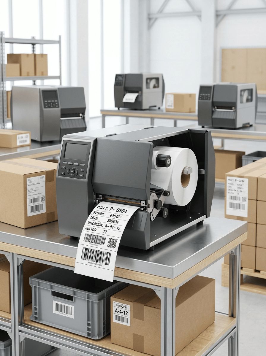 Premium professional commercial photography for a European industrial labeling company, featuring a HIGH-PERFORMANCE INDUSTRIAL DIRECT THERMAL LABEL PRINTER integrated into a modern logistics and warehouse traceability workstation.
MAIN SUBJECT:
One robust industrial direct thermal printer prominently positioned on a professional workstation in the foreground.
THREE similar industrial printers appear behind it at different depths, creating a high-capacity professional logistics environment.
The main printer is completely visible and remains the visual protagonist.
PRINTER:
Large workstation-sized industrial machine with robust metal chassis, matte graphite surfaces, brushed stainless-steel details, reinforced covers, ventilation areas, professional control panel and integrated display.
Clearly larger and more robust than a desktop thermal printer.
DIRECT THERMAL:
THIS MACHINE DOES NOT USE RIBBON.
Show:
• large internal white direct thermal label roll
• realistic media path
• industrial thermal printhead
• high-capacity label system
ABSOLUTELY NO BLACK RIBBON.
PRINTING:
A large white logistics label emerges from the printer.
Visible Spanish information:
PALET: P-0284
PEDIDO: 038427
LOTE: 260824
UBICACIÓN: A-04-12
BULTOS: 12
Include:
• large Code 128 barcode
• QR code
• variable data
Extremely sharp pure-black direct thermal printing.
LOGISTICS APPLICATIONS:
Around the workstation show several realistic traceability applications:
• kraft cardboard box with large shipping label
• reusable industrial plastic container with barcode identification label
• pallet with several clean boxes and a clearly visible pallet label
• warehouse location identification label on a small rack section
All labels must be REAL physical self-adhesive labels with visible edges.
The scene must immediately communicate:
WAREHOUSE TRACEABILITY
PALLET IDENTIFICATION
LOCATION CONTROL
LOGISTICS
VARIABLE DATA
BARCODES
HIGH-VOLUME LABEL PRINTING
COMPOSITION:
Wide horizontal website carousel image.
Main printer occupies approximately 30–35% of the frame.
The logistics applications create context around it.
Three background printers remain visible but secondary.
Use depth and perspective to create a realistic professional workspace.
Do NOT fill the image with boxes.
BACKGROUND:
Modern, extremely clean and bright logistics environment.
Predominantly white and very light neutral tones, subtle metallic shelving and natural kraft accents.
Warehouse architecture may be visible softly in the background but must NOT dominate.
LIGHTING:
Bright premium industrial photography with soft architectural daylight and controlled studio lighting.
Main printer and nearest labels razor-sharp.
Background progressively softer but still understandable.
BRANDING:
ALL EQUIPMENT, BOXES AND CONTAINERS COMPLETELY UNBRANDED.
No manufacturer names, logos, badges or fictional brands.
Absolutely NO HP branding and no recognizable real manufacturer logos.
STYLE:
Contemporary European B2B logistics photography, clean, organized, robust, technical, efficient, premium, hyper-realistic, 8K.
CRITICAL:
This must look like a REAL INDUSTRIAL LOGISTICS APPLICATION, not a studio photograph of a desktop printer.
The printer must remain clearly industrial and substantially more robust than the thermal printers shown on the previous website page.
NO thermal transfer ribbon.
NO black ribbon.
NO ink.
NO toner.
NO compact desktop printer.
NO office environment.
NO receipt printer.
NO inkjet printer.
NO laser printer.
NO giant floor-standing printing machine.
NO chaotic warehouse.
NO forklift dominating the image.
NO delivery truck.
NO huge piles of boxes.
NO people.
NO hands.
NO logos.
NO invented brands.
NO dark factory.
NO CGI.
NO floating graphics.