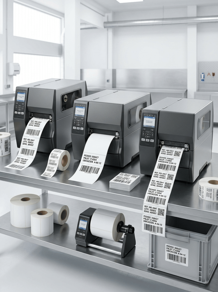 Premium professional commercial photography for a European industrial labeling company, showing a HIGH-PERFORMANCE INDUSTRIAL THERMAL PRINTING WORKSTATION designed for intensive continuous production.

The image must communicate:

24/7 RELIABILITY
HIGH PRODUCTIVITY
CONTINUOUS PRINTING
INDUSTRIAL ROBUSTNESS
TRACEABILITY
HIGH-VOLUME LABEL PRODUCTION.

MAIN SCENE:
Create a wide professional industrial workstation with THREE robust industrial thermal label printers operating simultaneously.

Unlike a product catalog image, all three machines have an important role in the composition.

Show:
• one industrial thermal transfer printer using black ribbon
• one industrial direct thermal printer without ribbon
• one additional high-performance industrial printer producing variable-data labels

All machines are workstation-sized, large and robust, with metal chassis, graphite surfaces, reinforced covers, ventilation details, professional control panels and integrated displays.

They must look substantially heavier and more capable than desktop thermal printers.

PRINTING ACTIVITY:
Each machine is actively producing labels.

Printer 1:
durable synthetic thermal-transfer labels, black ribbon mechanism subtly visible.

Printer 2:
large white direct thermal logistics labels, absolutely NO ribbon.

Printer 3:
continuous sequence of variable-data identification labels.

Show controlled label output from each machine without excessive loose material.

LABEL CONTENT:
Use realistic Spanish industrial data:

REF: IND-2847
LOTE: 260824
SERIE: A04287

PEDIDO: 038427
PALET: P-0284
UBICACIÓN: A-04-12

Include:
• Code 128 barcodes
• DataMatrix
• QR codes
• serial numbers
• variable data

All printing extremely sharp and professional.

INDUSTRIAL WORKFLOW:
Add a few secondary elements suggesting intensive production:

• several finished rolls of printed labels
• large white label media rolls
• one compact professional label rewinder
• small stack of prepared industrial identification labels
• one plastic logistics container carrying a barcode label

Keep these elements controlled and secondary.

Do NOT add cardboard boxes everywhere.

COMPOSITION:
WIDE HORIZONTAL website carousel composition.

Camera pulled back enough to show ALL THREE COMPLETE PRINTERS.

Arrange the machines at slightly different depths and angles, creating a sophisticated professional production cell.

No single printer should dominate the entire frame.

The scene should feel active and productive without becoming chaotic.

BACKGROUND:
Bright, modern industrial technical environment.

White and extremely light neutral architecture, subtle stainless-steel work surfaces and minimal industrial details.

Very clean and organized.

No dark factory and no warehouse clutter.

LIGHTING:
Premium bright industrial photography with soft architectural daylight and controlled studio lighting.

Metal chassis, label materials and printed information must be clearly defined.

Foreground machines and labels razor-sharp, subtle natural depth toward the rear.

BRANDING:
ALL MACHINES COMPLETELY UNBRANDED.

No manufacturer names, logos, badges, trademarks or fictional brands.

Absolutely NO HP branding and no recognizable real printer manufacturer logos.

STYLE:
Contemporary European B2B industrial technology campaign, robust, productive, clean, precise, technical, premium, hyper-realistic, 8K.

CRITICAL:
This must visually communicate an INDUSTRIAL PRINTING FLEET WORKING CONTINUOUSLY, not one isolated printer.

These machines must look significantly larger and more robust than the compact and mid-range thermal printers from the previous website category.

NO compact desktop printers.
NO office printers.
NO receipt printers.
NO inkjet printers.
NO laser printers.
NO printing press.
NO flexographic press.
NO giant floor-standing machines.
NO conveyor dominating the image.
NO dark factory.
NO chaotic warehouse.
NO people.
NO hands.
NO logos.
NO invented brands.
NO CGI.
NO floating graphics.
NO close-up of one printer.