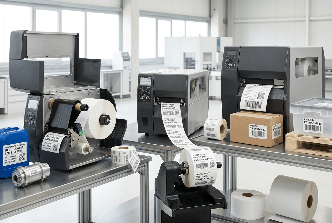 Ultra-premium WIDE PANORAMIC commercial photography for the HERO HEADER of a European industrial labeling and printing solutions website.

Create a sophisticated INDUSTRIAL THERMAL PRINTING ECOSYSTEM showing several heavy-duty industrial label printers, different printing technologies and real industrial label applications.

This is a WEBSITE HERO BANNER, NOT a single-product catalog photograph.

MAIN COMPOSITION:
Show THREE COMPLETE INDUSTRIAL THERMAL LABEL PRINTERS arranged at different depths across a wide panoramic scene.

Camera pulled back. All three machines fully visible.

The printers must look significantly larger, heavier and more robust than standard desktop thermal printers.

Use substantial workstation-sized machines with:
• reinforced metal chassis
• graphite and brushed stainless-steel surfaces
• professional ventilation
• robust covers and hinges
• integrated displays
• industrial control panels
• large internal media capacity

No single printer should occupy more than approximately 30% of the frame.

TECHNOLOGIES:

PRINTER 1 — THERMAL TRANSFER
Partially open, showing:
• large white synthetic label roll
• black thermal transfer ribbon
• ribbon supply and take-up rolls
• realistic print mechanism

Producing durable technical polyester labels.

PRINTER 2 — DIRECT THERMAL
Large industrial direct thermal printer WITHOUT RIBBON.

Producing large logistics and pallet identification labels.

PRINTER 3 — HIGH-PERFORMANCE THERMAL TRANSFER
Producing a continuous sequence of variable-data industrial traceability labels.

LABEL APPLICATIONS:
Create a rich but controlled selection of industrial applications around the machines:

• blue chemical container with durable synthetic label
• metallic technical component with silver polyester DataMatrix label
• black industrial component with white traceability label
• kraft logistics box with large shipping label
• reusable plastic logistics container with barcode label
• small pallet of clean boxes with pallet identification label

All labels must be REAL physical self-adhesive labels with clearly visible edges.

PRINTED INFORMATION:
Use realistic Spanish variable data such as:

COMPONENTE INDUSTRIAL
REF: IND-2847
LOTE: 260824
SERIE: A04287

PEDIDO: 038427
PALET: P-0284
UBICACIÓN: A-04-12

Include extremely sharp:
• Code 128 barcodes
• QR codes
• DataMatrix
• serial numbers
• lot numbers
• small technical typography

Show different label materials:
white polyester, matte white PP, silver polyester, direct thermal paper and transparent synthetic film.

INDUSTRIAL PRODUCTIVITY:
Add a few secondary production elements:
• professional label rewinder
• finished printed label rolls
• large white media roll
• one black thermal transfer ribbon roll

Keep them secondary and elegantly integrated.

COMPOSITION:
Wide cinematic panoramic website hero.

LEFT:
industrial thermal transfer printer + technical applications.

CENTER:
main robust industrial printer + labels emerging toward foreground.

RIGHT:
direct thermal / high-volume printer + logistics applications.

Use different heights and depths to create visual rhythm.

Generous negative space around the complete scene.

NO close-up.
NO cropped machines.
NO single giant printer dominating the image.

BACKGROUND:
Bright, sophisticated modern industrial environment.

Predominantly white, extremely light neutral architecture and subtle stainless-steel work surfaces.

A minimal clean production environment may be visible in the distance, softly integrated.

No dark factory. No warehouse clutter.

LIGHTING:
Premium high-end industrial advertising photography with bright architectural daylight and controlled softbox lighting.

Emphasize metal construction, black ribbon, synthetic label textures, silver polyester and exceptional print definition.

Medium-to-deep depth of field: all three printers clearly recognizable.

BRANDING:
ALL MACHINES COMPLETELY UNBRANDED.

No manufacturer names, logos, badges, trademarks or fictional brands.

ABSOLUTELY NO HP BRANDING and no recognizable real printer manufacturer logos.

STYLE:
Contemporary European B2B industrial technology campaign.

Robust, powerful, precise, clean, technical and premium.

Hyper-realistic professional equipment and materials, 8K commercial photography.

CRITICAL:
This image must immediately feel MORE INDUSTRIAL, MORE ROBUST and MORE HIGH-CAPACITY than the previous website page for standard thermal printers.

It must communicate:
INDUSTRIAL PRINTING
HIGH VOLUME
24/7 RELIABILITY
THERMAL TRANSFER
DIRECT THERMAL
TRACEABILITY
LOGISTICS
DURABLE IDENTIFICATION.

NO compact desktop printers.
NO office printers.
NO receipt printers.
NO inkjet printers.
NO laser printers.
NO printing press.
NO flexographic press.
NO giant floor-standing machinery.
NO people.
NO hands.
NO real logos.
NO invented brands.
NO dark factory.
NO CGI.
NO floating graphics.
