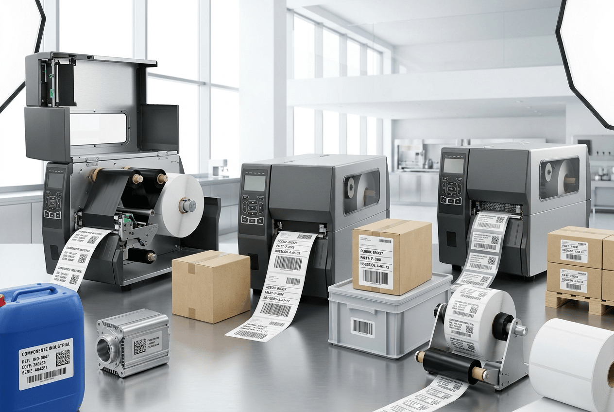 Ultra-premium WIDE PANORAMIC commercial photography for the HERO HEADER of a European industrial labeling and printing solutions website.
Create a sophisticated INDUSTRIAL THERMAL PRINTING ECOSYSTEM showing several heavy-duty industrial label printers, different printing technologies and real industrial label applications.
This is a WEBSITE HERO BANNER, NOT a single-product catalog photograph.
MAIN COMPOSITION:
Show THREE COMPLETE INDUSTRIAL THERMAL LABEL PRINTERS arranged at different depths across a wide panoramic scene.
Camera pulled back. All three machines fully visible.
The printers must look significantly larger, heavier and more robust than standard desktop thermal printers.
Use substantial workstation-sized machines with:
• reinforced metal chassis
• graphite and brushed stainless-steel surfaces
• professional ventilation
• robust covers and hinges
• integrated displays
• industrial control panels
• large internal media capacity
No single printer should occupy more than approximately 30% of the frame.
TECHNOLOGIES:
PRINTER 1 — THERMAL TRANSFER
Partially open, showing:
• large white synthetic label roll
• black thermal transfer ribbon
• ribbon supply and take-up rolls
• realistic print mechanism
Producing durable technical polyester labels.
PRINTER 2 — DIRECT THERMAL
Large industrial direct thermal printer WITHOUT RIBBON.
Producing large logistics and pallet identification labels.
PRINTER 3 — HIGH-PERFORMANCE THERMAL TRANSFER
Producing a continuous sequence of variable-data industrial traceability labels.
LABEL APPLICATIONS:
Create a rich but controlled selection of industrial applications around the machines:
• blue chemical container with durable synthetic label
• metallic technical component with silver polyester DataMatrix label
• black industrial component with white traceability label
• kraft logistics box with large shipping label
• reusable plastic logistics container with barcode label
• small pallet of clean boxes with pallet identification label
All labels must be REAL physical self-adhesive labels with clearly visible edges.
PRINTED INFORMATION:
Use realistic Spanish variable data such as:
COMPONENTE INDUSTRIAL
REF: IND-2847
LOTE: 260824
SERIE: A04287
PEDIDO: 038427
PALET: P-0284
UBICACIÓN: A-04-12
Include extremely sharp:
• Code 128 barcodes
• QR codes
• DataMatrix
• serial numbers
• lot numbers
• small technical typography
Show different label materials:
white polyester, matte white PP, silver polyester, direct thermal paper and transparent synthetic film.
INDUSTRIAL PRODUCTIVITY:
Add a few secondary production elements:
• professional label rewinder
• finished printed label rolls
• large white media roll
• one black thermal transfer ribbon roll
Keep them secondary and elegantly integrated.
COMPOSITION:
Wide cinematic panoramic website hero.
LEFT:
industrial thermal transfer printer + technical applications.
CENTER:
main robust industrial printer + labels emerging toward foreground.
RIGHT:
direct thermal / high-volume printer + logistics applications.
Use different heights and depths to create visual rhythm.
Generous negative space around the complete scene.
NO close-up.
NO cropped machines.
NO single giant printer dominating the image.
BACKGROUND:
Bright, sophisticated modern industrial environment.
Predominantly white, extremely light neutral architecture and subtle stainless-steel work surfaces.
A minimal clean production environment may be visible in the distance, softly integrated.
No dark factory. No warehouse clutter.
LIGHTING:
Premium high-end industrial advertising photography with bright architectural daylight and controlled softbox lighting.
Emphasize metal construction, black ribbon, synthetic label textures, silver polyester and exceptional print definition.
Medium-to-deep depth of field: all three printers clearly recognizable.
BRANDING:
ALL MACHINES COMPLETELY UNBRANDED.
No manufacturer names, logos, badges, trademarks or fictional brands.
ABSOLUTELY NO HP BRANDING and no recognizable real printer manufacturer logos.
STYLE:
Contemporary European B2B industrial technology campaign.
Robust, powerful, precise, clean, technical and premium.
Hyper-realistic professional equipment and materials, 8K commercial photography.
CRITICAL:
This image must immediately feel MORE INDUSTRIAL, MORE ROBUST and MORE HIGH-CAPACITY than the previous website page for standard thermal printers.
It must communicate:
INDUSTRIAL PRINTING
HIGH VOLUME
24/7 RELIABILITY
THERMAL TRANSFER
DIRECT THERMAL
TRACEABILITY
LOGISTICS
DURABLE IDENTIFICATION.
NO compact desktop printers.
NO office printers.
NO receipt printers.
NO inkjet printers.
NO laser printers.
NO printing press.
NO flexographic press.
NO giant floor-standing machinery.
NO people.
NO hands.
NO real logos.
NO invented brands.
NO dark factory.
NO CGI.
NO floating graphics.