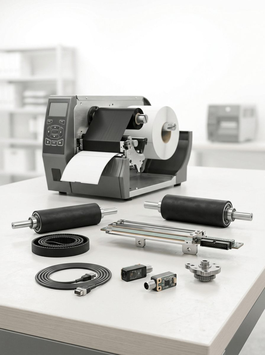 Premium professional commercial photography for a European industrial labeling company, showing REPLACEMENT PARTS AND CRITICAL COMPONENTS for professional thermal label printers.

The image must communicate:
SPARE PARTS
PRINTHEADS
TRACTION ROLLERS
SENSORS
BELTS
TECHNICAL SERVICE
FAST PROFESSIONAL REPAIR.

MAIN COMPOSITION:
Create a sophisticated technical product composition on a clean professional workbench.

Place ONE robust industrial thermal label printer in the middle background, completely visible but slightly out of focus.

In the foreground, arrange a carefully selected collection of REALISTIC THERMAL PRINTER SPARE PARTS.

The spare parts are the main visual protagonists.

SHOW:
• one professional thermal printhead assembly
• two black rubber platen / traction rollers
• one drive belt
• one compact optical label sensor
• one small media sensor
• one realistic printhead cable or connector
• one small mechanical drive component

IMPORTANT:
All components must look specifically designed for PROFESSIONAL THERMAL LABEL PRINTERS.

Do NOT create generic automotive or machinery spare parts.

PRINTHEAD:
The thermal printhead should be especially prominent.

Show a realistic slim precision printhead assembly with metallic structure, ceramic printing edge, electrical connector and technical mounting points.

It must look delicate, precise and high-value.

ROLLERS:
Show realistic cylindrical black rubber traction rollers with metal shafts and precision bearings.

BELT:
One compact black toothed drive belt neatly positioned beside the rollers.

SENSORS:
Small professional optical sensors with realistic connectors and electronic details.

PRINTER:
Industrial workstation-sized thermal label printer with robust graphite and brushed metallic housing, integrated display and professional construction.

The printer may be partially open to visually connect the spare parts with the machine.

A white label roll and black thermal transfer ribbon may be subtly visible inside.

COMPOSITION:
Wide horizontal website image.

Foreground spare parts occupy approximately 50% of the visual attention.

Arrange them in an elegant technical layout at different heights and angles, NOT in a rigid catalog grid.

The printer provides context behind them.

Leave generous white space.

No hands and no technician in this image.

BACKGROUND:
Bright modern technical workshop with PURE WHITE and extremely light neutral tones.

Clean professional workbench.

Very subtle shelving or another printer may appear heavily softened in the distant background.

LIGHTING:
Premium high-key product photography.

Controlled soft lighting must reveal:
• precision metal surfaces
• ceramic printhead
• rubber roller texture
• electronic sensors
• connectors
• printer construction

Foreground components razor-sharp.

Printer slightly softer but clearly recognizable.

BRANDING:
ALL COMPONENTS AND PRINTERS COMPLETELY UNBRANDED.

No manufacturer names, logos, product references, badges or fictional brands.

Absolutely NO HP branding and no recognizable real manufacturer logos.

STYLE:
Contemporary European B2B technical product photography, precise, organized, professional, premium, trustworthy, hyper-realistic, 8K.

CRITICAL:
The image must immediately look like PROFESSIONAL SPARE PARTS FOR THERMAL LABEL PRINTERS, not generic electronic components.

NO automotive parts.
NO gears dominating the image.
NO large motors.
NO dirty used components.
NO damaged parts.
NO random circuit boards.
NO computer components.
NO ink cartridges.
NO toner.
NO tools dominating the scene.
NO hands.
NO people.
NO real logos.
NO invented brands.
NO dark workshop.
NO CGI.
NO floating graphics.