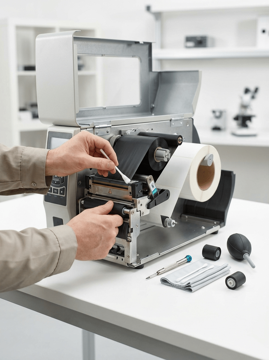 Premium professional commercial photography for a European industrial labeling company, showing PREVENTIVE MAINTENANCE of a professional thermal label printer.

The image must communicate:
TECHNICAL SERVICE
PREVENTIVE MAINTENANCE
PRECISION
CLEANING
PROFESSIONAL CARE
RELIABILITY.

MAIN SCENE:
One robust professional thermal transfer label printer positioned on a clean technical workbench.

The printer is partially open, clearly showing its internal printing mechanism.

A professional technician is performing maintenance.

Show ONLY the technician’s hands and part of the neutral professional workwear. The person must NOT dominate the image.

The PRINTER AND MAINTENANCE ACTION are the protagonists.

MAINTENANCE ACTION:
Show the technician carefully cleaning and inspecting:

• thermal printhead
• label sensor
• traction rollers
• media path

One hand uses a professional lint-free cleaning swab or technical cleaning cloth.

The other hand carefully stabilizes or inspects the mechanism.

The intervention must look technically credible and delicate, NOT like mechanical car repair.

PRINTER:
Professional workstation-sized thermal label printer with robust graphite and light metallic housing, integrated display, realistic internal mechanism and white self-adhesive label roll.

A black thermal transfer ribbon may be visible inside the printer.

The machine must be COMPLETELY UNBRANDED.

WORKBENCH:
Clean white or very light gray professional technical surface.

Place a SMALL selection of maintenance tools beside the machine:

• precision screwdriver
• lint-free cleaning cloth
• small cleaning swabs
• compact air blower
• one replacement roller

Everything neatly organized.

No excessive tools.

DETAIL:
The printhead and internal mechanism should be clearly visible and extremely sharp.

Show realistic material textures:
metal, rubber rollers, black ribbon film, white label media and technical plastic components.

COMPOSITION:
Wide horizontal website image.

Printer occupies approximately 50% of the composition.

Technician’s hands enter naturally from one side.

Leave generous negative space.

Camera close enough to understand the maintenance operation but NOT macro and NOT an extreme close-up.

BACKGROUND:
Bright, modern and extremely clean technical workshop.

Predominantly PURE WHITE and very light neutral tones.

Subtle blurred technical shelving or another printer may appear far in the background.

No dark workshop.

LIGHTING:
Premium high-key professional photography with soft controlled studio lighting.

Main printer mechanism, printhead and technician’s hands razor-sharp.

Natural subtle depth of field.

BRANDING:
NO manufacturer logos or names anywhere.
NO HP logo.
NO Zebra logo.
NO TSC logo.
NO Honeywell logo.
NO fictional brands.
Printer housing completely unbranded.

STYLE:
Contemporary European B2B technical service photography, clean, precise, trustworthy, professional, premium, hyper-realistic, 8K.

NO dirty workshop.
NO grease.
NO automotive tools.
NO sparks.
NO damaged destroyed printer.
NO soldering iron.
NO dramatic repair scene.
NO full technician portrait.
NO person looking at camera.
NO real logos.
NO invented logos.
NO dark background.
NO CGI.
NO floating graphics.