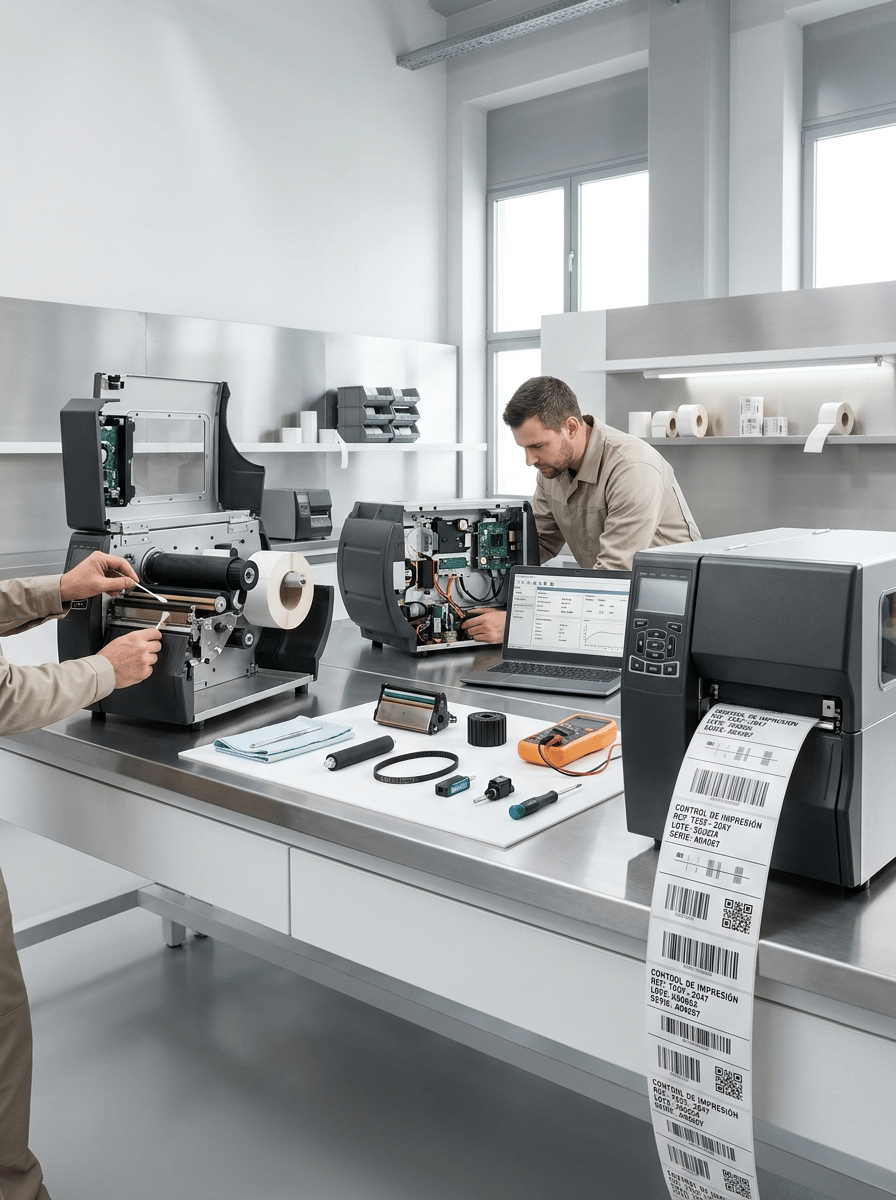Ultra-premium WIDE PANORAMIC commercial photography for the HERO HEADER of a European industrial labeling company, showing a PROFESSIONAL TECHNICAL SERVICE CENTER specialized in thermal and industrial label printers.

This is a WEBSITE HERO IMAGE, not a close-up and not a single-product catalog photograph.

The image must immediately communicate:
TECHNICAL SERVICE
PRINTER REPAIR
PREVENTIVE MAINTENANCE
DIAGNOSIS
SPARE PARTS
CALIBRATION
PROFESSIONAL SUPPORT.

MAIN SCENE:
Create a bright, sophisticated technical workshop with THREE professional thermal label printers positioned across a large clean workbench.

Show different stages of technical service simultaneously.

LEFT:
One robust industrial thermal printer partially open.

A technician is performing preventive maintenance, carefully cleaning the printhead and inspecting the traction rollers.

CENTER:
One industrial thermal printer undergoing technical diagnosis.

Its service panel is open and realistic internal electronics, sensors and connectors are visible.

A professional laptop beside it displays a clean generic diagnostic interface with technical values and calibration graphs.

RIGHT:
One fully repaired thermal printer actively producing a continuous strip of perfectly printed labels.

Show extremely sharp barcodes, DataMatrix codes, QR codes and variable data.

TECHNICIAN:
One professional technician working naturally across the central area.

Show mainly torso, arms and hands in clean neutral technical workwear.

The technician must be focused on the equipment, NOT looking at camera.

No posed portrait.

SPARE PARTS:
On one clean section of the workbench arrange a SMALL professional selection of thermal printer components:

• thermal printhead
• black rubber traction roller
• compact drive belt
• optical sensor
• small connector

Components must look precise, clean and specific to professional thermal label printers.

TOOLS:
Include only a few professional tools:

• precision screwdriver
• digital multimeter
• lint-free cleaning cloth
• cleaning swabs

Everything organized.

PRINTED LABELS:
The operational printer produces white self-adhesive technical labels.

Visible Spanish data:

CONTROL DE IMPRESIÓN
REF: TEST-2847
LOTE: 260824
SERIE: A04287

Include crisp:
• Code 128 barcode
• DataMatrix
• QR code
• fine calibration lines
• small variable data

Printing must look PERFECT: sharp, aligned and consistent.

COMPOSITION:
Very wide panoramic website hero.

Camera pulled back enough to show the COMPLETE technical workstation and all THREE printers.

No single printer occupies more than approximately 25–30% of the frame.

Create visual rhythm from maintenance → diagnosis → successful printing.

Leave generous clean negative space around the scene for website layout.

BACKGROUND:
Bright modern professional technical workshop.

Predominantly WHITE, very light gray and subtle brushed stainless-steel surfaces.

Minimal shelving in the background with neatly arranged label rolls and a few technical components.

Extremely clean and organized.

No dark workshop.
No warehouse.
No factory clutter.

LIGHTING:
Premium architectural daylight combined with soft controlled studio lighting.

Bright, clean and natural.

Highlight:
• printer construction
• internal mechanisms
• technician’s hands
• precision components
• white label material
• exceptional barcode definition

Use moderate cinematic depth of field while keeping the overall service environment understandable.

BRANDING:
ALL PRINTERS, LAPTOPS, TOOLS AND COMPONENTS COMPLETELY UNBRANDED.

No manufacturer names, logos, badges, trademarks or fictional brands.

Absolutely NO HP branding.
NO Zebra branding.
NO TSC branding.
NO Honeywell branding.
No recognizable real printer manufacturer logos.

STYLE:
Contemporary European B2B technical-service campaign photography.

Professional, technical, precise, trustworthy, clean and premium.

Hyper-realistic commercial photography, 8K.

CRITICAL:
This must look like a SPECIALIZED LABEL PRINTER TECHNICAL SERVICE CENTER.

NOT a generic electronics repair shop.

The overall scene must be more important than any individual printer.

NO extreme close-up.
NO giant printer dominating the image.
NO dirty workshop.
NO damaged destroyed machines.
NO sparks.
NO smoke.
NO automotive tools.
NO office printers.
NO inkjet printers.
NO laser printers.
NO full portrait posing.
NO person looking at camera.
NO real logos.
NO invented brands.
NO dark background.
NO CGI.
NO floating graphics.