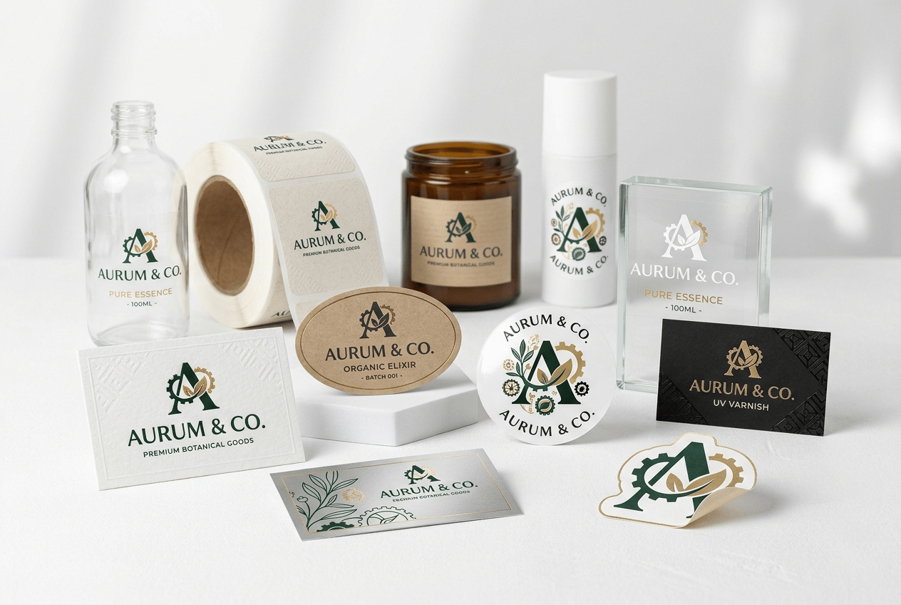 Premium professional commercial photography for a European label printing and graphic design company, showing ONE BRAND IDENTITY professionally adapted across DIFFERENT SELF-ADHESIVE LABEL MATERIALS AND FINISHES.
The image must communicate:
LOGO DESIGN
BRAND CONSISTENCY
LABEL DESIGN
MATERIAL ADAPTATION
PREMIUM PRINTING
PROFESSIONAL BRANDING.
MAIN CONCEPT:
Create one ORIGINAL fictional premium brand with a distinctive modern logo and strong visual identity.
The SAME recognizable logo and graphic language must appear consistently across all label designs.
Do NOT create different brands.
MAIN SCENE:
On a clean white studio surface, arrange a sophisticated collection of professionally printed self-adhesive labels using the same brand identity.
Show different label materials:
• premium textured white paper
• natural kraft paper
• glossy white synthetic PP
• transparent film
• matte black label
• silver metallic label
• premium paper label with subtle gold foil detail
Use different shapes:
• rectangular
• vertical
• circular
• oval
• small die-cut label
DESIGN:
Create a contemporary and memorable visual identity with elegant typography, a distinctive graphic symbol and a sophisticated coordinated color palette.
The labels should NOT look generic or overly minimalist.
Use richer professional graphic design:
• bold typography
• subtle patterns
• color blocks
• fine illustration
• elegant geometric elements
• selective metallic details
Keep the overall identity coherent across every version.
PRINTING DETAILS:
Labels must be the absolute visual protagonists.
Show exceptional definition and realistic materials:
• visible paper fibers
• matte versus gloss surfaces
• transparent areas
• metallic reflections
• gold foil detail
• precise die-cut edges
• perfect typography
• rich printed colors
APPLICATION EXAMPLES:
Include THREE simple unbranded containers in the background carrying the same identity:
• clear glass bottle with transparent label
• amber glass jar with textured paper label
• white cosmetic bottle with glossy synthetic label
Containers remain secondary.
FOREGROUND:
Several loose label samples and a partially unwound roll of printed labels should be closest to camera.
One premium label can be slightly lifted at one corner to clearly reveal that it is SELF-ADHESIVE.
COMPOSITION:
Wide horizontal website image.
Label samples dominate the foreground.
Containers create depth behind them.
Arrange everything naturally at different heights rather than in a rigid straight line.
Leave generous clean negative space.
BACKGROUND:
Pure white and extremely light neutral studio environment.
Bright, sophisticated and contemporary.
LIGHTING:
Premium soft studio photography emphasizing label textures, print quality, metallic details and transparent materials.
Foreground labels razor-sharp.
Containers slightly softer but clearly recognizable.
STYLE:
Contemporary European premium branding and packaging photography, creative, tactile, sophisticated, colorful but elegant, hyper-realistic, 8K.
CRITICAL:
The viewer must immediately understand that ONE PROFESSIONAL LOGO has been designed to work consistently across MANY DIFFERENT LABEL MATERIALS, SHAPES AND FINISHES.
The LABEL DESIGN AND PRINTED LABELS are more important than the containers.
NO generic blank labels.
NO simplistic black text only.
NO multiple unrelated brands.
NO real brands.
NO recognizable logos.
NO giant packaging products.
NO dark background.
NO excessive props.
NO hands.
NO people.
NO CGI.
NO floating graphics.