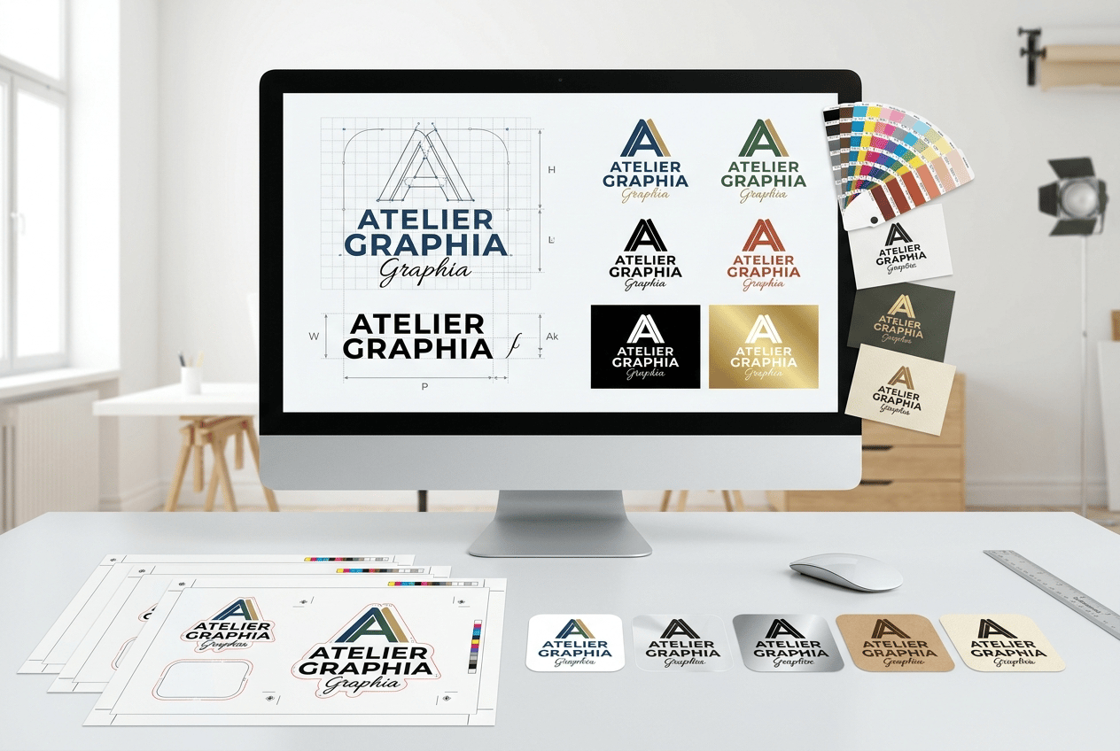 Premium professional commercial photography for a European label printing and graphic design company, showing PROFESSIONAL VECTOR LOGO DESIGN AND PRINT PREPARATION.
The image must communicate:
VECTOR DESIGN
PRINT-READY ARTWORK
COLOR MANAGEMENT
TYPOGRAPHY
PRECISION
PROFESSIONAL LABEL DESIGN.
MAIN SCENE:
Create a bright professional graphic design and prepress workstation.
A large slim monitor is positioned slightly behind the main working area.
On screen, show an ORIGINAL fictional logo being professionally constructed as VECTOR ARTWORK.
The interface must be generic and completely unbranded.
VECTOR DESIGN:
Clearly show:
• logo outlines
• Bézier curves
• anchor points
• construction grid
• typography alignment
• geometric proportions
• several logo size variations
• positive and negative versions
The artwork should look like real professional vector design, NOT a decorative illustration.
COLOR MANAGEMENT:
Beside the monitor place several physical color swatches and printed color proofs.
Show the same logo prepared in:
• full color CMYK
• one-color black
• one spot color
• white reversed version
• metallic gold version
Do not display recognizable Pantone branding.
PRINT PREPARATION:
On the white worktable show several professional printed label proofs using the same identity:
• white paper label
• transparent synthetic label
• silver metallic label
• kraft label
• premium textured label
Include subtle technical preparation elements:
• die-cut contour line
• bleed indication
• registration marks on one proof sheet
• small color control patches
• precise cutting guides
These technical elements should appear ONLY on the proof sheets, not on the finished labels.
FINISHED LABELS:
In the foreground place several final die-cut labels showing the clean finished result without technical marks.
Use a visually strong contemporary brand identity with distinctive typography, graphic shapes and sophisticated color combinations.
Avoid overly simple black-text-only designs.
COMPOSITION:
Wide horizontal website image.
Monitor occupies approximately 30% of the composition.
Printed proofs and finished labels dominate the central foreground.
Create visual progression:
VECTOR ARTWORK → COLOR CONTROL → PRINT PROOF → FINISHED LABEL.
A professional mouse, stylus and precision ruler may appear subtly.
No hands required.
BACKGROUND:
Bright contemporary European graphic design studio.
Pure white and extremely light neutral tones.
Minimal and sophisticated.
LIGHTING:
Premium high-key commercial photography with soft natural daylight and controlled studio illumination.
Screen artwork, printed typography, metallic details and label edges must appear extremely sharp.
STYLE:
Contemporary European graphic design and professional prepress photography, technical yet creative, precise, premium, realistic, 8K.
CRITICAL:
The image must communicate that the logo is PROFESSIONALLY PREPARED FOR REAL PRINTING AND LABEL PRODUCTION, not simply designed for digital use.
The connection between VECTOR DESIGN and PHYSICAL PRINTED LABEL must be immediately understandable.
NO Adobe logo.
NO Illustrator logo.
NO Canva logo.
NO Apple logo.
NO recognizable software interface.
NO real brands.
NO invented software brands.
NO generic office scene.
NO designer portrait.
NO excessive stationery.
NO dark background.
NO CGI.
NO floating graphics.