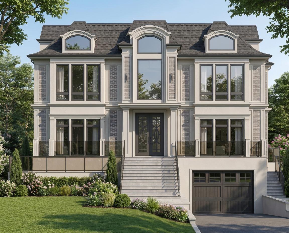 Use the uploaded image as the architectural reference. Generate the same photorealistic frontal facade, but make the entire main wall one continuous flat plane with no projecting or recessed sections. All upper-floor windows, including the tall central window, must be flush with the facade. Only the canopy above the main entrance may project forward. Keep all proportions, materials, colors, windows, and details unchanged.