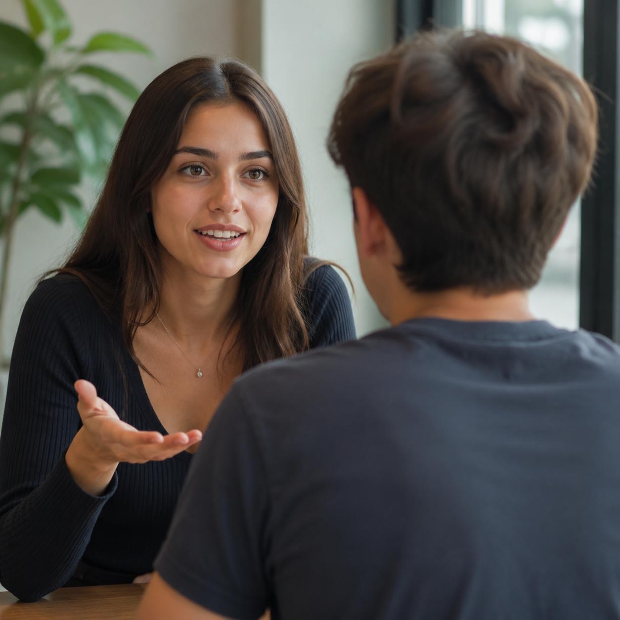 une fille de face qui parle à un garçon de dos