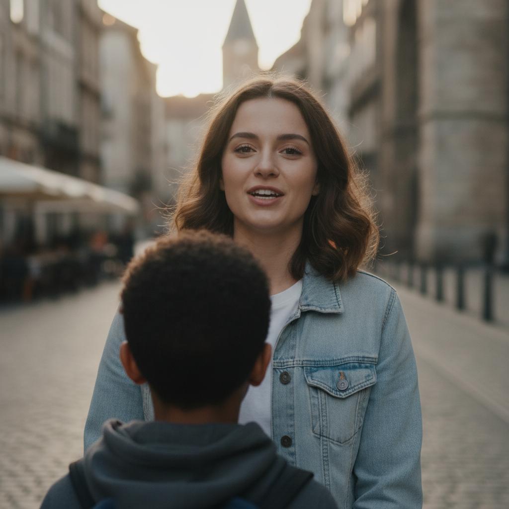 une fille de face qui parle à un garçon de dos
