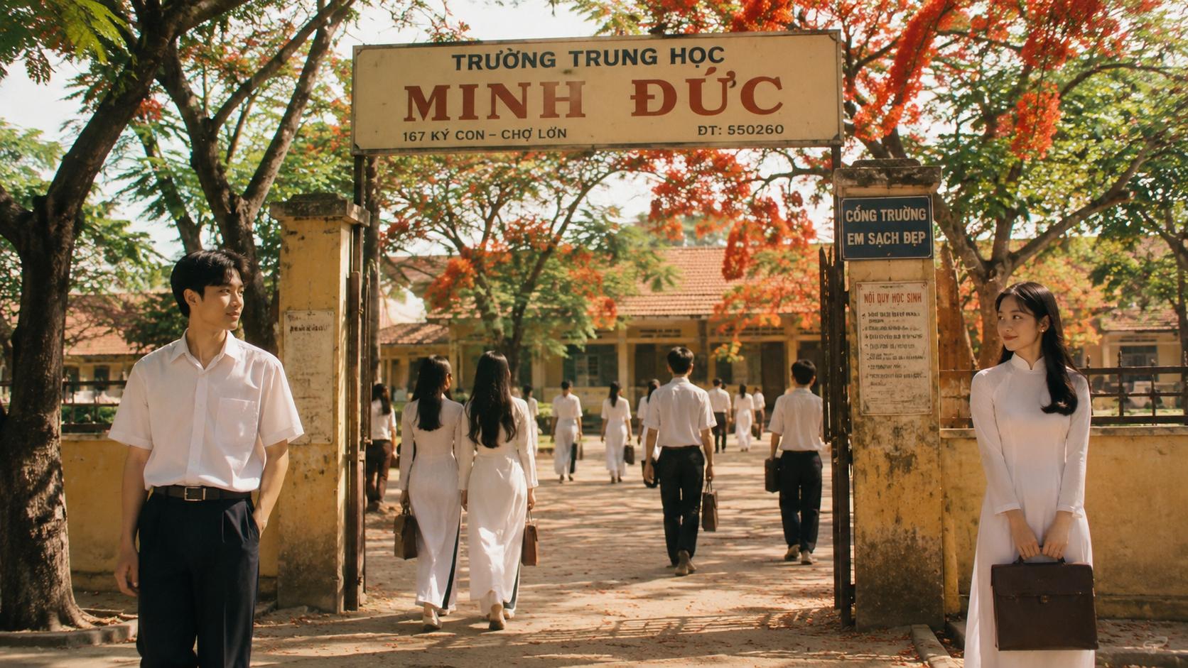 Beautiful old Vietnamese high school campus,SCHOOL' NAME: TRƯỜNG TRUNG HOC MINH ĐỨC young Vietnamese students wearing traditional
white school uniforms walking through the school gate, red flamboyant trees, large green trees,
warm morning sunlight, young Vietnamese boy and girl secretly looking at each other across the
schoolyard, innocent teenage love, nostalgic cinematic Vietnamese film, authentic old Vietnam
atmosphere, realistic faces, soft film grain, 16:9