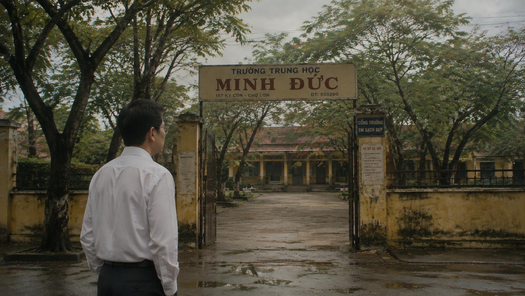 A Vietnamese man returning alone to his old school after many decades, standing silently
in front of the school entrance, emotional eyes, remembering his youth, old trees moving gently
in the wind, overcast nostalgic afternoon, cinematic wide shot, profound sense of lost time,
realistic Vietnamese environment, restrained emotion, 16:9
