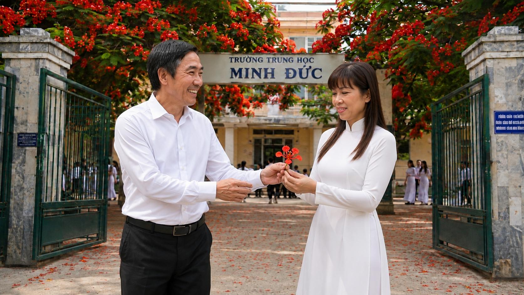 DỰA THEO ẢNH THAM CHIẾU GIỮ CHÍNH XÁC ĐƯỜNG NÉT, TẠO HÌNH ẢNH ANH ẤY HÁI TẶNG NGƯỜI YÊU CÁNH HOA PHƯỢNG ĐỎ THẮM,TRƯỚC CỖNG TRƯỜNG MINH ĐỨC, NÀNG MĨM CƯỜI ĐÓN NHẬN ĐÓA HOA TRONG NIỀM HẠNH PHÚC
