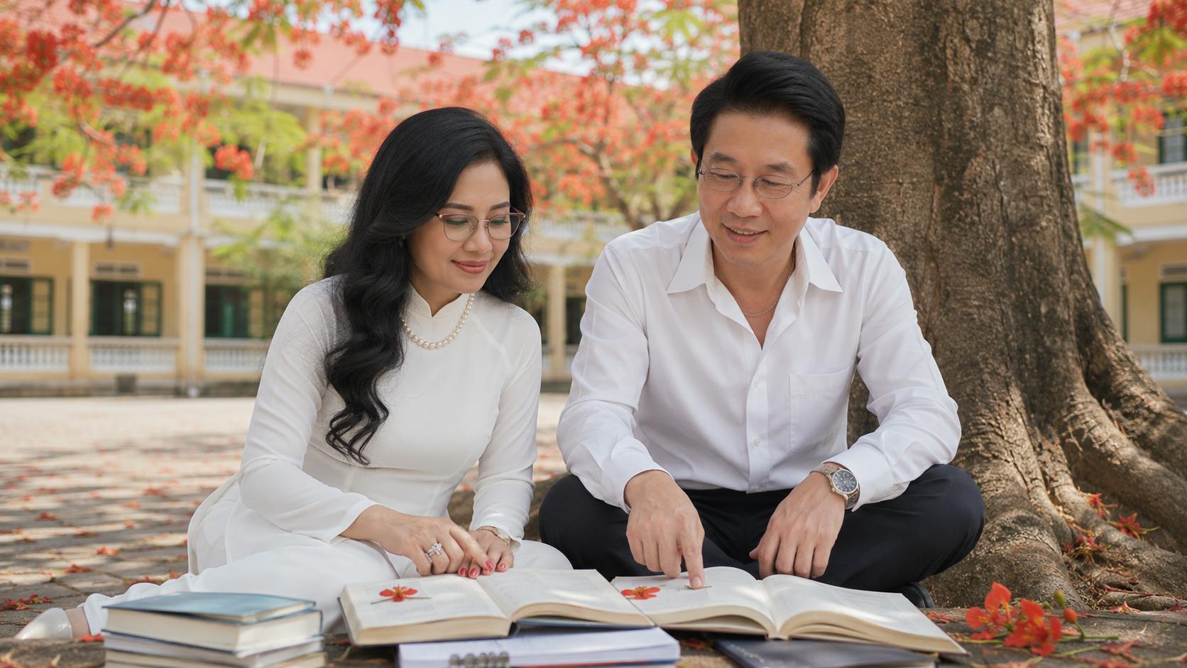 GIỮ CHÍNH XÁC HÌNH ẢNH THAM CHIẾU, TẠO HÌNH ẢNH 2 NHÂN VẬT NGỒI HỌC BÀI CẠNH NHAU DƯỚI GỐC CÂY PHƯỢNG ĐỎ TRONG SÂN TRƯỜNG, VÀI CUỐN SÁCH MỞ RA CÓ VÀI CÁNH PHƯỢNG ĐỎ ÉP TRONG QUYỂN VỞ
