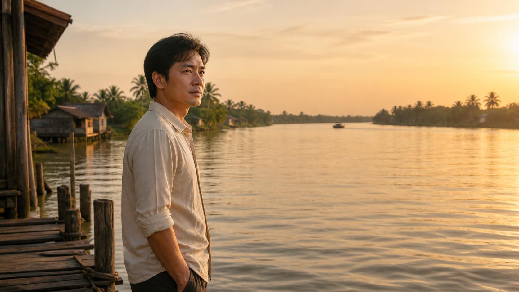 C03 — HÌNH 01 — NGƯỜI ĐÀN ÔNG BÊN DÒNG SÔNG
Create a cinematic photorealistic Vietnamese romantic music video frame.
STORY CONTINUITY:
This scene takes place immediately after C02, where a traditional wooden
boat has traveled away across the river at late afternoon.
The visual atmosphere should feel like the next chapter of the same
Vietnamese love story.
MAIN CHARACTER — CHARACTER LOCK:
Create one Vietnamese man, approximately 35–40 years old.
He has a calm, gentle and slightly weathered appearance.
Natural masculine Vietnamese facial features.
Medium-length neatly styled black hair.
Warm natural skin tone.
Thoughtful dark brown eyes.
Clean-shaven or very light natural stubble.
Average slim-to-medium build.
His face must look realistic, distinctive and memorable, but not like a
celebrity or recognizable public figure.
IMPORTANT:
This is the PRIMARY CHARACTER DESIGN for the male character.
His face, age, hairstyle, body proportions and overall appearance must be
kept consistent in all future scenes.
CLOTHING:
Simple, understated Vietnamese clothing suitable for a riverside village.
A light beige or off-white long-sleeve shirt with the sleeves naturally
rolled slightly at the forearms.
Dark simple trousers.
No modern fashion branding.
No jewelry.
No flashy accessories.
SCENE:
A quiet wooden riverside landing beside the same wide Vietnamese river seen
in C02.
The man stands alone near an old wooden pier during warm late-afternoon
golden hour.
The river stretches behind him.
Traditional tropical vegetation and coconut palms line the distant riverbank.
A few simple Vietnamese riverside houses are visible in the background.
The boat from C02 has already traveled farther away and may appear as a very
small distant shape on the river.
ACTION:
The man stands quietly at the edge of the wooden landing.
He looks toward the distant river with a calm but deeply thoughtful
expression, as if waiting for someone who may not come.
His posture is natural and relaxed, but there is a subtle feeling of
loneliness.
He does not cry.
He does not smile.
His emotion is restrained and dignified.
CAMERA:
Medium-wide cinematic shot.
Camera positioned slightly behind and to the side of the man, showing his
face in a natural three-quarter profile.
The river should remain an important part of the composition.
Leave generous negative space toward the direction he is looking, suggesting
that he is waiting for someone beyond the frame.
LIGHTING:
Warm late-afternoon golden-hour sunlight.
Soft golden rim light around his hair and shoulders.
Natural warm skin tones.
Gentle shadows across his face.
Subtle atmospheric haze over the river.
MOOD:
Quiet longing.
Nostalgia.
Loneliness.
Waiting.
A love remembered but not spoken.
VISUAL STORY:
The woman has been remembering him.
Now the audience sees him for the first time, standing alone beside the
same river.
The audience should feel that these two people are emotionally connected
even though they are physically separated.
VISUAL STYLE:
High-end cinematic Vietnamese romantic music video,
photorealistic,
natural Vietnamese environment,
realistic human anatomy,
realistic skin texture,
realistic hair,
natural fabric,
soft cinematic depth of field,
beautiful golden-hour cinematography,
subtle filmic atmosphere,
16:9 widescreen.
IMPORTANT CHARACTER CONSISTENCY:
This man's face is now the permanent visual identity for the male character
in the story.
Do not change his facial structure.
Do not change his age.
Do not change his hairstyle.
Do not change his body proportions.
Do not change his clothing style.
No celebrity resemblance.
No famous person.
No other people in the foreground.
No modern city.
No motorcycles.
No cars.
No fantasy elements.
No text.
No subtitles.
No logos.
No watermark.