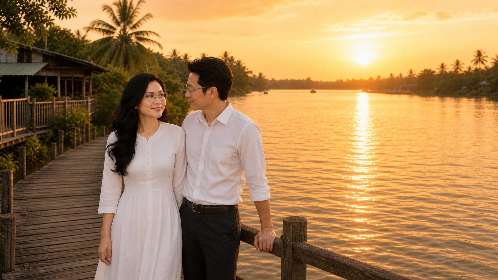 Continue seamlessly from C07 MIDDLE.
Keep the EXACT SAME MASTER MALE and MASTER FEMALE characters.
Do not change their faces, hairstyles, eyeglasses, clothing, body proportions or identities.
The man and woman now stand together beside the wooden railing overlooking the wide river.
They stand naturally side by side, looking across the water.
After a brief moment, the woman turns toward the man with a warm smile.
The man looks at her affectionately.
They share a quiet moment without speaking.
The man gently places one hand on the wooden railing near hers, but do not create exaggerated romantic gestures.
The woman smiles softly.
The camera slowly moves backward into a wider composition, revealing both of them together against the beautiful river and golden sunset.
The scene should feel like a precious memory of a time when their love was still young, peaceful and complete.
Warm golden light surrounds them.
The river sparkles gently.
Palm trees and rustic riverside houses remain in the background.
The final image should feel beautiful, romantic and nostalgic — a sharp emotional contrast to the lonely man standing alone in C06.
Photorealistic Vietnamese countryside, cinematic romantic music video, natural human emotion, elegant composition, warm sunset, realistic water, soft atmospheric haze, shallow depth of field, 16:9, no text, no subtitles, no extra people.
Emotional progression:
**SHE ARRIVES → THEY MEET → THEY STAND TOGETHER IN LOVE.**