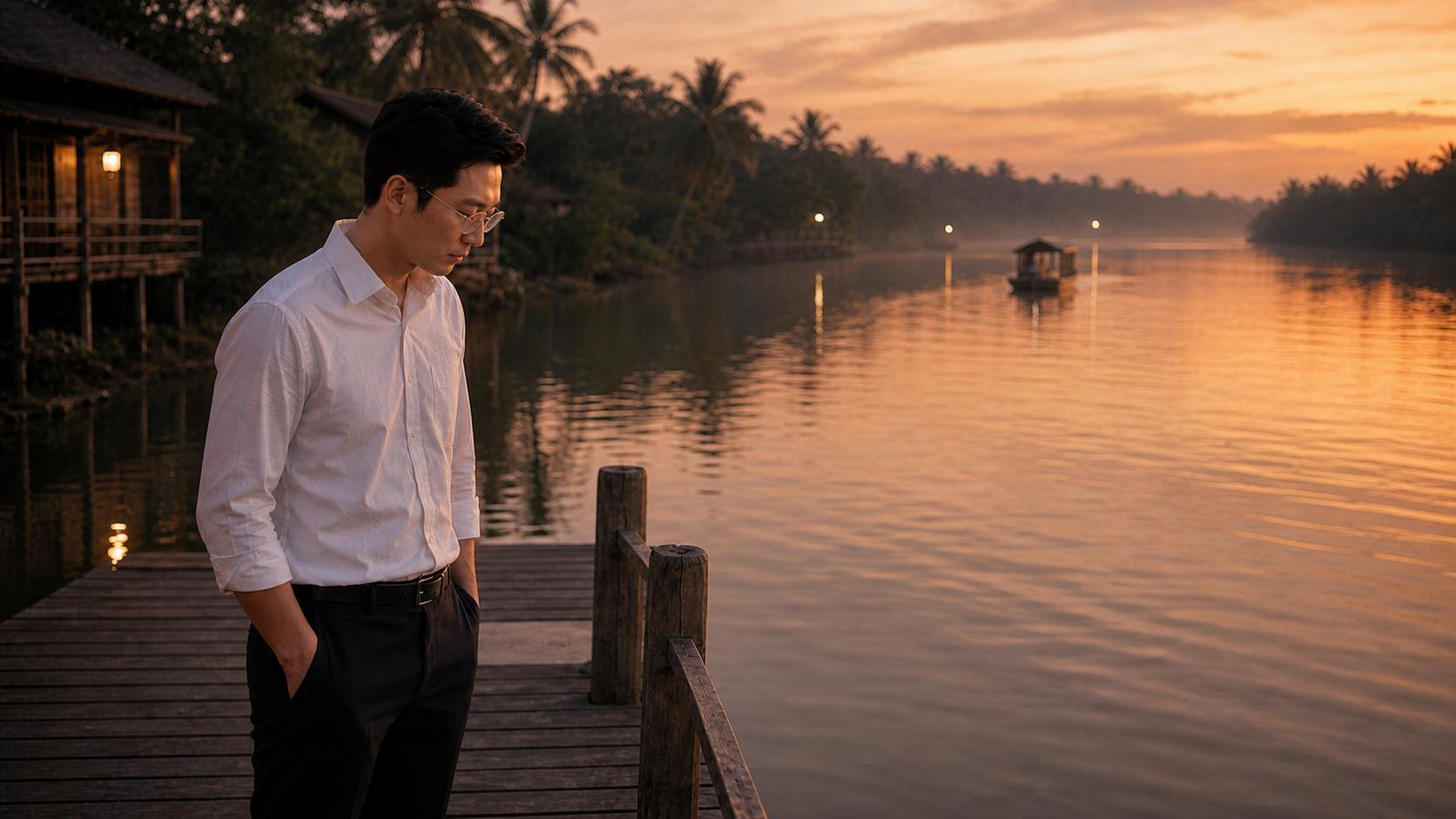 **C13_BEGIN – ĐÒ TÌNH LỠ CHUYẾN**
Create the next cinematic scene immediately following **C12_MP4_FINAL**.
Use the established **MASTER NAM and MASTER NỮ** characters with absolute visual continuity.
Preserve the exact same facial identity, age, hairstyle, body proportions, skin tone and established character appearance.
**The MASTER NAM MUST KEEP HIS GLASSES EXACTLY AS ESTABLISHED.**
### SCENE CONTINUATION
Immediately after the ferry has disappeared farther down the river, the riverside pier becomes quiet again.
The MAN remains standing alone on the wooden pier.
He watches the distant ferry slowly disappear into the warm evening haze.
The WOMAN is now only a small distant figure on the boat, gradually becoming less visible.
The MAN does not chase after her.
He stands completely still, quietly accepting that the moment has passed.
After a few seconds, he slowly lowers his gaze toward the empty river beside the pier.
His expression is deeply nostalgic and wounded, but restrained and dignified.
### EMOTIONAL DIRECTION
The feeling changes from the pain of separation in C12 to the **silence after separation**.
A feeling of:
lost love,
memories remaining,
an empty riverside,
and a man beginning to face life without the woman he loves.
No crying.
No dramatic gestures.
The emotion must come primarily from his eyes, posture and the empty space around him.
### COMPOSITION
Cinematic medium-wide shot.
The MAN is the main subject on the wooden pier.
The river occupies much of the background.
The distant ferry appears small and softly blurred in the background, moving farther away.
Leave generous negative space around the MAN to emphasize loneliness.
### LIGHTING
Continue naturally from C12.
Warm late-evening golden light gradually becoming softer and slightly darker.
Subtle orange reflections remain on the river.
Gentle atmospheric haze creates distance between the man and the departing boat.
### CAMERA
Slow cinematic composition, eye-level perspective.
Very subtle slow push-in toward the MAN.
Shallow depth of field with realistic environmental detail.
Natural Vietnamese cinematic music-video style.
Photorealistic, emotionally authentic, elegant, 4K cinematic quality, 16:9 widescreen.
### STRICT CONTINUITY
Exact same MASTER NAM.
Exact same MASTER NỮ when visible in the distance.
**Male glasses unchanged.**
No new clothing.
No changed hairstyle.
No face redesign.
No extra foreground characters.
No dramatic crying.
No subtitles.
No captions.
No text.
No logo.
No watermark.
**The image must feel like the immediate next emotional moment after C12_END_FINAL.**