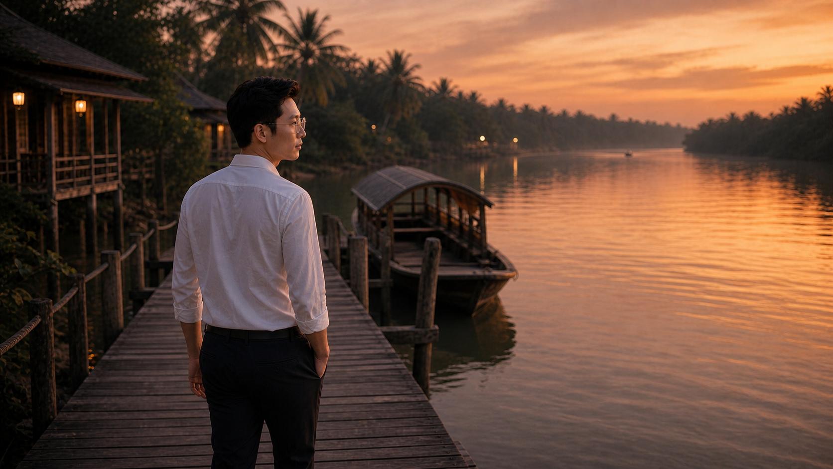 **C13_MIDDLE – ĐÒ TÌNH LỠ CHUYẾN**
Using **C13_BEGIN_FINAL as the exact visual continuity reference**, create the next cinematic frame.
Keep the **EXACT SAME MASTER MALE CHARACTER** from C13_BEGIN_FINAL.
Preserve his identical facial identity, age, hairstyle, body proportions, white shirt, black trousers, skin tone and overall appearance.
**THE MASTER MALE MUST KEEP HIS GLASSES EXACTLY UNCHANGED.**
### SCENE CONTINUATION
A short while later, the distant ferry has almost disappeared into the evening mist.
The MAN slowly leaves the wooden riverside pier.
He walks alone along a quiet narrow wooden path beside the river, moving away from the ferry landing.
After taking several slow steps, he gently turns his head and looks back toward the river one last time.
His face shows quiet sadness, nostalgia and acceptance.
He does not cry.
He does not call out.
He simply looks toward the distant river as if holding onto one final memory of the WOMAN.
### EMOTIONAL DIRECTION
The emotion should develop naturally from C13_BEGIN:
**C13_BEGIN:** standing still and watching her leave.
**C13_MIDDLE:** beginning to walk away, but unable to completely let go.
The feeling is:
“Người đã đi rồi…
nhưng kỷ niệm vẫn còn ở lại.”
Keep the acting subtle, mature and deeply emotional.
### ENVIRONMENT
Same riverside location as C13_BEGIN.
The wooden pier remains visible behind him.
The river stretches quietly into the distance.
The ferry is now extremely small and barely visible through the evening haze.
Palm trees and simple riverside wooden houses remain in the background.
Warm sunset light is gradually becoming softer and darker.
### COMPOSITION
Cinematic medium-wide shot.
The MAN is the main subject, positioned slightly toward the foreground.
Show enough of the river and the empty pier behind him to communicate that he has left the place where she departed.
His body faces forward along the path, while his head turns slightly back toward the river.
This creates a strong visual feeling of **moving forward while still looking back at the past**.
### CAMERA
Eye-level cinematic camera.
Natural perspective.
Very subtle slow tracking movement following the MAN.
Shallow depth of field.
Realistic environmental depth.
High-end Vietnamese romantic music-video cinematography.
Photorealistic, natural human proportions, authentic facial expression, elegant composition, 4K cinematic quality, 16:9 widescreen.
### LIGHTING
Continue the exact warm golden-hour atmosphere from C13_BEGIN.
Soft orange sunset light on the MAN's face and white shirt.
Gentle rim light around his hair and shoulders.
Subtle reflections on the river.
Slight evening haze in the distance.
### STRICT CONTINUITY
Exact same MASTER NAM.
Exact same face.
Exact same hairstyle.
Exact same white shirt.
Exact same black trousers.
**Exact same glasses.**
Same riverside environment.
Same time of day.
No new main characters.
No change of clothing.
No face redesign.
No exaggerated sadness.
No crying.
No subtitles.
No captions.
No text.
No logo.
No watermark.
No distorted hands.
No extra fingers.
**The final image must look like the immediate next moment after C13_BEGIN_FINAL.**