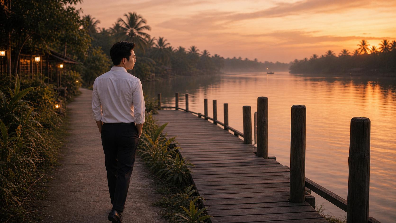 **C13_END – ĐÒ TÌNH LỠ CHUYẾN**
Using **C13_MIDDLE_FINAL as the exact visual continuity reference**, create the final cinematic frame of Scene C13.
Keep the **EXACT SAME MASTER MALE CHARACTER** from C13_BEGIN_FINAL and C13_MIDDLE_FINAL.
Preserve his identical facial identity, age, hairstyle, body proportions, white shirt, black trousers, skin tone and overall appearance.
**THE MASTER MALE MUST KEEP HIS GLASSES EXACTLY UNCHANGED.**
### SCENE CONTINUATION
The MAN has now walked farther away from the ferry landing.
He reaches the end of the wooden riverside walkway, where it connects to a quiet narrow path leading toward the village.
He stops for a brief moment.
He turns his face slightly toward the river for one final look.
The ferry is now almost completely gone in the distant evening haze.
After that final glance, he slowly turns forward and continues walking away from the river.
His posture is calm and dignified.
He carries the sadness with him, but he is beginning to accept that the past cannot be brought back.
### EMOTIONAL MEANING
This is the closing emotional statement of C13:
**The ferry has gone.
The love remains in his memory.
But life must continue.**
The scene should feel melancholic but also quietly hopeful.
Do not make him look devastated.
Do not make him cry.
The emotion should be subtle: a quiet sadness mixed with acceptance and the first small feeling of moving forward.
### COMPOSITION
Cinematic wide shot.
The MAN is shown walking away from the riverside.
The wooden pier and river remain visible behind him.
The distant ferry is barely visible or almost disappeared.
A narrow village path extends forward into the warm evening light.
Use the path as a natural visual leading line, suggesting a new chapter in his life.
Leave generous negative space around the character.
### CAMERA
Wide cinematic rear three-quarter view.
The MAN is seen from behind and slightly from the side so that his face and glasses remain subtly recognizable.
Slow, natural cinematic perspective.
No dramatic camera movement.
No sudden zoom.
No camera shake.
High-end Vietnamese romantic music-video cinematography.
Photorealistic, natural human anatomy, realistic environment, elegant composition, emotional storytelling, 4K cinematic quality, 16:9 widescreen.
### LIGHTING
The final warm sunset light is fading gently into early evening.
Soft orange and golden light remains on the river.
The path ahead has a subtle warm glow.
Very gentle atmospheric haze.
Natural reflections on the water.
The lighting should suggest that one chapter is ending while another is beginning.
### STRICT CONTINUITY
Exact same MASTER NAM.
Exact same face.
Exact same hairstyle.
Exact same white shirt.
Exact same black trousers.
**Exact same glasses.**
Same riverside environment.
Same wooden pier.
Same evening atmosphere.
No MASTER FEMALE in the foreground.
No new main characters.
No clothing change.
No face redesign.
No exaggerated emotion.
No crying.
No subtitles.
No captions.
No text.
No logo.
No watermark.
No distorted hands.
No extra fingers.
**The final image must look like the immediate next moment after C13_MIDDLE_FINAL and provide a natural transition toward Scene C14.**