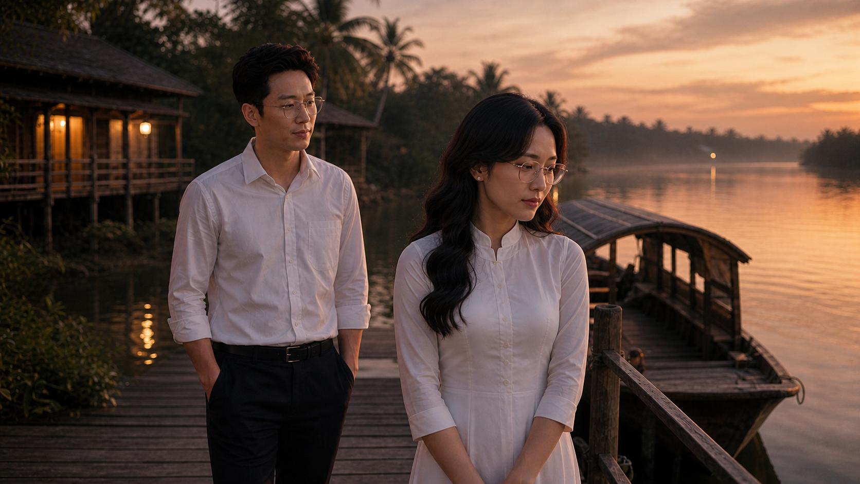 **C14_MIDDLE — “KHOẢNG CÁCH CỦA HAI NGƯỜI”**
Create the cinematic MIDDLE frame continuing DIRECTLY from the approved C14_BEGIN image.
Use the exact same **MASTER NAM** and **MASTER NỮ** from C14_BEGIN. Preserve their facial identity, age, body proportions, hairstyle, clothing, glasses, accessories and overall appearance EXACTLY. Do not redesign either character.
**CONTINUITY:**
The same riverside wooden pier, traditional wooden boat, river, houses, palm trees and late-afternoon atmosphere remain unchanged. Maintain the same time of day and cinematic color mood.
**ACTION:**
The woman remains standing near the wooden railing, looking quietly toward the river. She slowly lowers her gaze slightly, her expression becoming more reflective and emotional.
The man has taken one or two slow steps closer, but still maintains respectful distance. He looks at her silently with restrained emotion, as if wanting to say something but unable to do so.
Neither character touches the other.
Their body language should communicate an old love, regret and words left unsaid.
**CAMERA:**
Move naturally from the C14_BEGIN wide composition into a slightly closer cinematic medium-wide shot. Keep BOTH characters clearly visible and recognizable. The woman remains in the foreground/right side, while the man is positioned behind/left, creating strong visual depth and emotional separation.
**EMOTION:**
Quiet longing, nostalgia, regret and unresolved love. Very subtle facial expressions. No exaggerated crying, no dramatic gestures, no theatrical acting.
**LIGHTING:**
Continue the same soft golden late-afternoon light. Natural skin tones, gentle highlights, realistic shadows and subtle cinematic depth.
**VISUAL STYLE:**
High-end Vietnamese sentimental music video, photorealistic, cinematic, elegant, realistic Vietnamese riverside atmosphere, natural human movement, realistic skin and fabric texture, shallow depth of field, 16:9 widescreen.
**STRICT CHARACTER LOCK:**
MASTER NAM and MASTER NỮ must remain exactly the same people as in C14_BEGIN. No face changes, no age changes, no hairstyle changes, no wardrobe changes, no removal or alteration of glasses, no body distortion.
**NEGATIVE:**
No new characters, no extra people, no fantasy elements, no modern city objects, no text, no subtitles, no logos, no watermark, no face morphing, no duplicate characters, no distorted hands or fingers.