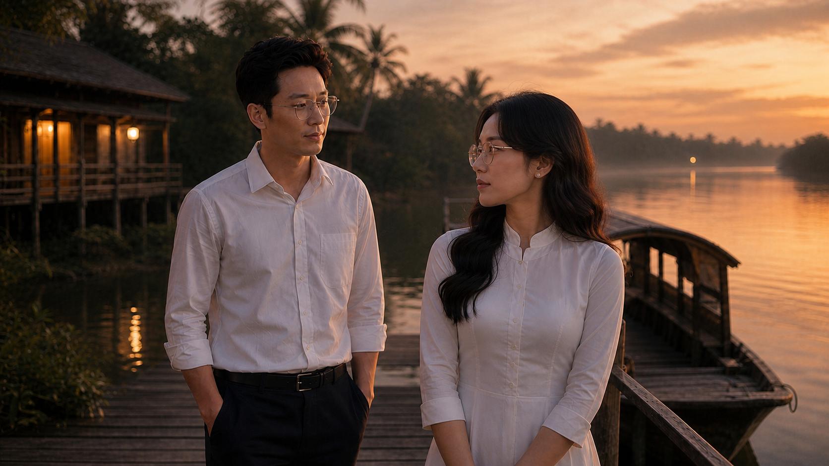 **C14_END — “ÁNH MẮT CUỐI CÙNG”**
Create the cinematic END frame continuing DIRECTLY from the approved C14_BEGIN and C14_MIDDLE images.
Use the exact same **MASTER NAM** and **MASTER NỮ**. Preserve their facial identity, age, body proportions, hairstyle, clothing, glasses, accessories and overall appearance EXACTLY. No redesign or character changes.
**SETTING & CONTINUITY:**
Same wooden riverside pier, same traditional wooden boat, same riverside houses, palm trees and same late-afternoon-to-sunset atmosphere. The scene must feel like the natural final moment of C14.
**ACTION:**
The woman slowly turns her head toward the man.
The man stands quietly a short distance behind her and looks directly at her.
Their eyes meet for a brief, deeply emotional moment.
Neither person touches the other. No embrace. No dramatic gesture.
The woman has a subtle, bittersweet expression — as though she understands that this love cannot return to what it once was.
The man looks at her with quiet regret and tenderness, as if there are many words he wants to say but cannot.
**EMOTIONAL MEANING:**
This is the emotional conclusion of the scene: two people who still have feelings for each other, but the moment has already passed.
The emotion must be restrained, mature and realistic. No exaggerated crying or theatrical expressions.
**CAMERA:**
A slightly closer cinematic medium shot than C14_MIDDLE.
Place the woman in the foreground/right and the man slightly behind/left. Both faces must remain clearly visible.
The river and traditional boat remain softly visible in the background, with the warm sunset reflected on the water.
**LIGHTING:**
Beautiful soft sunset glow, warm natural rim light around the characters' hair and shoulders, realistic skin tones, gentle shadows, cinematic depth and subtle atmospheric haze.
**VISUAL STYLE:**
High-end Vietnamese sentimental music video, photorealistic, cinematic, elegant, nostalgic, emotionally restrained, realistic Vietnamese riverside environment, natural skin texture, realistic fabric, shallow depth of field, 16:9 widescreen.
**STRICT CHARACTER LOCK:**
MASTER NAM and MASTER NỮ must be exactly the same characters as C14_BEGIN and C14_MIDDLE.
Do not change faces, age, hairstyle, body proportions, clothing or glasses.
**NEGATIVE:**
No new characters, no extra people, no kissing, no hugging, no touching, no modern city objects, no fantasy elements, no face morphing, no duplicate characters, no distorted hands or fingers, no text, no subtitles, no logos, no watermark.
