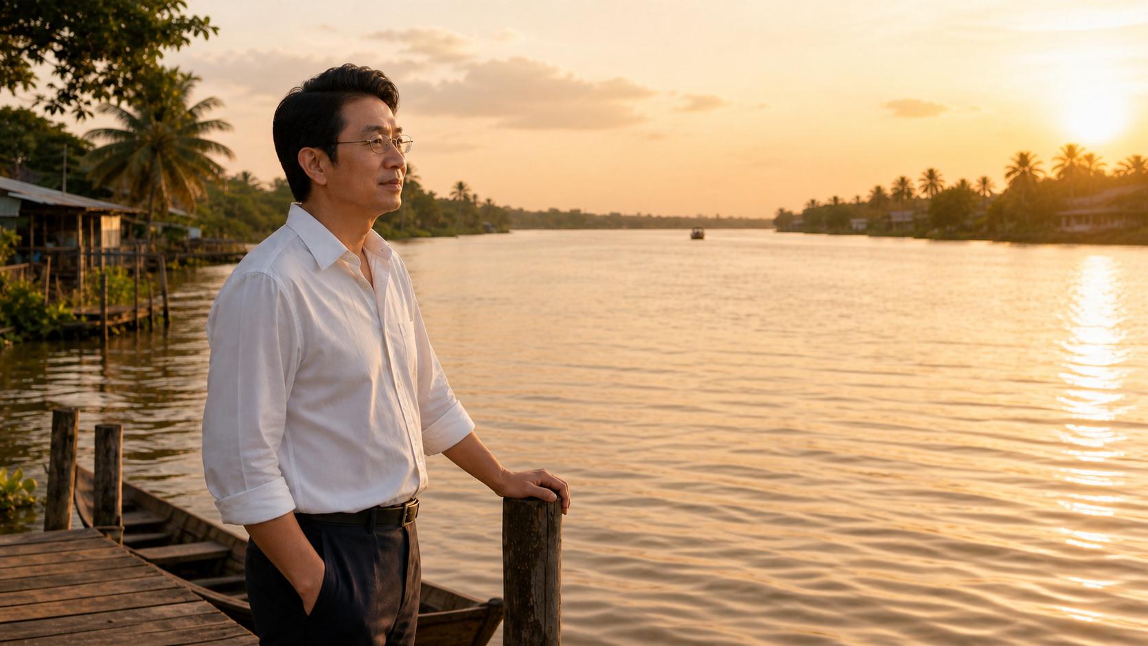 **C16_MIDDLE — “DÒNG SÔNG CÒN GIỮ NỖI NHỚ”**
Create the cinematic MIDDLE frame continuing DIRECTLY from the approved C16_BEGIN image.
### MASTER CHARACTER LOCK — ABSOLUTE
Use the exact same **MASTER NAM** from C16_BEGIN and all previous approved scenes.
Preserve exactly:
* facial identity
* age
* hairstyle
* body proportions
* white long-sleeve shirt
* black trousers
* glasses
* overall appearance
No redesign.
No beautification.
No aging.
No identity change.
The man's glasses must remain clearly visible and identical.
### STORY CONTINUITY
The woman remains completely absent from the present scene.
The man is still alone beside the river.
He has turned slightly more toward the water.
His right hand remains resting gently on the wooden post while his left hand stays naturally in his trouser pocket.
He looks across the river toward the distant horizon.
His expression becomes more reflective, as if memories of the woman are returning to him.
He does not cry.
He does not speak.
He does not move dramatically.
The feeling is that he is silently remembering everything that has just happened.
### EMOTIONAL DIRECTION
The emotion should deepen from C16_BEGIN:
**loneliness → remembrance → quiet longing.**
His eyes should show a subtle sadness and a distant, thoughtful gaze.
His face remains calm and dignified.
Do not exaggerate the emotion.
### COMPOSITION
Cinematic medium shot, slightly closer than C16_BEGIN.
The man occupies the left third of the frame.
His face is shown in a gentle three-quarter profile.
The wide river fills most of the right side.
The sunset reflection stretches across the water toward him.
The empty space beside him should remain clearly visible, emphasizing that he is alone.
The wooden boat remains partially visible below and behind him.
### CAMERA
A very subtle cinematic push-in compared with C16_BEGIN.
The camera slowly moves closer toward his face and upper body.
Movement must be smooth and almost imperceptible.
No sudden zoom.
No camera shake.
No dramatic angle change.
### ENVIRONMENT
Maintain the same Vietnamese riverside location and continuity.
Wooden pier.
Traditional wooden boat.
Riverside houses.
Palm trees.
Calm river.
Warm sunset.
Gentle water ripples.
Very soft evening breeze.
His shirt moves slightly in the breeze.
Natural reflections on the river.
### LIGHTING
Warm golden sunset light falls gently across the man's face and white shirt.
Subtle rim light around his hair and shoulders.
Natural skin tones.
Soft cinematic shadows.
No artificial glow.
### VISUAL STYLE
High-end Vietnamese sentimental music video.
Photorealistic.
Natural human proportions.
Natural facial expression.
Elegant and restrained.
Warm nostalgic cinematography.
Realistic skin texture.
Realistic fabric.
Realistic river reflections.
Subtle depth of field.
16:9 widescreen.
### STRICT NEGATIVE PROMPT
No MASTER NỮ.
No woman in the background.
No ghost.
No reflection of the woman.
No flashback image.
No dream effect.
No new characters.
No duplicate characters.
No face morphing.
No identity change.
No age change.
No hairstyle change.
No wardrobe change.
Do not remove or alter glasses.
No crying dramatically.
No tears streaming down the face.
No dialogue.
No lip-sync.
No dramatic gestures.
No distorted hands.
No distorted face.
No unnatural body proportions.
No fantasy effects.
No text.
No subtitles.
No logos.
No watermark.
### TARGET EMOTION
The man stands alone beside the river.
The woman is gone.
He looks across the flowing water, quietly remembering her.
The river continues moving toward the horizon while his heart remains suspended in the memory of their love.
This is the beginning of the transition from **separation** into **deep remembrance**.