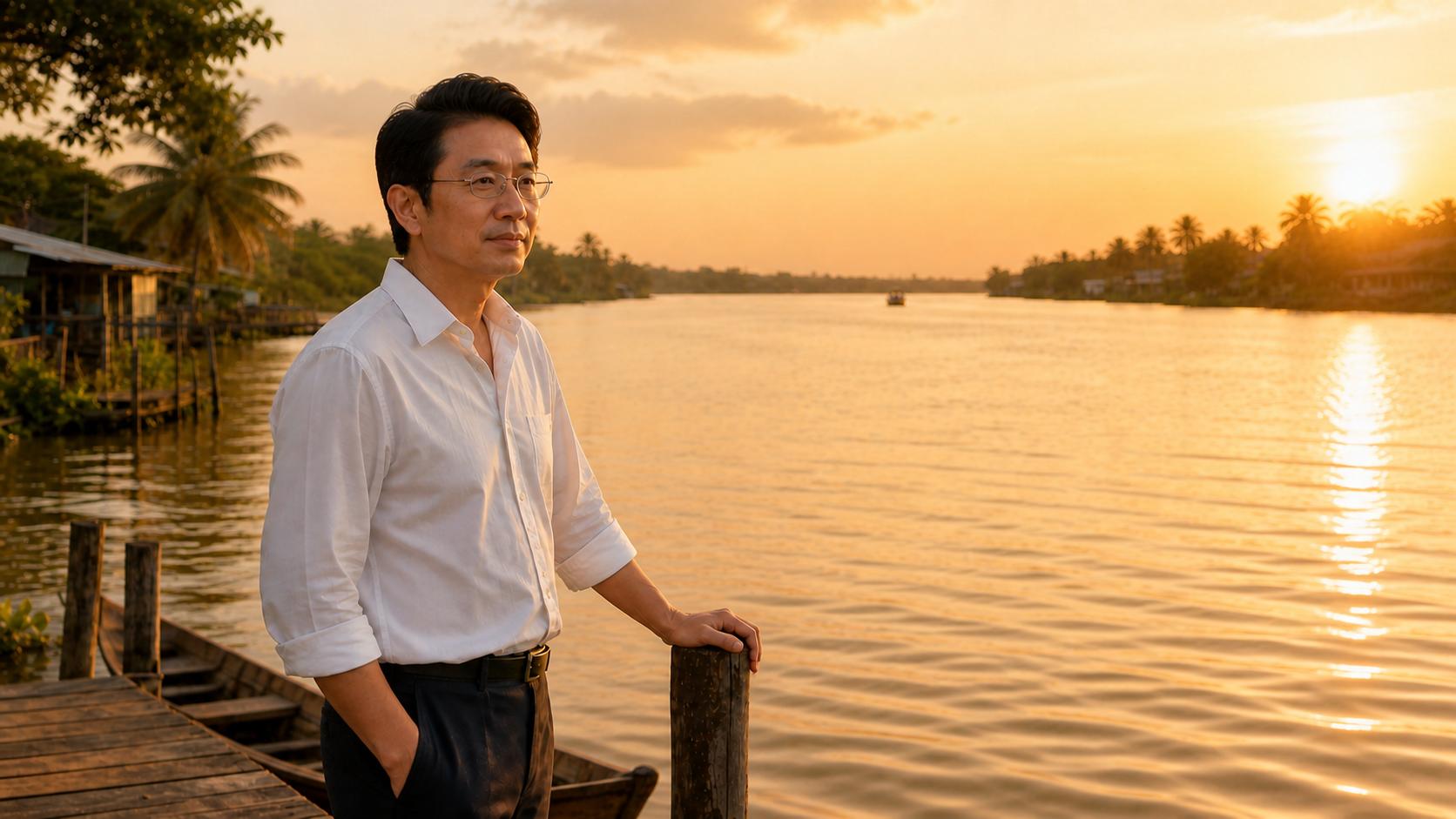 **C16_END — “NGƯỜI ĐI, NỖI NHỚ Ở LẠI”**
Create the cinematic END frame continuing DIRECTLY from the approved C16_BEGIN and C16_MIDDLE images.
### MASTER CHARACTER LOCK — ABSOLUTE
Use the exact same **MASTER NAM** from C16_BEGIN and C16_MIDDLE.
Preserve exactly:
* facial identity
* age
* hairstyle
* body proportions
* white long-sleeve shirt
* black trousers
* glasses
* overall appearance
The man's glasses must remain clearly visible and unchanged.
No redesign, no beautification, no aging, no identity alteration.
### STORY ACTION
The man remains alone beside the river.
He has not moved away from the wooden pier.
He continues looking toward the distant river and sunset.
His head turns only very slightly toward the camera, bringing his face into a gentle three-quarter view.
His eyes remain thoughtful and slightly sad.
His expression is calm, mature and accepting.
There is **no smile**.
There is no crying.
His expression should communicate:
**“Em đã đi rồi… nhưng kỷ niệm vẫn còn trong tôi.”**
His right hand remains gently resting on the wooden post.
His left hand remains naturally in his trouser pocket.
### EMOTIONAL DIRECTION
This is the emotional conclusion of C16.
The intense sadness of separation has softened into quiet remembrance.
He is no longer watching for her return.
He is simply accepting the reality and holding the memory inside his heart.
The emotion must be extremely subtle and realistic.
No melodrama.
No theatrical sadness.
### CAMERA
Cinematic close medium shot.
Slightly closer than C16_MIDDLE.
Frame the man's upper body and face clearly while keeping enough of the river and sunset visible behind him.
Use a very subtle cinematic push-in.
The final frame should feel intimate and contemplative.
No sudden zoom.
No camera shake.
No dramatic angle.
### COMPOSITION
Place the man slightly left of center.
The expansive river and glowing sunset occupy the right side.
The empty space beside him should remain visible.
The wooden boat and pier are softly visible in the lower/background area.
The empty river represents the person who has gone.
### LIGHTING
Soft golden sunset light gently illuminates his face.
Warm rim light around his hair and shoulders.
Natural skin tones.
Soft cinematic shadows.
Golden reflections moving across the river.
No artificial glow.
### ENVIRONMENT
Same Vietnamese riverside location as C16_BEGIN and C16_MIDDLE.
Same wooden pier.
Same traditional wooden boat.
Same riverside houses.
Same palm trees.
Same calm river.
Same evening atmosphere.
Very gentle breeze.
Subtle movement of his shirt and hair.
Natural water ripples.
### VISUAL STYLE
High-end Vietnamese sentimental music video.
Photorealistic.
Natural human proportions.
Natural facial expression.
Emotionally restrained.
Elegant cinematic photography.
Warm nostalgic sunset atmosphere.
Realistic skin texture.
Realistic fabric.
Realistic river reflections.
Subtle depth of field.
16:9 widescreen.
### STRICT NEGATIVE PROMPT
No MASTER NỮ.
No woman anywhere in the frame.
No ghost.
No reflection of the woman.
No flashback.
No dream effect.
No new characters.
No duplicate character.
No face morphing.
No identity changes.
No age changes.
No hairstyle changes.
No wardrobe changes.
Do not remove or alter glasses.
No smile.
No exaggerated crying.
No tears streaming down the face.
No dialogue.
No lip-sync.
No dramatic gestures.
No distorted hands.
No distorted face.
No unnatural body proportions.
No fantasy effects.
No text.
No subtitles.
No logos.
No watermark.
### TARGET EMOTION
The woman has gone.
The man no longer waits for her.
He quietly looks toward the sunset and accepts the separation.
The river continues flowing.
The sunset slowly fades.
**The person is gone, but the love remains as a memory.**