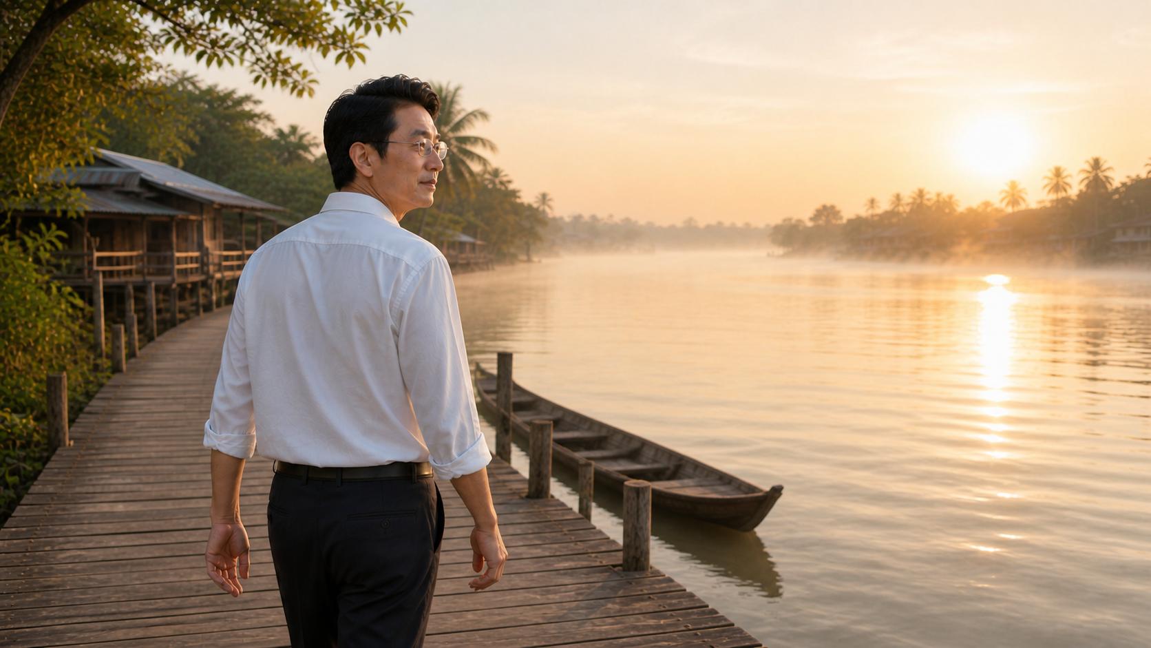 **C17_MIDDLE — “MANG THEO MỘT NỖI NHỚ”**
Create the cinematic MIDDLE frame continuing DIRECTLY from the approved C17_BEGIN image.
### MASTER NAM — ABSOLUTE CHARACTER LOCK
Use the exact **MASTER NAM** from C17_BEGIN and all previous approved scenes.
Preserve exactly:
* facial identity
* age
* hairstyle
* body proportions
* white long-sleeve shirt
* black trousers
* glasses
* overall appearance
The man's glasses must remain clearly visible and unchanged.
No redesign.
No beautification.
No aging.
No identity alteration.
### STORY ACTION
The man has continued walking farther along the wooden riverside pier.
He is now several steps away from the position shown in C17_BEGIN.
His body is moving forward, but he briefly turns his head slightly toward the river.
His expression is thoughtful and quietly emotional.
He is not looking for the woman.
He knows she is gone.
He is simply carrying the memory of her with him.
After this brief glance, his body remains oriented toward the path ahead.
### EMOTIONAL DIRECTION
The emotional progression is:
**C16 — remembering → C17_BEGIN — deciding to leave → C17_MIDDLE — learning to move forward.**
His expression should show quiet acceptance with a trace of sadness.
No smile.
No crying.
No dramatic sadness.
The feeling should be mature, restrained and deeply human.
### COMPOSITION
Cinematic medium shot.
Show the man from approximately the waist up to three-quarter body.
Position him slightly left of center.
The wooden pier extends behind and ahead of him.
The river remains visible on the right.
The traditional wooden boat is now farther behind him, reinforcing that he is leaving the old place behind.
The morning mist remains visible over the river.
The brighter morning horizon occupies the background.
### CAMERA
Camera moves gently from a rear three-quarter position toward a side/front three-quarter position.
The movement should reveal more of his recognizable face while he continues walking.
Very smooth cinematic tracking.
No sudden camera movement.
No zoom.
No camera shake.
### ENVIRONMENT
Same Vietnamese riverside village as C17_BEGIN.
Wooden houses.
Wooden pier.
Traditional wooden boat.
Palm trees.
Calm river.
Soft morning mist.
Gentle breeze.
Natural movement of his shirt and hair.
Subtle water ripples.
### LIGHTING
Soft early-morning sunlight.
Warm but slightly brighter than C16.
Natural golden highlights on his face and white shirt.
Soft atmospheric haze.
Realistic skin tones.
Natural shadows.
The lighting should subtly suggest hope without becoming cheerful.
### VISUAL STYLE
High-end Vietnamese sentimental music video.
Photorealistic.
Natural human proportions.
Natural walking posture.
Natural facial expression.
Realistic skin texture.
Realistic clothing and hair movement.
Elegant cinematic composition.
Nostalgic but quietly hopeful.
Subtle depth of field.
16:9 widescreen.
### STRICT NEGATIVE PROMPT
No MASTER NỮ.
No woman anywhere in the scene.
No ghost.
No female reflection.
No flashback.
No dream effect.
No new characters.
No duplicate characters.
No face morphing.
No identity changes.
No age changes.
No hairstyle changes.
No wardrobe changes.
Do not remove or alter glasses.
No smile.
No crying dramatically.
No tears streaming down the face.
No dialogue.
No lip-sync.
No running.
No dramatic gestures.
No distorted hands.
No distorted feet.
No unnatural body proportions.
No fantasy effects.
No text.
No subtitles.
No logos.
No watermark.
### TARGET EMOTION
The man is walking away from the riverside.
He briefly looks toward the river one last time.
Then he continues forward.
He has not forgotten her.
He has simply decided that he must keep walking.
**The past remains behind him. The road ahead is waiting.**