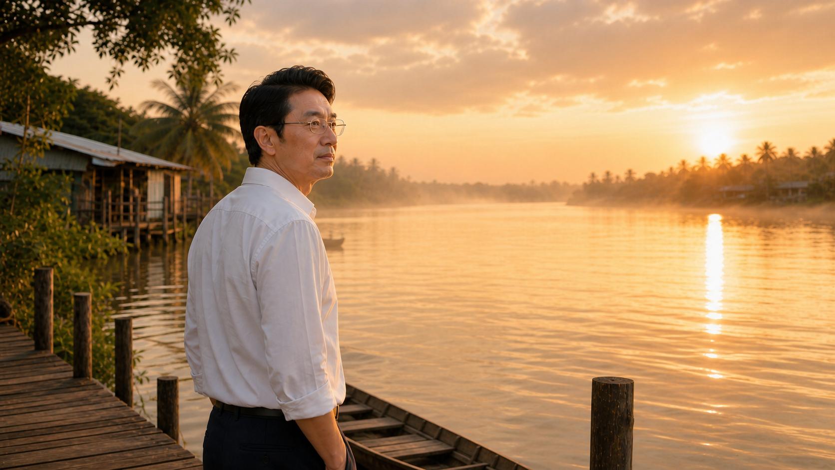 **PROMPT C18_MIDDLE – ĐÒ TÌNH LỠ CHUYẾN**
Use the uploaded **C18_BEGIN image as the exact visual continuity reference**.
Create the next cinematic moment of the same scene.
Keep **MASTER NAM exactly consistent** with C18_BEGIN: same face, same hairstyle, same black-rimmed glasses, same white long-sleeve shirt with sleeves rolled slightly above the wrists, same black trousers, same black shoes, same body proportions and age appearance. **Do not redesign or alter the character.**
The man is now standing quietly at the end of the wooden riverside pier, still looking across the wide river toward the glowing sunset. His body remains in a natural three-quarter side profile.
Camera moves slightly closer into a **medium cinematic shot**, capturing his face and upper body while keeping enough of the river and sunset visible behind him.
His expression becomes more emotional and reflective — quiet sadness, longing, and the feeling of remembering a woman he once loved deeply. His eyes appear slightly moist but he does not cry. His face remains restrained and dignified.
A very subtle sense of memory begins to emerge: **soft atmospheric light and gentle mist over the distant river**, almost dreamlike, but the scene must still remain realistic. Do not show the woman yet.
The small wooden boat remains tied beside the pier, partially visible in the lower frame. Tropical riverside houses, palm trees, calm water and warm sunset remain consistent with C18_BEGIN.
**Camera / composition:** medium shot, three-quarter profile, man positioned on the left third, expansive glowing river and sunset filling the background, cinematic depth of field, gentle natural perspective.
**Lighting:** warm golden-hour backlight, soft rim light around his hair and shoulders, natural reflections on the water, subtle atmospheric haze.
**Mood:** nostalgic, lonely, romantic, deeply emotional, restrained, poetic, as if an old memory is slowly returning.
**Visual style:** ultra-realistic cinematic Vietnamese music video, authentic Southern Vietnam riverside atmosphere, natural skin texture, realistic clothing and environment, premium film cinematography, soft filmic contrast, 16:9 widescreen.
**STRICT CONTINUITY RULES:**
* Same MASTER NAM from C18_BEGIN.
* Same glasses, hairstyle, face and clothing.
* Same riverside pier and wooden boat.
* Same golden-hour lighting and color palette.
* No new characters.
* **Do not show the woman yet.**
* No text, subtitles, logos or artificial visual effects.
* No dramatic crying.
* Preserve the realistic cinematic quality of C18_BEGIN.