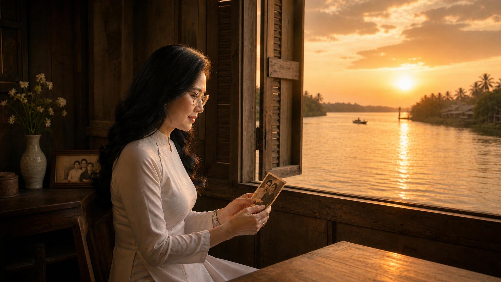 C19_BEGIN – ĐÒ TÌNH LỠ CHUYẾN
Use the approved C18_END image as the emotional and visual continuity reference, while returning to MASTER NỮ as the main subject.
Keep MASTER NỮ exactly consistent with the established MASTER NỮ character throughout the MV: same Vietnamese woman, same face, same long black hair, same glasses, same mature appearance, same natural body proportions and elegant gentle presence. Do not redesign or change her identity.
Create a quiet cinematic scene inside a simple traditional Vietnamese riverside wooden house at sunset.
MASTER NỮ sits alone beside an open wooden window overlooking the same river from earlier scenes. She is wearing simple, elegant traditional Vietnamese clothing in a soft light tone, consistent with her established character styling.
She holds a small old photograph of herself and MASTER NAM gently in both hands, looking down at it silently.
Her expression is deeply emotional but restrained: longing, loneliness, tenderness and quiet sadness. Her eyes appear slightly moist, as though she is asking herself:
“Anh có bao giờ anh nhớ tôi?”
She does not cry dramatically. No tears streaming down her face. Her emotion should be communicated mainly through her eyes, breathing and stillness.
Outside the window, the same river from C18 is visible in the warm late-sunset light. A small wooden boat is moving slowly in the far distance.
The room is simple and authentic: aged wooden walls, wooden window frame, a small table, subtle family objects, natural Vietnamese countryside atmosphere.
CAMERA:
Medium-wide cinematic shot from slightly behind and to the side of MASTER NỮ, showing her profile, the photograph in her hands, the open window and the river beyond.
The composition should visually connect her with the distant river and the boat, suggesting that her thoughts are traveling toward MASTER NAM.
LIGHTING:
Soft golden sunset entering through the window, gentle warm light on one side of her face, natural shadows inside the wooden house, realistic atmospheric haze.
MOOD:
Deep nostalgia, loneliness, longing, quiet heartbreak, mature love, restrained sorrow.
VISUAL STYLE:
Ultra-realistic cinematic Vietnamese music video, authentic Southern Vietnamese countryside, natural skin texture, realistic wood and fabric textures, subtle filmic atmosphere, shallow depth of field, elegant composition, premium cinematic cinematography, 16:9 widescreen.
STRICT CONTINUITY:
- Same MASTER NỮ face and identity.
- Same glasses and hairstyle.
- Same mature appearance.
- No MASTER NAM physically present.
- No additional characters.
- Same river world and visual language as C18.
- No text, subtitles or logos.
- No exaggerated crying.
- No fantasy effects.
- No face distortion.
- No change of age or body proportions.
- Keep movement extremely subtle and natural.
