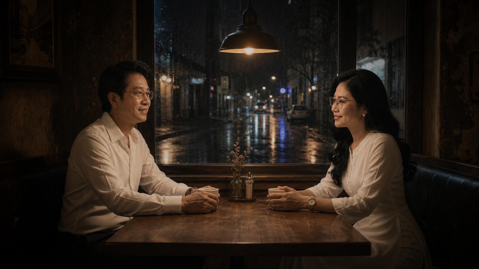 Giữ chính xác đường nét khuôn mặt, đeo kính của  2  nhân vật vietnamese  nam và nữ  ĐỘ TUỔI 40S   trong ảnh tham chiếu. [Panel 3] A wide shot storyboard panel. The man and the woman sitting opposite each other inside the dark, nostalgic vintage diner. A single dim lamp hangs above them, creating a warm pool of light amid the surrounding shadows. Outside the window, a lonely, rainy city street at midnight. Highly cinematic, somber and poetic atmosphere, 8k resolution.
